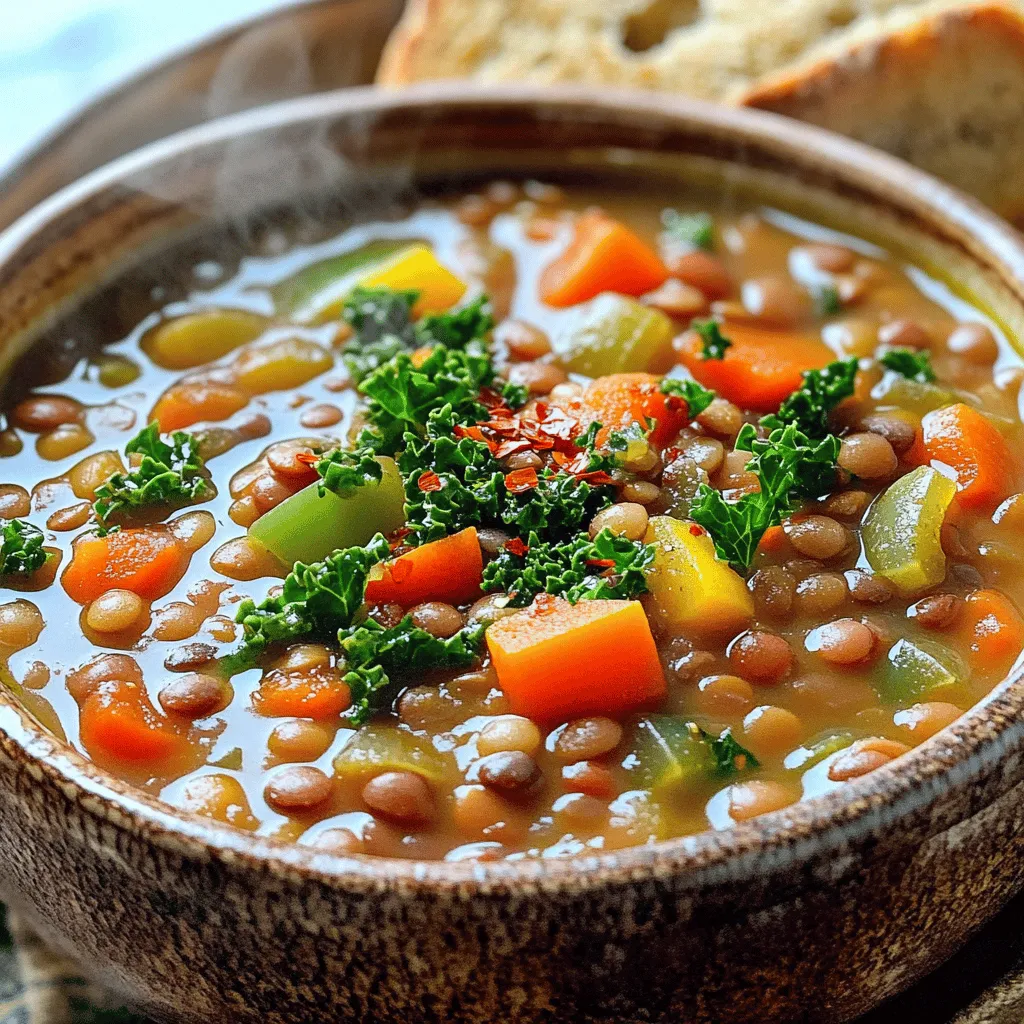 For this tasty vegan lentil soup, gather the following ingredients: - 1 cup green or brown lentils, thoroughly rinsed - 1 tablespoon extra virgin olive oil - 1 medium onion, finely diced - 2 cloves garlic, minced to a paste - 2 medium carrots, small diced - 2 celery stalks, small diced - 1 bell pepper (red or yellow), small diced - 1 can (14 oz) diced tomatoes, with their juices - 4 cups vegetable broth, preferably low sodium - 1 teaspoon ground cumin - 1 teaspoon smoked paprika - ½ teaspoon dried thyme - Salt and freshly ground black pepper, to taste - 2 cups fresh kale, stems removed and chopped (optional) - 2 tablespoons freshly squeezed lemon juice Using fresh ingredients greatly improves the taste of your soup. Fresh veggies like onions, garlic, and bell peppers pack flavor and nutrients. They also add texture, making each bite enjoyable. Dried herbs and spices, like thyme and cumin, boost the flavor too. They offer a strong taste that fresh ones may not. I recommend using fresh vegetables for this recipe, but dried herbs are an excellent choice if you run low. You can adjust this recipe to fit your taste. If you want a spicier kick, add more black pepper or chili flakes. For a richer flavor, use vegetable broth with herbs. If you don’t have kale, spinach works well instead. You can swap the lentils for chickpeas or beans if you prefer. Just remember that cooking time may vary. Each ingredient plays a role in the soup, so feel free to experiment while keeping the core recipe. For the full recipe, check out the details above! Start by gathering all your veggies. Chop one medium onion finely. Mince two cloves of garlic into a paste. Dice two medium carrots and two celery stalks into small pieces. Finally, chop one bell pepper, either red or yellow. This mix gives your soup great flavor and color. In a large pot, heat one tablespoon of olive oil over medium heat. Once it shimmers, add the diced onion. Sauté for about five minutes until it turns translucent. Then, add the minced garlic and cook for one more minute. Next, add your diced carrots, celery, and bell pepper. Stir them for about five minutes until they soften. This step helps blend the flavors. After that, add one cup of rinsed lentils, one can of diced tomatoes with juices, and four cups of vegetable broth. Sprinkle in one teaspoon of ground cumin, one teaspoon of smoked paprika, and half a teaspoon of dried thyme. Stir everything well to combine. Raise the heat and bring the soup to a boil. Once boiling, lower the heat to a gentle simmer. Cover the pot and let it cook for 30-35 minutes. You want the lentils to be tender but hold their shape. If you want to add two cups of kale, fold it in during the last five minutes. This adds nutrition and a pop of color. After cooking, taste the soup. Add salt and black pepper to your liking. Just before serving, stir in two tablespoons of freshly squeezed lemon juice for a zesty kick. For the full recipe, check out the details above. Enjoy ladling this hearty soup into bowls and savoring every warm spoonful! To boost the taste of your vegan lentil soup, use fresh herbs. Basil, thyme, and parsley add depth. You can also try adding a splash of soy sauce or tamari for umami. A squeeze of lemon juice brightens the soup, making it taste fresh. Finally, don't skip the smoked paprika; it gives a warm, rich flavor. One common mistake is overcooking the lentils. They should be tender but still hold their shape. If you cook them too long, they become mushy. Also, avoid skipping the sautéing step. Cooking the onions and garlic first builds a strong flavor base. Lastly, make sure to taste and adjust the seasoning. Salt can bring the flavors together, so add it gradually. If you have leftovers, store them in an airtight container. They stay good in the fridge for about five days. You can also freeze the soup for up to three months. When reheating, add a splash of water or broth to loosen it up. If you want to mix it up, add cooked grains or fresh greens when reheating. This keeps the soup exciting and nutritious. For the full recipe, check out the section above. {{image_4}} To make this vegan lentil soup gluten-free, you need to check all ingredients. Lentils are naturally gluten-free. Use gluten-free vegetable broth. Make sure any canned tomatoes have no gluten additives. This soup is already a great option for those avoiding gluten. Lentils are packed with protein, but you can add more. Tofu is a great choice. Just cube it and add with the lentils. Cooked quinoa works well too. Stir it in during the last few minutes of cooking. You can also try chickpeas for a different texture. They add a nice bite to your soup. Herbs and spices change the flavor of your soup. Try adding fresh basil or parsley for a bright touch. A bay leaf can add depth. If you like heat, add red pepper flakes. For a smoky taste, use more smoked paprika. These little changes can make your soup exciting. You can also use fresh ginger for a warm, spicy kick. To store your leftover soup, let it cool first. Pour it into an airtight container. Make sure to leave some space at the top. This allows the soup to expand if it freezes. Seal the container tightly. Label it with the date. Store it in the fridge if you plan to eat it within a few days. For longer storage, move it to the freezer. When you're ready to enjoy the soup again, take it out of the fridge or freezer. If frozen, let it thaw in the fridge overnight. To reheat, pour the soup into a pot. Heat it over medium heat until it's hot. Stir often to avoid sticking. You can also use a microwave. Place the soup in a microwave-safe bowl. Heat it in short bursts, stirring in between. This helps it heat evenly. Freezing is a great option if you want to save some soup for later. Make sure to use freezer-safe containers. You can also use freezer bags. Pour the soup into the bags, and flatten them. This saves space in your freezer. When you're ready to eat it, thaw it in the fridge. You can freeze the soup for up to three months. Enjoy the taste of your Vegan Lentil Soup anytime with these simple steps! Vegan lentil soup can last about 5 to 7 days in the fridge. To keep it fresh, store it in an airtight container. I always let the soup cool down before sealing it. It helps maintain the taste and texture. When you want to eat it again, just reheat it on the stove or in the microwave. Yes, you can use other types of lentils. Green, brown, or red lentils work well. Each type has a slightly different cooking time. For example, red lentils cook faster and become softer. If you choose red lentils, check them often to avoid mushiness. Green and brown lentils hold their shape better, adding texture to your soup. Vegan lentil soup pairs nicely with many foods. I love serving it with crusty bread for dipping. A fresh salad on the side adds a nice crunch. You can also enjoy it with some rice or quinoa for extra carbs. For a fun twist, try topping it with avocado or fresh herbs. Each option enhances the meal! For the full recipe, don’t forget to check out the complete guide. This blog post covered how to make a tasty vegan lentil soup. We explored ingredients, cooking steps, and tips for flavor. You learned how to avoid common mistakes and make great variations. Remember to store your soup properly to keep it fresh. With this knowledge, you can create a satisfying meal. Enjoy experimenting with flavors and ingredients to make it your own. Your kitchen adventures await!
