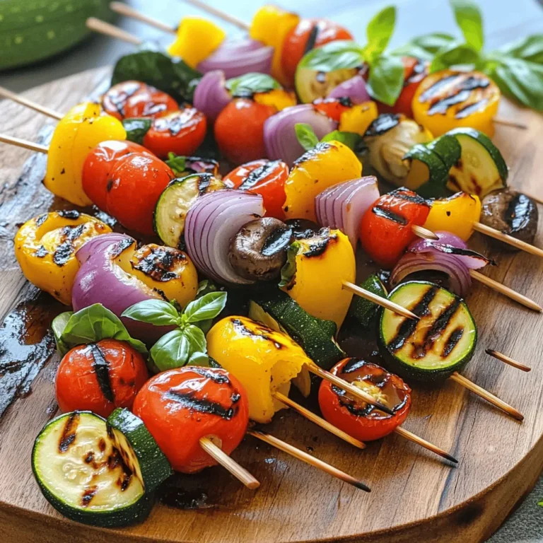 To make grilled vegetable skewers, gather these fresh ingredients: - 1 medium zucchini, sliced into thick, round discs - 1 red bell pepper, cut into chunky squares - 1 yellow bell pepper, cut into chunky squares - 1 red onion, cut into large wedges - 8 juicy cherry tomatoes, whole - 1 cup fresh mushrooms, halved - 2 tablespoons extra virgin olive oil - 1 tablespoon aged balsamic vinegar - 2 teaspoons garlic powder - 1 teaspoon dried oregano - Sea salt and freshly cracked black pepper to taste When choosing vegetables, look for these signs of freshness: - Color: Choose bright and vibrant colors. Dull veggies may be old. - Firmness: Gently squeeze the vegetables. They should feel firm, not soft. - Smell: Fresh veggies will have a pleasant scent. Avoid any with a bad odor. - Seasonality: Buy veggies that are in season for the best flavor. While the basic marinade is delicious, you can try these options: - Lemon juice for a zesty kick. - Fresh herbs like thyme or rosemary for extra flavor. - Spicy chili flakes if you like heat. - Soy sauce or teriyaki sauce for an Asian twist. Feel free to explore these ideas and make the recipe your own! For the complete recipe, check the [Full Recipe]. First, set your grill to medium-high heat. This gets your grill hot, which is key for great grilling. If you use charcoal, wait until the coals turn white. For gas grills, let it heat for about 10-15 minutes. A hot grill creates a nice char on your veggies, locking in flavors. Next, let’s make the marinade. In a big bowl, pour in 2 tablespoons of olive oil. Then, add 1 tablespoon of balsamic vinegar. Sprinkle in 2 teaspoons of garlic powder and 1 teaspoon of dried oregano. Season with sea salt and black pepper. Whisk this mix until it looks smooth. Each flavor will work together, giving your veggies a tasty boost. Now onto the fun part: assembling the skewers! Take your prepared veggies and add them to the skewers. I like to mix them up for a colorful look. Start with zucchini, then add bell peppers, onion, mushrooms, and cherry tomatoes. Alternate them for a nice mix. This not only looks great but also offers different tastes in each bite. Once your skewers are ready, they are almost set for the grill. Make sure to check the Full Recipe for any extra tips! To get that perfect char on your grilled vegetable skewers, heat is key. Start with a hot grill. Preheat it to medium-high. This ensures your veggies cook quickly and evenly. Use soaked wooden skewers or metal ones. Soaking prevents burning and sticking. Place the skewers at a slight angle on the grill. This allows for better contact and even heat distribution. Turn them every few minutes to get that nice grill mark all around. Many home cooks make simple mistakes. One mistake is overcrowding the skewers. Leave space between each piece for proper airflow. This helps cook the veggies evenly and prevents steaming. Another common issue is not marinating long enough. Let your veggies soak in the marinade for at least 15 minutes. This allows the flavors to infuse into each piece. Finally, don’t rush the cooking time. Grilling takes patience. If you take them off too soon, your veggies may be undercooked. Aim for 10-12 minutes of cooking time, turning often. Grilled vegetable skewers shine when paired with great sides. Serve them with a fresh salad or a light grain like quinoa. You can also add dips for extra flavor. Try a tangy tzatziki sauce or a creamy hummus. Both pair well with the charred flavors of the veggies. For a twist, drizzle a bit of extra balsamic vinegar over the skewers before serving. For the full recipe, check out the complete guide to grilled vegetable skewers. Enjoy your cooking journey! {{image_4}} You can mix up your grilled vegetable skewers using many veggies. Try adding asparagus for a nice crunch. Eggplant can bring a rich flavor. If you love spicy food, jalapeños add heat. You can even use pineapple for a sweet twist! Marinades can change the flavor of your skewers. If you want something zesty, use lime juice and cumin. A soy sauce and ginger mix gives an Asian flair. For a smoky taste, try adding some smoked paprika to your olive oil. Each marinade gives a unique twist! Grilled vegetable skewers are great for everyone. They are naturally vegan and gluten-free. Make sure to use gluten-free soy sauce if you choose that marinade. You can also add tofu or tempeh for a protein boost. These options make the skewers hearty and filling! For the full recipe, check out the vibrant grilled vegetable skewers! After enjoying your grilled vegetable skewers, store any leftovers properly. First, let the skewers cool down to room temperature. Then, place them in an airtight container. This keeps them fresh and prevents any odors from mixing. You can store them in the fridge for up to three days. To enjoy your leftovers, reheating is key. Start by removing the skewers from the fridge. Preheat your grill or oven to medium heat. Place the skewers on the grill or a baking sheet in the oven. Heat for about 5-7 minutes, turning halfway. This will help restore their flavor and texture. You can also microwave them for 1-2 minutes, but this might make them a bit soggy. If you want to save your skewers for later, freezing is a great option. First, cool the skewers completely. Then, wrap each skewer in plastic wrap or aluminum foil. Place the wrapped skewers in a freezer-safe bag or container. You can freeze them for up to three months. When ready to eat, thaw them in the fridge overnight. Reheat as mentioned earlier for the best taste. You should grill vegetable skewers for about 10-12 minutes. Start with a hot grill. Turn the skewers every few minutes. This helps them cook evenly and get nice grill marks. Keep an eye on them. You want the veggies to be tender but still firm. I do not recommend using frozen vegetables for grilling. Frozen veggies can become mushy when cooked. Fresh vegetables hold their shape and flavor better. If you only have frozen options, thaw them first. Pat them dry to remove excess moisture before grilling. Uneven cooking often happens due to size differences. Cut your vegetables into similar sizes for even cooking. If some pieces are too large, they will take longer to grill. Also, make sure you turn the skewers regularly. This ensures all sides get the same heat. If you follow these tips, you will achieve perfectly grilled veggies every time! For a full recipe, check out the [Full Recipe]. Grilled vegetable skewers are tasty and easy to make. We covered ingredients, tips for fresh veggies, and marinades. You learned step-by-step grilling instructions and best techniques to avoid mistakes. We also discussed ways to mix it up with different vegetables and marinades. Finally, I shared how to store leftovers and reheat them well. Enjoy your skewers and have fun with your grilling adventures! Make your meals fresh and flavorful. Keep trying new things, and you'll surely impress everyone with your skills.