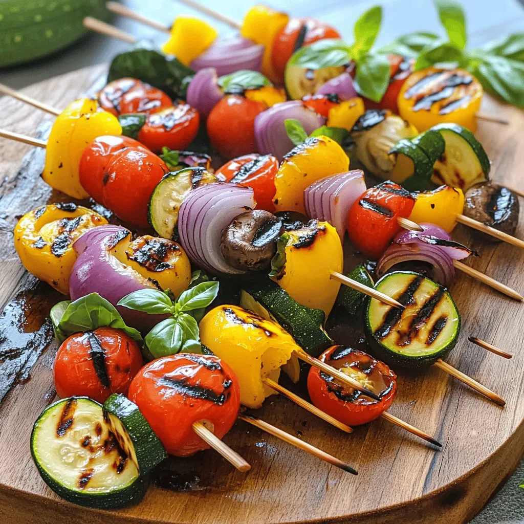To make grilled vegetable skewers, gather these fresh ingredients: - 1 medium zucchini, sliced into thick, round discs - 1 red bell pepper, cut into chunky squares - 1 yellow bell pepper, cut into chunky squares - 1 red onion, cut into large wedges - 8 juicy cherry tomatoes, whole - 1 cup fresh mushrooms, halved - 2 tablespoons extra virgin olive oil - 1 tablespoon aged balsamic vinegar - 2 teaspoons garlic powder - 1 teaspoon dried oregano - Sea salt and freshly cracked black pepper to taste When choosing vegetables, look for these signs of freshness: - Color: Choose bright and vibrant colors. Dull veggies may be old. - Firmness: Gently squeeze the vegetables. They should feel firm, not soft. - Smell: Fresh veggies will have a pleasant scent. Avoid any with a bad odor. - Seasonality: Buy veggies that are in season for the best flavor. While the basic marinade is delicious, you can try these options: - Lemon juice for a zesty kick. - Fresh herbs like thyme or rosemary for extra flavor. - Spicy chili flakes if you like heat. - Soy sauce or teriyaki sauce for an Asian twist. Feel free to explore these ideas and make the recipe your own! For the complete recipe, check the [Full Recipe]. First, set your grill to medium-high heat. This gets your grill hot, which is key for great grilling. If you use charcoal, wait until the coals turn white. For gas grills, let it heat for about 10-15 minutes. A hot grill creates a nice char on your veggies, locking in flavors. Next, let’s make the marinade. In a big bowl, pour in 2 tablespoons of olive oil. Then, add 1 tablespoon of balsamic vinegar. Sprinkle in 2 teaspoons of garlic powder and 1 teaspoon of dried oregano. Season with sea salt and black pepper. Whisk this mix until it looks smooth. Each flavor will work together, giving your veggies a tasty boost. Now onto the fun part: assembling the skewers! Take your prepared veggies and add them to the skewers. I like to mix them up for a colorful look. Start with zucchini, then add bell peppers, onion, mushrooms, and cherry tomatoes. Alternate them for a nice mix. This not only looks great but also offers different tastes in each bite. Once your skewers are ready, they are almost set for the grill. Make sure to check the Full Recipe for any extra tips! To get that perfect char on your grilled vegetable skewers, heat is key. Start with a hot grill. Preheat it to medium-high. This ensures your veggies cook quickly and evenly. Use soaked wooden skewers or metal ones. Soaking prevents burning and sticking. Place the skewers at a slight angle on the grill. This allows for better contact and even heat distribution. Turn them every few minutes to get that nice grill mark all around. Many home cooks make simple mistakes. One mistake is overcrowding the skewers. Leave space between each piece for proper airflow. This helps cook the veggies evenly and prevents steaming. Another common issue is not marinating long enough. Let your veggies soak in the marinade for at least 15 minutes. This allows the flavors to infuse into each piece. Finally, don’t rush the cooking time. Grilling takes patience. If you take them off too soon, your veggies may be undercooked. Aim for 10-12 minutes of cooking time, turning often. Grilled vegetable skewers shine when paired with great sides. Serve them with a fresh salad or a light grain like quinoa. You can also add dips for extra flavor. Try a tangy tzatziki sauce or a creamy hummus. Both pair well with the charred flavors of the veggies. For a twist, drizzle a bit of extra balsamic vinegar over the skewers before serving. For the full recipe, check out the complete guide to grilled vegetable skewers. Enjoy your cooking journey! {{image_4}} You can mix up your grilled vegetable skewers using many veggies. Try adding asparagus for a nice crunch. Eggplant can bring a rich flavor. If you love spicy food, jalapeños add heat. You can even use pineapple for a sweet twist! Marinades can change the flavor of your skewers. If you want something zesty, use lime juice and cumin. A soy sauce and ginger mix gives an Asian flair. For a smoky taste, try adding some smoked paprika to your olive oil. Each marinade gives a unique twist! Grilled vegetable skewers are great for everyone. They are naturally vegan and gluten-free. Make sure to use gluten-free soy sauce if you choose that marinade. You can also add tofu or tempeh for a protein boost. These options make the skewers hearty and filling! For the full recipe, check out the vibrant grilled vegetable skewers! After enjoying your grilled vegetable skewers, store any leftovers properly. First, let the skewers cool down to room temperature. Then, place them in an airtight container. This keeps them fresh and prevents any odors from mixing. You can store them in the fridge for up to three days. To enjoy your leftovers, reheating is key. Start by removing the skewers from the fridge. Preheat your grill or oven to medium heat. Place the skewers on the grill or a baking sheet in the oven. Heat for about 5-7 minutes, turning halfway. This will help restore their flavor and texture. You can also microwave them for 1-2 minutes, but this might make them a bit soggy. If you want to save your skewers for later, freezing is a great option. First, cool the skewers completely. Then, wrap each skewer in plastic wrap or aluminum foil. Place the wrapped skewers in a freezer-safe bag or container. You can freeze them for up to three months. When ready to eat, thaw them in the fridge overnight. Reheat as mentioned earlier for the best taste. You should grill vegetable skewers for about 10-12 minutes. Start with a hot grill. Turn the skewers every few minutes. This helps them cook evenly and get nice grill marks. Keep an eye on them. You want the veggies to be tender but still firm. I do not recommend using frozen vegetables for grilling. Frozen veggies can become mushy when cooked. Fresh vegetables hold their shape and flavor better. If you only have frozen options, thaw them first. Pat them dry to remove excess moisture before grilling. Uneven cooking often happens due to size differences. Cut your vegetables into similar sizes for even cooking. If some pieces are too large, they will take longer to grill. Also, make sure you turn the skewers regularly. This ensures all sides get the same heat. If you follow these tips, you will achieve perfectly grilled veggies every time! For a full recipe, check out the [Full Recipe]. Grilled vegetable skewers are tasty and easy to make. We covered ingredients, tips for fresh veggies, and marinades. You learned step-by-step grilling instructions and best techniques to avoid mistakes. We also discussed ways to mix it up with different vegetables and marinades. Finally, I shared how to store leftovers and reheat them well. Enjoy your skewers and have fun with your grilling adventures! Make your meals fresh and flavorful. Keep trying new things, and you'll surely impress everyone with your skills.