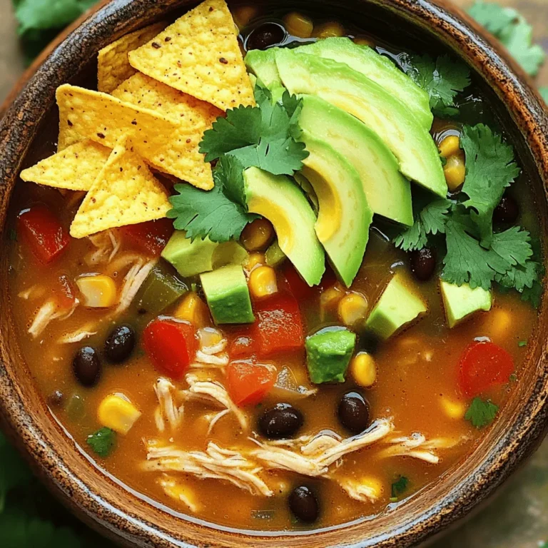 To make this soup, you need simple, fresh ingredients. Here’s what you’ll need: - 1 lb boneless, skinless chicken breasts - 1 tablespoon olive oil - 1 medium onion, finely chopped - 2 cloves garlic, minced - 1 bell pepper, diced (choose red for sweetness or green for earthiness) - 1 can (14.5 oz) diced tomatoes with green chilies - 4 cups chicken broth (homemade or store-bought) - 1 can (15 oz) black beans, rinsed and drained - 1 cup corn (fresh, frozen, or canned) - 2 teaspoons ground cumin - 1 teaspoon chili powder - Salt and pepper to taste - Juice of 1 lime - Tortilla chips, for serving - Fresh cilantro, chopped, for garnish - Slices of avocado, for garnish Adding garnishes makes your soup shine! Here are some tasty options: - Crumbled queso fresco or feta cheese - Sour cream for creaminess - Extra lime wedges for a zesty kick - Sliced jalapeños for heat - Fresh radishes for crunch Choosing the best ingredients helps your soup taste great. Here’s how: - Chicken: Look for bright pink, firm chicken. Avoid any with a gray hue. - Vegetables: Pick firm bell peppers with shiny skin. They should feel heavy for their size. - Beans: Choose low-sodium canned black beans. Rinse them well to cut the salt. - Spices: Check expiration dates for freshness. Old spices lose flavor. Using fresh ingredients makes your Easy Chicken Tortilla Soup even better! For the complete recipe, check out the Full Recipe. Start by gathering all your ingredients. You need: - 1 lb boneless, skinless chicken breasts - 1 tablespoon olive oil - 1 medium onion, finely chopped - 2 cloves garlic, minced - 1 bell pepper, diced - 1 can (14.5 oz) diced tomatoes with green chilies - 4 cups chicken broth - 1 can (15 oz) black beans, rinsed and drained - 1 cup corn - 2 teaspoons ground cumin - 1 teaspoon chili powder - Salt and pepper to taste - Juice of 1 lime - Tortilla chips - Fresh cilantro, chopped - Slices of avocado Next, chop the onion, garlic, and bell pepper. This step makes cooking easier. Get everything ready before you start cooking. Heat the olive oil in a large pot over medium heat. Once the oil is hot, add the chopped onion. Sauté for about 3-4 minutes until the onion is soft. Then, add the minced garlic and diced bell pepper. Cook for another 2-3 minutes. Stir often to keep them from burning. Now, add the chicken breasts to the pot. Pour in the diced tomatoes, chicken broth, black beans, corn, ground cumin, and chili powder. Stir everything together. Increase the heat until the soup starts to boil. Then, reduce the heat to low. Let it simmer for 20-25 minutes until the chicken is cooked. After the chicken is cooked, take it out of the pot. Use two forks to shred the chicken into small pieces. Return the shredded chicken back into the soup. Now, season the soup with salt, pepper, and the juice of one lime. Taste it and adjust if needed. Let it simmer for another 5 minutes. This lets the flavors mix well. When ready to serve, ladle the soup into bowls. Top with crunchy tortilla chips, chopped cilantro, and creamy avocado slices. Enjoy your easy chicken tortilla soup! For more details, check the Full Recipe. To make your chicken tortilla soup burst with flavor, use fresh ingredients. Fresh herbs and spices add depth. For a kick, add lime juice at the end. This brightens the taste and balances the soup. Also, let your soup simmer. This helps the flavors blend well. Taste and adjust salt and spices as needed. Using homemade chicken broth enhances the taste even more. If you want a smoky flavor, try adding a bit of smoked paprika. One common mistake is overcooking the chicken. If you cook it too long, it will become dry. Always check for doneness around the 20-minute mark. Another mistake is not seasoning enough. Be generous with salt, pepper, and spices. Last, do not skip the toppings! They add texture and brightness to the dish. Tortilla chips, cilantro, and avocado make a big difference. You will need a large pot or Dutch oven for cooking the soup. A cutting board and sharp knife are essential for chopping ingredients. Use measuring spoons for spices to ensure the right flavors. A ladle helps you serve the soup easily. Finally, having a couple of forks handy will help you shred the chicken quickly. For more details on the full recipe, check out the [Full Recipe]. {{image_4}} You can make a tasty vegetarian version of this soup. Instead of chicken, use one cup of diced firm tofu or two cups of mushrooms. They add nice texture and flavor. You can also use extra beans, like pinto or kidney beans. This keeps the protein high and the soup filling. Don't forget to add more veggies like zucchini or carrots for a colorful twist. To adjust the heat, you can play with the spices. If you want a milder soup, skip the chili powder. Use only a pinch of ground cumin. For a hotter version, add extra chili powder or some diced jalapeños. You can also use hot sauce or a sprinkle of cayenne pepper. Always taste as you go to find the right balance for you. Canned goods are handy, but fresh ingredients can enhance flavor. Instead of canned tomatoes, try fresh diced tomatoes. Use homemade broth instead of store-bought for a richer taste. If you don't have canned corn, fresh or frozen corn works great. You can even skip the beans entirely and add more veggies instead. Each swap gives you a new twist on the classic recipe. For more details, check the Full Recipe. To keep your soup fresh, store it in an airtight container. Let it cool first. Place the container in the fridge. The soup lasts about three days. When you want to eat it again, check for any changes in smell or color. You can freeze the soup for longer storage. Use freezer-safe bags or containers. Leave some space for expansion. The soup stays good for about three months. Label it with the date and name for easy tracking. To reheat, you can use a pot on the stove. Heat it over low to medium heat. Stir often to avoid sticking. You can also use the microwave. Heat it in short bursts, stirring in between. Add fresh toppings like cilantro and avocado for extra flavor. Enjoy your warm bowl! Chicken Tortilla Soup comes from Mexico. Many say it began in Jalisco. It is a mix of flavors and textures. The soup uses local ingredients like chicken and corn. People often top it with crispy tortilla strips. This adds crunch and flavor. Each family has its own twist on the recipe. Yes, you can make this soup in a slow cooker. Just add all the ingredients and cook on low for 6-8 hours. For an Instant Pot, use the sauté function first. After that, cook on high pressure for about 15 minutes. Both methods yield tasty results. To make this soup gluten-free, choose gluten-free tortillas. Most corn tortillas are a safe option. Also, check canned goods for gluten-free labels. This ensures you avoid any hidden gluten. With these swaps, you can enjoy this soup safely. For the Full Recipe, follow the steps as usual! This blog covers how to make Easy Chicken Tortilla Soup. We explored key ingredients, cooking steps, and tips for great flavor. You learned about ingredient swaps and storing leftovers too. In summary, this soup is easy to make and fun to customize. I hope you feel ready to try it yourself. Enjoy your cooking adventure!