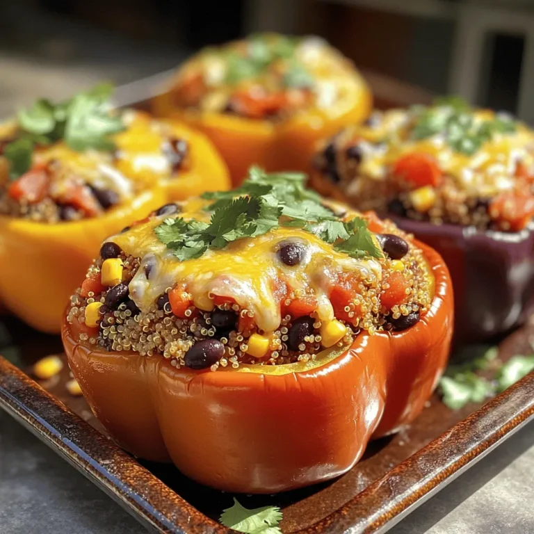 To create delicious stuffed bell peppers, you will need: - 4 large bell peppers (choose a mix of colors for a vibrant dish) - 1 cup quinoa, rinsed thoroughly - 2 cups vegetable broth (or water) - 1 small onion, finely diced - 2 cloves garlic, minced - 1 cup black beans, drained and rinsed - 1 cup sweet corn (use fresh, frozen, or canned, drained) - 1 teaspoon ground cumin - 1 teaspoon smoked paprika - ½ teaspoon chili powder - Salt and freshly ground black pepper to taste - 1 cup diced tomatoes (can use fresh or canned) - 1 tablespoon extra-virgin olive oil - ½ cup shredded cheese (preferably cheddar or a Mexican blend) - Fresh cilantro leaves, for garnish You can make this recipe your own by adding: - Chopped bell pepper tops for extra flavor - Avocado for creaminess - Jalapeño for spice - Spinach or kale for greens - Different cheeses like feta or mozzarella - Cooked ground turkey or beef for added protein When picking bell peppers, look for: - Bright, shiny skin without blemishes - Firm texture, not soft or wrinkly - A weighty feel; this means they are juicy - Green, yellow, red, or orange colors for varied taste - Avoid peppers with large spots or wrinkles Fresh bell peppers make your dish more appealing and flavorful. This attention to detail helps bring your stuffed bell peppers to life. For the full recipe, check the provided section. Start by rinsing your quinoa. This step removes any bitter taste. Use one cup of quinoa and two cups of vegetable broth. Pour both into a pot. Bring the mix to a boil over medium-high heat. Once it boils, lower the heat and cover the pot. Let it simmer for about 15 minutes. Check that all the broth is absorbed and the quinoa is tender. Fluff it with a fork and put it aside. While your quinoa cooks, heat one tablespoon of olive oil in a large skillet over medium heat. Add one small diced onion. Cook it for three to four minutes until it looks clear. Then, toss in two minced garlic cloves and cook for one more minute. Next, add one cup of black beans, one cup of sweet corn, and one cup of diced tomatoes. Sprinkle in one teaspoon of ground cumin, smoked paprika, and chili powder along with salt and pepper. Stir well and cook the mix for five minutes. This lets all the flavors blend nicely. Now, get your bell peppers ready. Carefully slice the tops off and remove the seeds. Place the peppers upright in a baking dish that you've lightly greased. Take the cooked quinoa and mix it into the skillet with the filling. Stir it well and adjust the seasoning if needed. Stuff each pepper generously with this mix. Press down slightly to pack it in. Top each pepper with half a cup of shredded cheese. Cover the dish with foil and bake it in your preheated oven at 375°F for 25 minutes. Remove the foil and bake for another 10 minutes to melt the cheese. Once done, let them cool for a few minutes, then add fresh cilantro for a tasty finish. For the complete cooking instructions, check the Full Recipe. Choose bell peppers that are firm and bright. Look for even shapes for easy stuffing. Cut the tops off carefully to create a bowl. Remove seeds and membranes completely. This helps the flavors mix well. Pack the filling tightly for a hearty bite. Start with well-cooked quinoa to add texture. Use vegetable broth instead of water for more taste. Sauté onions and garlic until soft to release their flavors. Combine black beans, corn, and spices for a colorful mix. Adjust seasonings by tasting as you go. Add diced tomatoes for moisture and freshness. Preheat your oven to ensure even cooking. Cover the baking dish with foil for the first part. This keeps the peppers moist and tender. Remove the foil for the last few minutes to brown the cheese. Check for doneness by piercing a pepper with a fork. Bake until peppers are tender but still hold shape. For the full recipe, visit the link. {{image_4}} You can easily make this dish vegetarian or vegan. Simply omit the cheese for a vegan version. You can also swap in nutritional yeast for a cheesy flavor. If you like, add more veggies. Chopped spinach, mushrooms, or zucchini work well. They boost nutrition and add flavor. To amp up the protein, try adding cooked lentils or chickpeas to the filling. You can also mix in some diced tofu or tempeh. If you eat meat, ground turkey or beef adds a hearty touch. Just cook the meat in the skillet with the onion and garlic before adding the other ingredients. Get creative with your spices! Try adding a dash of hot sauce for heat. You can also mix in fresh herbs like parsley or basil for a fresh taste. Want a Mediterranean twist? Add olives and feta cheese. For a Southwestern flair, use diced jalapeños and top with avocado. Each variation brings its own unique flavor to your stuffed peppers. For the full recipe, check out the Vibrant Quinoa-Stuffed Bell Peppers . After enjoying your stuffed bell peppers, let them cool. Place any leftovers in an airtight container. Store them in the fridge for up to four days. Be sure to label the container with the date. This way, you will know when to eat them. If you want to save your stuffed bell peppers for later, freezing is a great option. First, let them cool completely. Then, wrap each pepper in plastic wrap or foil. Place them in a freezer-safe bag or container. They can last up to three months in the freezer. For best results, freeze them before baking. This helps keep the peppers fresh and tasty. When you are ready to enjoy your frozen stuffed peppers, thaw them in the fridge overnight. To reheat, place them in a preheated oven at 350°F (175°C) for about 20-25 minutes. If they are still cold inside, cover them with foil to help heat evenly. You can also use a microwave, but the oven keeps the texture better. Drizzle a bit of olive oil on top before reheating for extra flavor. Yes, you can prepare stuffed peppers ahead of time. To do this, follow these steps: - Cook the quinoa and filling as directed in the recipe. - Stuff the peppers and place them in a baking dish. - Cover the dish with foil and refrigerate for up to 24 hours. When you are ready to eat, just bake them in the oven. You may need to add a few extra minutes to the cooking time. If you want to switch things up, you can use other grains. Here are some good options: - Brown rice - Farro - Barley - Couscous Each grain brings its own flavor and texture. Just remember to adjust the cooking time as needed. You can tell the peppers are done when they are tender. Here’s how you check: - Look for a slight wrinkle on the skin. - A fork should easily pierce the flesh. - The cheese on top should be melted and bubbly. These signs mean your stuffed peppers are ready to enjoy! For the full recipe, check the earlier section. In this blog post, we explored how to make delicious stuffed bell peppers. We reviewed key ingredients, the steps for cooking, and helpful tips for perfecting your dish. You learned about various flavors and variations, as well as how to store leftovers properly. Stuffed peppers are easy to make and fun to customize. Use your favorite grains and proteins for a meal your family will love. Now, take these tips and start cooking. Enjoy your tasty creation!