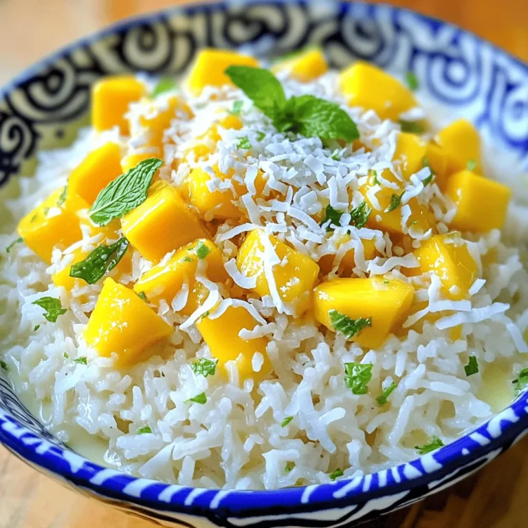 - 1 cup jasmine rice - 1 cup coconut milk - 1 cup water - 1/4 teaspoon salt - 1 ripe mango, peeled and diced - 2 tablespoons unsweetened shredded coconut - 1 tablespoon maple syrup or honey (optional) - 1 tablespoon fresh lime juice - Fresh mint leaves for garnish When making coconut rice with mango, I always choose jasmine rice for its sweet scent and fluffy texture. The coconut milk adds a rich, creamy taste that pairs perfectly with ripe mango. To start, rinse the jasmine rice under cold water. This helps remove excess starch, which keeps the rice fluffy. For the additional ingredients, the ripe mango should be sweet and juicy. I love to peel and dice it just before serving. Tossing the mango with lime juice adds a bright, tangy flavor. If you want some sweetness, drizzle in maple syrup or honey. Lastly, do not forget the mint leaves! They add a fresh touch and make the dish look lovely. You can find the full recipe [here](#). - Rinse jasmine rice under cold running water. This step removes extra starch. It helps create fluffy rice. - Combine rice, coconut milk, water, and salt in a saucepan. Mix gently to combine. - Bring to a boil over medium heat. Watch closely to prevent overflow. - Reduce to a simmer, cover, and cook for 15 minutes. The rice should absorb all the liquid. - Peel and dice the ripe mango. Make sure the pieces are even and small. - Toss with lime juice and optional sweetener in a separate bowl. This will enhance the mango's flavor. - Fluff the cooked rice and fold in shredded coconut. This adds a nice texture. - Serve rice topped with lime-infused mango and mint garnish. The colors will make the dish pop. For a full recipe, check [Full Recipe]. Enjoy this tropical delight! To make perfect coconut rice, start by rinsing the jasmine rice. Rinsing removes excess starch. This step is the key to fluffy rice. After cooking, let the rice rest for five minutes. This resting time improves the texture. Consider adding sweeteners like maple syrup or honey. These add a nice touch of sweetness. Using fresh lime juice is also important. Fresh juice has a brighter flavor than bottled juice. It enhances the mango and coconut taste. For an eye-catching dish, serve the rice in hollowed-out mango halves. This gives a fun and tropical look. You can also pair it with other tropical fruits. Use vibrant fruits like kiwi or pineapple to add color and flair. {{image_4}} You can mix coconut rice with many fruits. Pineapple adds a tangy twist, while kiwi brings a fun color and taste. Try seasonal fruits too. In summer, peaches or berries are great. In winter, opt for citrus fruits like oranges or grapefruit. Each fruit adds its unique flavor, making the dish exciting. If you want dairy-free options, use non-dairy milk instead of coconut milk. Almond or oat milk works well. For low-sugar options, swap maple syrup or honey with a sugar substitute, like stevia or agave syrup. This way, everyone can enjoy this tropical delight without worry. To enhance the flavor, try adding spices. A pinch of cardamom or cinnamon brings warmth to the dish. You can also infuse the coconut milk with flavors like vanilla or pandan. These additions create a more complex taste, making your coconut rice stand out. Feel free to explore these variations to personalize your coconut rice with mango. Each choice makes the dish more fun and tasty. For the complete recipe, check out the [Full Recipe]. To keep your coconut rice and mango fresh, use airtight containers. Glass or plastic containers work well. Store the rice and mango separately to avoid sogginess. When stored properly, coconut rice lasts about 3 to 5 days in the fridge. Mango can stay fresh for 2 to 3 days. Always check for any signs of spoilage before eating. You can freeze cooked coconut rice for later use. Allow the rice to cool completely. Then, portion it into freezer-safe bags. Remove as much air as possible before sealing. Frozen coconut rice lasts about 2 to 3 months. For thawing, place the rice in the fridge overnight. Reheat it gently in the microwave or on the stovetop. If you have leftover mango, get creative! Add it to smoothies, yogurt, or salads. You can also blend it into sauces. For leftover coconut rice, consider making rice cakes or fritters. You can stir it into soups or use it in stir-fries. These ideas help reduce waste while adding variety to your meals. For more details on the recipe, check the Full Recipe. The best rice for coconut rice is jasmine rice. Its fragrant aroma and soft texture make it ideal. Basmati rice can work, too, but it gives a different flavor. Jasmine rice absorbs the coconut milk well, creating a creamy dish. You can also try short-grain rice for a stickier texture. Yes, you can use coconut cream instead of coconut milk. Coconut cream is richer and adds a strong coconut flavor. To make it less thick, mix it with water. This way, you still get that creamy texture without it being too heavy. Adjust the amount of water to your taste. Making this recipe vegan is simple. Use all plant-based ingredients. Coconut milk is already vegan. Ensure your sweetener, like maple syrup, is also vegan. Avoid honey if you want a strict vegan dish. The mango and mint add freshness and flavor without any animal products. Absolutely! Coconut rice pairs well with many savory dishes. Try it with grilled chicken or shrimp for a tropical twist. It also complements spicy curries nicely. For a vegetarian option, serve it with stir-fried vegetables or tofu. The mild flavor of coconut rice enhances any main dish you choose. This recipe for coconut rice with mango is simple and tasty. You start by cooking jasmine rice in coconut milk, which gives it a rich flavor. Adding ripe mango brings a fresh and sweet taste. Remember the tips for fluffy rice and fun presentations. Try using different fruits or spices to make it your own. Store leftovers well for easy meals later. This dish is not just a treat; it’s a way to explore flavors. Enjoy every bite and let your creativity shine in the kitchen!