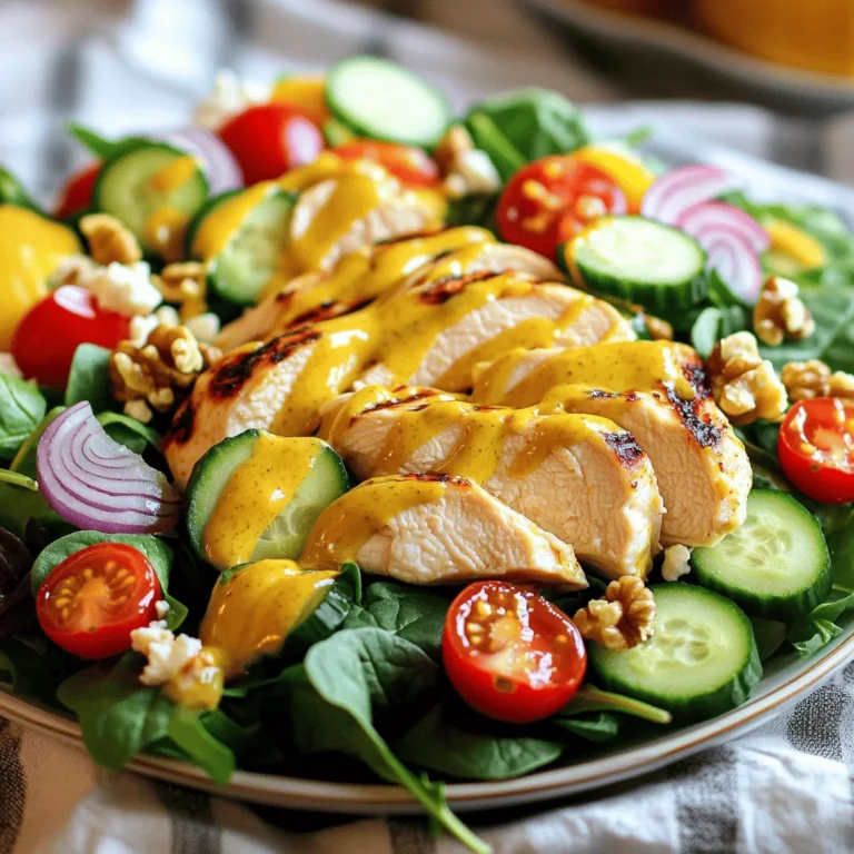 - 2 boneless, skinless chicken breasts - 4 cups fresh mixed salad greens - 1 cup juicy cherry tomatoes - 1/2 cucumber - 1/4 red onion - 1/4 cup walnuts - 1/4 cup creamy feta cheese - 3 tablespoons raw honey - 2 tablespoons Dijon mustard - 1 tablespoon apple cider vinegar - 2 tablespoons extra virgin olive oil - Sea salt and pepper In this dish, the chicken brings protein and heartiness. I always choose fresh, high-quality chicken breasts for the best flavor. The salad greens add a mix of textures and colors. I love using a blend that includes spinach, arugula, and romaine. The cherry tomatoes burst with flavor, while the cucumber adds a nice crunch. The red onion gives a slight bite that balances the sweetness of the honey. Walnuts add a nutty crunch that makes each bite special. Lastly, the feta cheese gives a creamy touch and a tangy taste. Now, let’s talk about the dressing. The raw honey brings sweetness, while the Dijon mustard adds a nice kick. Apple cider vinegar gives it a tangy flavor. Extra virgin olive oil makes it smooth and rich. I always season it with sea salt and pepper to enhance the taste. For the full recipe, check out the detailed instructions to create this delightful Honey Mustard Chicken Salad. To start, you need to marinate the chicken breasts. In a small bowl, mix extra virgin olive oil, garlic powder, sea salt, and pepper. Brush this mixture on both sides of the chicken. This adds flavor and keeps the chicken moist. Next, preheat your grill or grill pan to medium heat. Grill the chicken for about 6-7 minutes on each side. You want the chicken to reach 165°F (75°C). The juices should run clear. Once done, take the chicken off the grill. Let it rest for 5 minutes before you slice it into bite-sized pieces. Now, let's assemble the salad. In a large bowl, combine fresh mixed salad greens, halved cherry tomatoes, sliced cucumber, and finely sliced red onion. Add in toasted walnuts for crunch and crumbled feta cheese for creaminess. Mix these ingredients gently. After mixing, add the grilled chicken pieces on top. This makes your salad hearty and delicious. To make the dressing, whisk together raw honey, Dijon mustard, apple cider vinegar, and extra virgin olive oil in a separate bowl. Add sea salt and pepper to taste. Whisk until smooth and well blended. Now, pour this tasty honey mustard dressing over your salad. Toss everything together gently. Make sure every bite is coated in that sweet and tangy flavor. Enjoy your fresh and flavorful honey mustard chicken salad! For the complete recipe, check out the [Full Recipe]. To grill chicken perfectly, aim for medium heat. This temperature cooks the chicken evenly. If it's too hot, the outside burns while the inside stays raw. Always check the grill before adding the chicken. Brush the chicken with olive oil and seasoning. This keeps it moist and adds flavor. To avoid dryness, let the chicken rest after grilling. This helps the juices stay inside. Layer your salad for a beautiful look. Start with greens at the bottom. Add tomatoes, cucumbers, and onions on top. Finish with chicken, walnuts, and feta. This way, you can see all the colors. For dressing, you can use the honey mustard dressing or try a light vinaigrette. Both options enhance the flavors of the salad. Feel free to swap ingredients based on your taste. If you don’t have chicken, use rotisserie chicken for ease. Chickpeas also add protein for a vegetarian choice. Want something crunchy? Toss in some seeds or nuts. You can also add fruits like apples or berries for sweetness. These small changes keep the salad exciting. {{image_4}} You can easily change the protein in this salad for more fun. One great option is using rotisserie chicken. It saves time and adds great flavor. Simply shred the chicken and mix it in with the salad. If you prefer a vegetarian option, add chickpeas. They bring a nice texture and protein boost. Just rinse and drain a can of chickpeas before adding them to your salad. The honey mustard dressing is fantastic, but you can tweak it too. Try adding a bit of sriracha for heat. A little bit goes a long way! You can also mix in fresh herbs like dill or basil for a herby twist. If you're feeling adventurous, explore other dressings. A lemon vinaigrette or a balsamic glaze can bring new life to your salad. Seasonal vegetables can make your salad even better. In the summer, add fresh bell peppers or cucumbers. In the fall, try roasted sweet potatoes or butternut squash. Fruits can also add a nice touch of sweetness. Toss in some sliced apples or berries for a burst of flavor. This keeps your salad fresh and exciting all year round. For the complete recipe, check out the [Full Recipe]. Honey mustard chicken salad stays fresh in the fridge for about three days. To keep it tasty, store it in an airtight container. This helps lock in moisture and prevents sogginess. Keep the dressing separate until you are ready to eat. This keeps the greens crisp and the salad fresh. You can freeze honey mustard chicken salad, but it's best to freeze the chicken and dressing separately. This way, the salad greens do not become mushy. If you want to freeze the chicken, cut it into pieces first. Place it in a freezer bag, and remove as much air as possible. For the dressing, use a small container. Just remember to thaw both in the fridge before using them. Preparing the ingredients ahead of time makes life easier. You can grill the chicken and chop the veggies the day before. Store the chicken and veggies separately in the fridge. On busy days, you can quickly assemble the salad. Just mix everything together and add the dressing. This way, you get a fresh meal in no time! For the full recipe, visit the recipe section above. Cooking chicken breasts on the grill takes about 12 to 14 minutes. You should grill each side for 6 to 7 minutes. The chicken is done when it reaches 165°F (75°C). This ensures it's safe to eat and juicy. Always let the chicken rest for 5 minutes before cutting it. This keeps the juices inside. Yes, you can prepare this salad ahead of time. For best results, keep the salad and dressing separate until you're ready to eat. Chop the veggies and grill the chicken in advance. Store them in airtight containers in the fridge. This way, you can quickly toss the salad together when you're ready. This salad pairs well with many sides. Try serving it with: - Crusty bread or rolls - Fruit salad for a sweet touch - A light soup like tomato or lentil - Roasted veggies for added flavor These sides will complement the salad and create a balanced meal. Yes, this recipe is quite healthy. It includes lean chicken, fresh veggies, and healthy fats from olive oil and walnuts. The honey mustard dressing has natural sweetness from honey, which is better than sugary dressings. The salad is low in carbs and high in protein. It's a great choice for a light meal. For more details, you can check the Full Recipe. This blog post covers a delicious honey mustard chicken salad. We talked about the main ingredients, like chicken, greens, and walnuts. You learned how to prepare and grill chicken, mix the salad, and make the honey mustard dressing. I shared tips to enhance your grilling and salad presentation. You can customize the salad with different proteins and dressings. Finally, we reviewed storage tips and answered common questions. This recipe is simple and healthy. Enjoy making it your own!