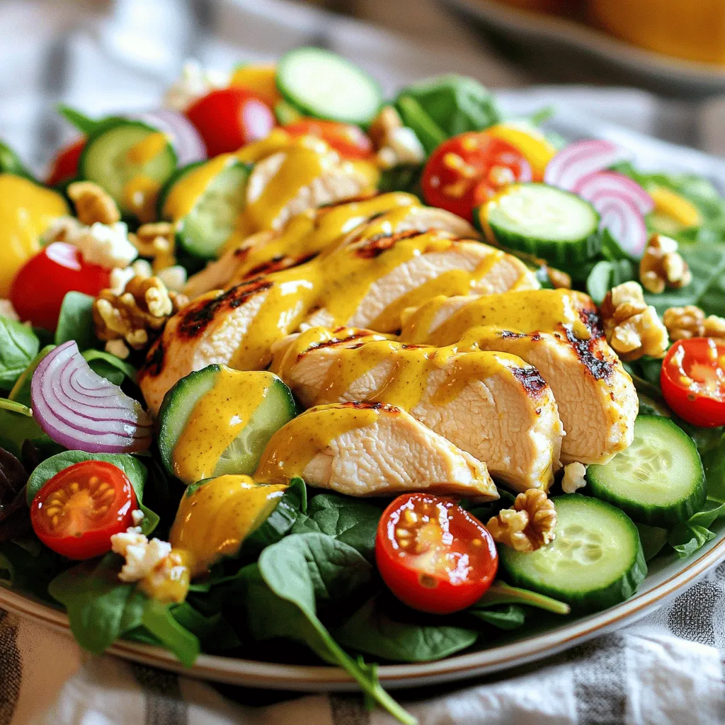 - 2 boneless, skinless chicken breasts - 4 cups fresh mixed salad greens - 1 cup juicy cherry tomatoes - 1/2 cucumber - 1/4 red onion - 1/4 cup walnuts - 1/4 cup creamy feta cheese - 3 tablespoons raw honey - 2 tablespoons Dijon mustard - 1 tablespoon apple cider vinegar - 2 tablespoons extra virgin olive oil - Sea salt and pepper In this dish, the chicken brings protein and heartiness. I always choose fresh, high-quality chicken breasts for the best flavor. The salad greens add a mix of textures and colors. I love using a blend that includes spinach, arugula, and romaine. The cherry tomatoes burst with flavor, while the cucumber adds a nice crunch. The red onion gives a slight bite that balances the sweetness of the honey. Walnuts add a nutty crunch that makes each bite special. Lastly, the feta cheese gives a creamy touch and a tangy taste. Now, let’s talk about the dressing. The raw honey brings sweetness, while the Dijon mustard adds a nice kick. Apple cider vinegar gives it a tangy flavor. Extra virgin olive oil makes it smooth and rich. I always season it with sea salt and pepper to enhance the taste. For the full recipe, check out the detailed instructions to create this delightful Honey Mustard Chicken Salad. To start, you need to marinate the chicken breasts. In a small bowl, mix extra virgin olive oil, garlic powder, sea salt, and pepper. Brush this mixture on both sides of the chicken. This adds flavor and keeps the chicken moist. Next, preheat your grill or grill pan to medium heat. Grill the chicken for about 6-7 minutes on each side. You want the chicken to reach 165°F (75°C). The juices should run clear. Once done, take the chicken off the grill. Let it rest for 5 minutes before you slice it into bite-sized pieces. Now, let's assemble the salad. In a large bowl, combine fresh mixed salad greens, halved cherry tomatoes, sliced cucumber, and finely sliced red onion. Add in toasted walnuts for crunch and crumbled feta cheese for creaminess. Mix these ingredients gently. After mixing, add the grilled chicken pieces on top. This makes your salad hearty and delicious. To make the dressing, whisk together raw honey, Dijon mustard, apple cider vinegar, and extra virgin olive oil in a separate bowl. Add sea salt and pepper to taste. Whisk until smooth and well blended. Now, pour this tasty honey mustard dressing over your salad. Toss everything together gently. Make sure every bite is coated in that sweet and tangy flavor. Enjoy your fresh and flavorful honey mustard chicken salad! For the complete recipe, check out the [Full Recipe]. To grill chicken perfectly, aim for medium heat. This temperature cooks the chicken evenly. If it's too hot, the outside burns while the inside stays raw. Always check the grill before adding the chicken. Brush the chicken with olive oil and seasoning. This keeps it moist and adds flavor. To avoid dryness, let the chicken rest after grilling. This helps the juices stay inside. Layer your salad for a beautiful look. Start with greens at the bottom. Add tomatoes, cucumbers, and onions on top. Finish with chicken, walnuts, and feta. This way, you can see all the colors. For dressing, you can use the honey mustard dressing or try a light vinaigrette. Both options enhance the flavors of the salad. Feel free to swap ingredients based on your taste. If you don’t have chicken, use rotisserie chicken for ease. Chickpeas also add protein for a vegetarian choice. Want something crunchy? Toss in some seeds or nuts. You can also add fruits like apples or berries for sweetness. These small changes keep the salad exciting. {{image_4}} You can easily change the protein in this salad for more fun. One great option is using rotisserie chicken. It saves time and adds great flavor. Simply shred the chicken and mix it in with the salad. If you prefer a vegetarian option, add chickpeas. They bring a nice texture and protein boost. Just rinse and drain a can of chickpeas before adding them to your salad. The honey mustard dressing is fantastic, but you can tweak it too. Try adding a bit of sriracha for heat. A little bit goes a long way! You can also mix in fresh herbs like dill or basil for a herby twist. If you're feeling adventurous, explore other dressings. A lemon vinaigrette or a balsamic glaze can bring new life to your salad. Seasonal vegetables can make your salad even better. In the summer, add fresh bell peppers or cucumbers. In the fall, try roasted sweet potatoes or butternut squash. Fruits can also add a nice touch of sweetness. Toss in some sliced apples or berries for a burst of flavor. This keeps your salad fresh and exciting all year round. For the complete recipe, check out the [Full Recipe]. Honey mustard chicken salad stays fresh in the fridge for about three days. To keep it tasty, store it in an airtight container. This helps lock in moisture and prevents sogginess. Keep the dressing separate until you are ready to eat. This keeps the greens crisp and the salad fresh. You can freeze honey mustard chicken salad, but it's best to freeze the chicken and dressing separately. This way, the salad greens do not become mushy. If you want to freeze the chicken, cut it into pieces first. Place it in a freezer bag, and remove as much air as possible. For the dressing, use a small container. Just remember to thaw both in the fridge before using them. Preparing the ingredients ahead of time makes life easier. You can grill the chicken and chop the veggies the day before. Store the chicken and veggies separately in the fridge. On busy days, you can quickly assemble the salad. Just mix everything together and add the dressing. This way, you get a fresh meal in no time! For the full recipe, visit the recipe section above. Cooking chicken breasts on the grill takes about 12 to 14 minutes. You should grill each side for 6 to 7 minutes. The chicken is done when it reaches 165°F (75°C). This ensures it's safe to eat and juicy. Always let the chicken rest for 5 minutes before cutting it. This keeps the juices inside. Yes, you can prepare this salad ahead of time. For best results, keep the salad and dressing separate until you're ready to eat. Chop the veggies and grill the chicken in advance. Store them in airtight containers in the fridge. This way, you can quickly toss the salad together when you're ready. This salad pairs well with many sides. Try serving it with: - Crusty bread or rolls - Fruit salad for a sweet touch - A light soup like tomato or lentil - Roasted veggies for added flavor These sides will complement the salad and create a balanced meal. Yes, this recipe is quite healthy. It includes lean chicken, fresh veggies, and healthy fats from olive oil and walnuts. The honey mustard dressing has natural sweetness from honey, which is better than sugary dressings. The salad is low in carbs and high in protein. It's a great choice for a light meal. For more details, you can check the Full Recipe. This blog post covers a delicious honey mustard chicken salad. We talked about the main ingredients, like chicken, greens, and walnuts. You learned how to prepare and grill chicken, mix the salad, and make the honey mustard dressing. I shared tips to enhance your grilling and salad presentation. You can customize the salad with different proteins and dressings. Finally, we reviewed storage tips and answered common questions. This recipe is simple and healthy. Enjoy making it your own!