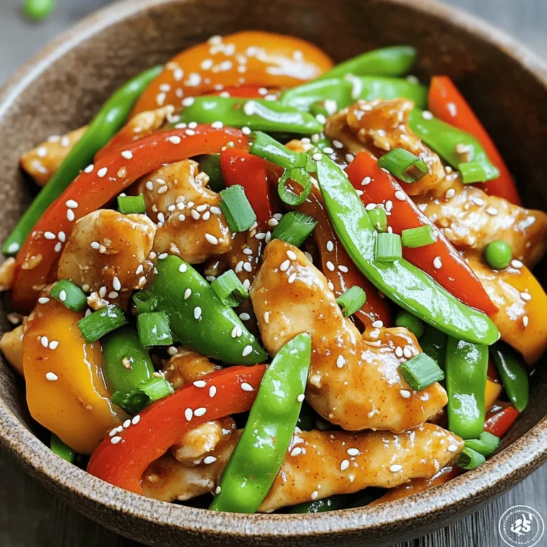 - 1 pound boneless, skinless chicken thighs, thinly sliced - 2 tablespoons vegetable oil, divided - 1 bell pepper (choose red or yellow for color), sliced into thin strips - 1 cup snap peas, trimmed of ends - 1 medium carrot, julienned (cut into matchstick shapes) - 4 green onions, chopped (keep white and green parts separate) - 2 cloves garlic, finely minced - 1 teaspoon fresh ginger, finely grated - 3 tablespoons soy sauce (low-sodium recommended) - 2 tablespoons honey - 1 tablespoon hoisin sauce - 1 teaspoon sriracha (feel free to adjust to your spice preference) - Salt and black pepper to taste - Sesame seeds for garnish For this recipe, I suggest using one pound of chicken. This amount serves about four people. If you want more, simply double the chicken and other ingredients. The soy sauce adds umami, while honey gives a sweet taste. Use enough honey to balance the heat from the sriracha. Add more ginger for a stronger flavor if desired. You can swap chicken thighs for chicken breast if you prefer. Just remember, breast meat cooks quicker. For a vegetarian option, use firm tofu instead of chicken. Adjust the cooking time to make sure it’s golden brown. If you don’t have snap peas, use green beans or broccoli. Each choice brings a unique taste to the dish. Start by marinating the chicken. In a medium bowl, mix soy sauce, honey, hoisin sauce, and sriracha. Whisk them well until smooth. Then, add the thinly sliced chicken thighs. Make sure each piece is coated in the marinade. Cover the bowl and let it sit for 15 minutes. This step makes the chicken tasty and juicy. Next, heat a large skillet or wok over medium-high heat. Pour in 1 tablespoon of vegetable oil. When the oil is hot, add the marinated chicken. Reserve any extra marinade for later. Stir-fry the chicken for 5-7 minutes. Cook until the chicken turns golden brown and is fully cooked. Once done, move the chicken to a plate and set it aside. Now, in the same skillet, add the other tablespoon of vegetable oil. Toss in minced garlic and grated ginger. Sauté them for about 30 seconds. You want them fragrant but not burnt. This step adds depth to your dish. By following these steps, you'll create a flavorful base for your Sweet and Spicy Chicken Stir Fry. For the complete process, refer to the Full Recipe. To get the best flavor from your Sweet and Spicy Chicken Stir Fry, marinate the chicken well. Use the marinade for at least 15 minutes. This helps the chicken soak up the tasty mix of soy sauce, honey, hoisin sauce, and sriracha. Remember to use fresh ginger and garlic. They add a lot of flavor and aroma. Cook the chicken on medium-high heat. This gives it a nice sear and keeps it juicy. When you add the veggies, stir-fry them until they are just tender. This keeps their bright color and crunch. One common mistake is to overcrowd the pan. If you add too much chicken at once, it will steam instead of sear. Cook in batches if needed. Another mistake is not using enough oil. A little oil helps the chicken and veggies cook evenly. Make sure to adjust the heat as you cook. If things start to burn, lower the heat. Lastly, don’t forget to taste your dish. Adjust the seasoning with salt and pepper as needed. I love serving this dish over rice. Steamed jasmine or brown rice works great. You can also pair it with quinoa for a healthy twist. Adding a lime wedge to the plate is a nice touch. It adds a fresh burst of flavor. For extra crunch, sprinkle sesame seeds on top. You can also add some chopped peanuts if you like. This gives a nice texture and flavor contrast. If you want more veggies, try serving with a side of steamed broccoli or bok choy. For the full recipe, check out the section above. {{image_4}} If you want a vegetarian or vegan option, tofu is a great choice. Use firm tofu and press it to remove extra moisture before slicing it into cubes. Marinate it just like the chicken. Cooking times will be similar, around 5-7 minutes until golden. You may also try tempeh or seitan for added protein. Both offer a nice texture and flavor. You can easily swap ingredients to change the taste. Instead of soy sauce, try tamari for a gluten-free option. For a tangy kick, use lime juice instead of honey. If you want a richer flavor, try using oyster sauce in place of hoisin sauce. Each change brings a unique twist to the dish. Feel free to add more veggies! Broccoli, zucchini, or mushrooms work well. Just cut them into bite-sized pieces. Stir-fry them with the other vegetables for about 3-4 minutes. For added protein, consider shrimp or beef. Just cook them separately before combining with the veggies. This recipe is flexible and allows for creativity. Check out the full recipe for more ideas! To keep your sweet and spicy chicken stir fry fresh, let it cool first. Place it in an airtight container. Store it in the fridge for up to three days. Make sure to separate the chicken from any rice or noodles. This helps keep everything fresh. When you’re ready to enjoy leftovers, reheat them on the stove. Use a non-stick pan over medium heat. Add a splash of water or broth to keep it moist. Stir until heated through, usually about 5-7 minutes. You can also use a microwave. Place the stir fry in a microwave-safe dish and cover it. Heat in short bursts, stirring in between. If you want to save it for later, freezing is a great option. Place the cooled stir fry in a freezer-safe container. It will last for up to three months. When you’re ready to eat, transfer it to the fridge to thaw overnight. After thawing, reheat as mentioned above to bring back the flavors. For best taste, consume within a week after thawing. Explore my Full Recipe for more delicious tips! Yes, you can use frozen chicken. However, it’s best to thaw it first. This way, the chicken cooks evenly. You can thaw it by leaving it in the fridge overnight or using the microwave. Once thawed, slice the chicken thinly for the best results. This dish pairs well with many sides. Here are some ideas: - Steamed jasmine rice - Brown rice for a healthier option - Noodles like udon or rice noodles - Crisp green salad with a light dressing - Fresh spring rolls for a fun crunch Each side adds a nice touch to your meal. To control the heat, you can adjust the amount of sriracha. Start with a little and taste as you go. If you want it spicier, add more sriracha or even a pinch of red pepper flakes. If you prefer it milder, skip the sriracha or use a sweet chili sauce instead. This way, you can make it just right for your taste! This blog post showed you how to make a tasty Sweet and Spicy Chicken Stir Fry. We covered key ingredients, measured servings, and possible swaps. You learned step-by-step how to prepare, cook, and sauté for the best flavors. Remember to avoid common mistakes for a great dish. We also explored fun variations and smart storage tips. Use frozen chicken and adjust spice to fit your taste. Enjoy your cooking and share this dish with others!