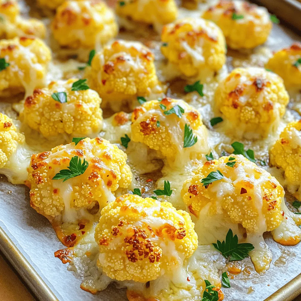- 1 large head of cauliflower, cut into bite-sized florets - 4 tablespoons extra virgin olive oil - 4 cloves garlic, finely minced - 1/2 cup freshly grated Parmesan cheese - 1 teaspoon dried Italian herb blend - Sea salt and freshly cracked black pepper - 1/2 teaspoon red pepper flakes (for a spicy kick) - Fresh parsley, finely chopped (for garnish) Garlic Parmesan Roasted Cauliflower is a delightful side dish. You will need a large head of cauliflower. Cut it into bite-sized florets. This size helps the cauliflower roast evenly. The next main ingredient is extra virgin olive oil. It gives a nice flavor and helps the cauliflower brown. Use four cloves of garlic, finely minced. Garlic adds a rich, savory taste. For seasoning, add half a cup of freshly grated Parmesan cheese. This cheese melts perfectly and adds a creamy texture. A teaspoon of dried Italian herbs brings the dish together. Don't forget sea salt and freshly cracked black pepper to enhance the flavors. If you like some heat, add half a teaspoon of red pepper flakes. It’s a great way to spice things up. Finally, sprinkle some fresh parsley on top for a burst of color. This recipe is easy to follow and rewarding. For the full recipe, check the details above. 1. Preheat your oven to 425°F (220°C). This heat is key for great roasting. 2. Prepare a large baking sheet by lining it with parchment paper. This makes cleanup easy. 3. In a big bowl, toss the cauliflower florets with the extra virgin olive oil. Coat them well. 1. Add minced garlic, dried Italian herbs, red pepper flakes (if you want spice), sea salt, and black pepper to the bowl. 2. Toss the mixture again. Make sure every floret gets that tasty blend. This is where the magic happens! 1. Spread the cauliflower florets on the baking sheet. Give them space to roast well. 2. Place the baking sheet in the preheated oven. Roast for 20 minutes. The cauliflower will caramelize and get sweet. 3. After 20 minutes, take the baking sheet out. Sprinkle the grated Parmesan cheese on top of the hot florets. 4. Put the baking sheet back in the oven. Roast for another 10-15 minutes. Look for a golden brown finish and melted cheese. 5. Once done, take the baking sheet out. Let it cool for a minute. Garnish with chopped fresh parsley for a nice touch. For the full recipe, check the main section! To get the best texture from your Garlic Parmesan roasted cauliflower, space the florets well. If they touch, they steam instead of roast. This makes them mushy. Aim for a single layer on the baking sheet. Set your oven to 425°F (220°C). This high heat helps the cauliflower caramelize and turn golden. An even oven temperature is key for perfect cooking. Want to change up the taste? You can mix the herbs used in this recipe. Try adding fresh rosemary or thyme for a unique flavor. You can also use a blend of herbs like herbes de Provence. If you don’t have Parmesan, try other cheeses. Pecorino Romano gives a sharper taste. Nutritional yeast is a great vegan option that adds a cheesy flavor without dairy. Garlic Parmesan roasted cauliflower pairs well with many dishes. Serve it next to grilled chicken, fish, or a hearty grain salad. It adds a nice crunch and flavor to any meal. For presentation, use a rustic bowl or a flat platter. Drizzle with extra olive oil and add a sprinkle of cheese on top. This makes it look and taste even better! For more ideas, check the Full Recipe for tips on serving. {{image_4}} You can change the taste of your Garlic Parmesan Roasted Cauliflower easily. Try adding different herbs like rosemary or thyme for a new twist. You can also sprinkle in some cumin or paprika for warmth. Mixing in other veggies can create a colorful dish. Think about adding bell peppers, carrots, or even broccoli. These will add texture and flavor. If you need gluten-free options, this dish is naturally safe. Just check your Parmesan cheese to ensure it is gluten-free. For a vegan version, swap the Parmesan with nutritional yeast. This gives a cheesy flavor without dairy. You can also use vegan cheese for a similar experience. Want to make more? You can easily adjust the ingredient amounts. For larger servings, double or triple the main ingredients. Just ensure you have enough space on your baking sheet. If you increase the amount, you may need to roast the cauliflower longer. Keep an eye on it, so it does not burn. Make sure it gets crispy and golden. For the full recipe, check the earlier section. To store leftover Garlic Parmesan Roasted Cauliflower, place it in an airtight container. This keeps it fresh and tasty. Make sure to refrigerate it within two hours of cooking. Properly stored, it can last in the fridge for about 3 to 4 days. If you notice any changes in color or smell, it is best to toss it. When reheating, I suggest using the oven for the best results. Preheat your oven to 350°F (175°C). Spread the cauliflower on a baking sheet and heat for about 10 to 15 minutes. This method keeps the texture crispy. You can also use the microwave, but it may make the cauliflower softer. If you choose the microwave, heat it in short bursts to avoid overcooking. To freeze Garlic Parmesan Roasted Cauliflower, let it cool completely first. Then, place it in freezer-safe bags or containers. Make sure to remove as much air as possible. It can stay fresh in the freezer for up to 3 months. When you're ready to eat it, thaw it overnight in the fridge. Reheat it in the oven for the best texture, or use the microwave if you're in a hurry. Roasting cauliflower takes about 30 to 35 minutes. First, you roast it for 20 minutes. Then, add Parmesan cheese and roast for another 10 to 15 minutes. This timing helps the cauliflower get tender and golden brown. Yes, you can prepare Garlic Parmesan Roasted Cauliflower ahead. You can cut the cauliflower and mix it with the oil and spices. Store it in the fridge for up to one day. When you are ready to cook, just roast it in the oven. Reheat any leftovers in the oven for the best taste. Garlic Parmesan Roasted Cauliflower pairs well with many dishes. Here are a few ideas: - Grilled chicken or fish for a protein boost - Quinoa or rice for a hearty meal - A fresh green salad for a light option You can also serve it alongside pasta or as part of a veggie platter. These options make it easy to enjoy this tasty side dish with different meals. For the full recipe, check out the section above! In this blog post, we covered how to make Garlic Parmesan Roasted Cauliflower. We explored key ingredients, detailed instructions, and helpful tips. I shared ideas for variations, storage, and reheating. This simple dish is a great way to enjoy cauliflower. With just a few steps, you can create a tasty side. Experiment with flavors and find your favorite version. Enjoy this healthy dish that everyone will love!