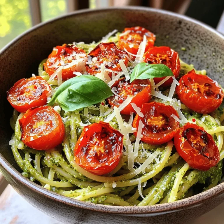 To make pesto pasta with cherry tomatoes, gather the following ingredients: - 400g pasta (spaghetti, fusilli, or any preferred variety) - 300g cherry tomatoes, halved - 1 cup fresh basil leaves, packed - 1/2 cup pine nuts (or walnuts for a different flavor profile) - 1/2 cup grated Parmesan cheese (or nutritional yeast for a vegan option) - 2 cloves garlic, finely minced - 1/2 cup extra virgin olive oil - Salt and freshly ground black pepper - Optional: Zest of 1 lemon - Optional: Pinch of crushed red pepper flakes These ingredients create a fresh and delightful dish. The cherry tomatoes add sweetness, while the pesto brings bright flavors. You can use any pasta you like, which makes it versatile. If you want to change the taste, try walnuts instead of pine nuts. For a vegan option, swap out the cheese with nutritional yeast. Enjoy cooking this vibrant meal! For the full recipe, check out the detailed instructions later in the article. 1. Preheat your oven to 200°C (400°F). 2. Line a baking sheet with parchment paper. 3. Place the halved cherry tomatoes on the sheet, cut side up. 4. Drizzle with olive oil and sprinkle with salt and pepper. 5. Roast for 20-25 minutes until soft and slightly caramelized. 1. Fill a large pot with water and add a tablespoon of salt. 2. Bring the water to a rolling boil. 3. Add your pasta and cook as directed. 4. Reserve one cup of pasta water before draining. 1. In a food processor, combine basil leaves, pine nuts, cheese, and garlic. 2. Pulse until coarsely chopped. 3. While blending, slowly add olive oil until smooth. 4. Taste and season with salt and pepper. 1. In a large bowl, mix the drained pasta with the pesto. 2. If the sauce is too thick, add reserved pasta water a little at a time. 1. Gently fold in the roasted cherry tomatoes. 2. Make sure they stay intact for tasty bites. 1. Portion the pasta into bowls. 2. Top with extra grated cheese and crushed red pepper flakes if desired. For the full recipe, check [here](Full Recipe). To get sweet, rich flavors from your cherry tomatoes, roast them right. Here are some tips: - Cut Side Up: Always place the tomatoes cut side up. This helps them caramelize better. - Oil and Salt: Drizzle with olive oil and sprinkle salt. This boosts their natural sweetness. - High Heat: Roast at 200°C (400°F). This gives them a nice char and depth. - Add Herbs: Toss in fresh herbs like thyme or oregano for added flavor. Making pesto is simple, but it needs balance. Here’s how to perfect it: - Fresh Ingredients: Use fresh basil and quality nuts for vibrant taste. This is key! - Cheese Choice: Go for good Parmesan. It adds a salty, nutty flavor that shines. - Blend Slowly: When adding olive oil, do it slowly. This helps create a smooth texture. - Storage: Keep unused pesto in a jar. Cover it with a thin layer of oil to keep it fresh. Want to tweak the recipe? Here are some easy swaps: - Vegan Option: Replace Parmesan with nutritional yeast for a cheesy flavor without dairy. - Gluten-Free Pasta: Use gluten-free pasta for a tasty alternative. It works great! - Lower Calorie: Try using less oil or whole wheat pasta. This keeps the dish light without losing flavor. {{image_4}} You can use many pasta types for this dish. Whole wheat pasta adds fiber and flavor. Gluten-free pasta works well for those with dietary needs. If you want a fun twist, try zucchini noodles instead of traditional pasta. They are fresh and light, perfect for summer. Want to make your pesto pasta heartier? You can add protein easily. Grilled chicken or shrimp pairs well with the flavors. For a vegetarian option, try adding tofu. It's a great way to make the dish filling without meat. You can also use chickpeas for a plant-based protein boost. To enhance the taste, think about adding extras. Sun-dried tomatoes bring a rich sweetness. Olives add a salty punch that complements the pesto. You can also play with fresh herbs. Try adding parsley for a bright note or arugula for a peppery kick. These small changes make a big impact on flavor. To store leftovers, let the pasta cool first. Place it in an airtight container. This helps keep it fresh. You can store it in the fridge for up to three days. Make sure to check for any signs of spoilage before eating. You can freeze homemade pesto for later. First, spoon the pesto into ice cube trays. This way, you can grab just what you need. Once frozen, pop the cubes into a freezer bag. They will last up to three months. When ready to use, thaw the pesto in the fridge overnight. You can also leave it at room temperature for a few hours. To reheat leftover pesto pasta, use a stovetop method. Heat a pan over medium heat. Add a splash of water or olive oil to prevent sticking. Stir the pasta until hot, but avoid overcooking it. This keeps your pasta from getting soggy. You can also use a microwave, but it may not heat evenly. Yes, you can use store-bought pesto. It saves time and still tastes good. But, homemade pesto has fresh flavor and quality. Store-bought often lacks the richness of fresh ingredients. If you choose store-bought, look for brands with simple, natural ingredients. To reheat leftover pesto pasta, use a skillet on low heat. Add a splash of water or olive oil. This helps keep the pasta moist. Stir gently to warm it evenly. Avoid using high heat, as it can make the pasta dry or sticky. Yes, pesto pasta works well for meal prep. Store it in airtight containers in the fridge. It lasts about 3 to 5 days. To prepare in advance, cook the pasta and make the pesto. Combine them just before serving for the best flavor. You can easily make this dish vegan. Swap Parmesan cheese for nutritional yeast. Use nuts and fresh basil as the base for your pesto. Ensure your pasta is egg-free. This way, you can enjoy all the flavors without any animal products. Adding more vegetables is simple and fun! Consider using spinach or arugula for extra greens. You can also add bell peppers, zucchini, or peas. Roast or sauté them before mixing with the pasta. Seasonal veggies enhance the dish's flavor and nutrition. This dish blends simple ingredients into a tasty meal. We roasted cherry tomatoes for sweet flavor. We cooked the pasta just right and made fresh pesto. With some tips, you learned to customize your dish for any diet. Don't forget to store any leftovers properly or freeze the pesto. Enjoy each bite, and feel free to get creative with flavors and textures. This pasta dish is not just a meal; it’s a way to showcase your cooking skills!