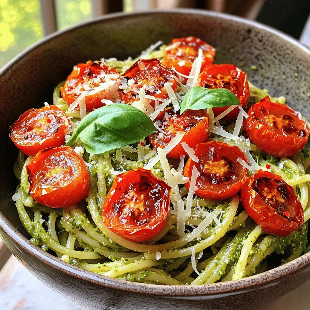 To make pesto pasta with cherry tomatoes, gather the following ingredients: - 400g pasta (spaghetti, fusilli, or any preferred variety) - 300g cherry tomatoes, halved - 1 cup fresh basil leaves, packed - 1/2 cup pine nuts (or walnuts for a different flavor profile) - 1/2 cup grated Parmesan cheese (or nutritional yeast for a vegan option) - 2 cloves garlic, finely minced - 1/2 cup extra virgin olive oil - Salt and freshly ground black pepper - Optional: Zest of 1 lemon - Optional: Pinch of crushed red pepper flakes These ingredients create a fresh and delightful dish. The cherry tomatoes add sweetness, while the pesto brings bright flavors. You can use any pasta you like, which makes it versatile. If you want to change the taste, try walnuts instead of pine nuts. For a vegan option, swap out the cheese with nutritional yeast. Enjoy cooking this vibrant meal! For the full recipe, check out the detailed instructions later in the article. 1. Preheat your oven to 200°C (400°F). 2. Line a baking sheet with parchment paper. 3. Place the halved cherry tomatoes on the sheet, cut side up. 4. Drizzle with olive oil and sprinkle with salt and pepper. 5. Roast for 20-25 minutes until soft and slightly caramelized. 1. Fill a large pot with water and add a tablespoon of salt. 2. Bring the water to a rolling boil. 3. Add your pasta and cook as directed. 4. Reserve one cup of pasta water before draining. 1. In a food processor, combine basil leaves, pine nuts, cheese, and garlic. 2. Pulse until coarsely chopped. 3. While blending, slowly add olive oil until smooth. 4. Taste and season with salt and pepper. 1. In a large bowl, mix the drained pasta with the pesto. 2. If the sauce is too thick, add reserved pasta water a little at a time. 1. Gently fold in the roasted cherry tomatoes. 2. Make sure they stay intact for tasty bites. 1. Portion the pasta into bowls. 2. Top with extra grated cheese and crushed red pepper flakes if desired. For the full recipe, check [here](Full Recipe). To get sweet, rich flavors from your cherry tomatoes, roast them right. Here are some tips: - Cut Side Up: Always place the tomatoes cut side up. This helps them caramelize better. - Oil and Salt: Drizzle with olive oil and sprinkle salt. This boosts their natural sweetness. - High Heat: Roast at 200°C (400°F). This gives them a nice char and depth. - Add Herbs: Toss in fresh herbs like thyme or oregano for added flavor. Making pesto is simple, but it needs balance. Here’s how to perfect it: - Fresh Ingredients: Use fresh basil and quality nuts for vibrant taste. This is key! - Cheese Choice: Go for good Parmesan. It adds a salty, nutty flavor that shines. - Blend Slowly: When adding olive oil, do it slowly. This helps create a smooth texture. - Storage: Keep unused pesto in a jar. Cover it with a thin layer of oil to keep it fresh. Want to tweak the recipe? Here are some easy swaps: - Vegan Option: Replace Parmesan with nutritional yeast for a cheesy flavor without dairy. - Gluten-Free Pasta: Use gluten-free pasta for a tasty alternative. It works great! - Lower Calorie: Try using less oil or whole wheat pasta. This keeps the dish light without losing flavor. {{image_4}} You can use many pasta types for this dish. Whole wheat pasta adds fiber and flavor. Gluten-free pasta works well for those with dietary needs. If you want a fun twist, try zucchini noodles instead of traditional pasta. They are fresh and light, perfect for summer. Want to make your pesto pasta heartier? You can add protein easily. Grilled chicken or shrimp pairs well with the flavors. For a vegetarian option, try adding tofu. It's a great way to make the dish filling without meat. You can also use chickpeas for a plant-based protein boost. To enhance the taste, think about adding extras. Sun-dried tomatoes bring a rich sweetness. Olives add a salty punch that complements the pesto. You can also play with fresh herbs. Try adding parsley for a bright note or arugula for a peppery kick. These small changes make a big impact on flavor. To store leftovers, let the pasta cool first. Place it in an airtight container. This helps keep it fresh. You can store it in the fridge for up to three days. Make sure to check for any signs of spoilage before eating. You can freeze homemade pesto for later. First, spoon the pesto into ice cube trays. This way, you can grab just what you need. Once frozen, pop the cubes into a freezer bag. They will last up to three months. When ready to use, thaw the pesto in the fridge overnight. You can also leave it at room temperature for a few hours. To reheat leftover pesto pasta, use a stovetop method. Heat a pan over medium heat. Add a splash of water or olive oil to prevent sticking. Stir the pasta until hot, but avoid overcooking it. This keeps your pasta from getting soggy. You can also use a microwave, but it may not heat evenly. Yes, you can use store-bought pesto. It saves time and still tastes good. But, homemade pesto has fresh flavor and quality. Store-bought often lacks the richness of fresh ingredients. If you choose store-bought, look for brands with simple, natural ingredients. To reheat leftover pesto pasta, use a skillet on low heat. Add a splash of water or olive oil. This helps keep the pasta moist. Stir gently to warm it evenly. Avoid using high heat, as it can make the pasta dry or sticky. Yes, pesto pasta works well for meal prep. Store it in airtight containers in the fridge. It lasts about 3 to 5 days. To prepare in advance, cook the pasta and make the pesto. Combine them just before serving for the best flavor. You can easily make this dish vegan. Swap Parmesan cheese for nutritional yeast. Use nuts and fresh basil as the base for your pesto. Ensure your pasta is egg-free. This way, you can enjoy all the flavors without any animal products. Adding more vegetables is simple and fun! Consider using spinach or arugula for extra greens. You can also add bell peppers, zucchini, or peas. Roast or sauté them before mixing with the pasta. Seasonal veggies enhance the dish's flavor and nutrition. This dish blends simple ingredients into a tasty meal. We roasted cherry tomatoes for sweet flavor. We cooked the pasta just right and made fresh pesto. With some tips, you learned to customize your dish for any diet. Don't forget to store any leftovers properly or freeze the pesto. Enjoy each bite, and feel free to get creative with flavors and textures. This pasta dish is not just a meal; it’s a way to showcase your cooking skills!