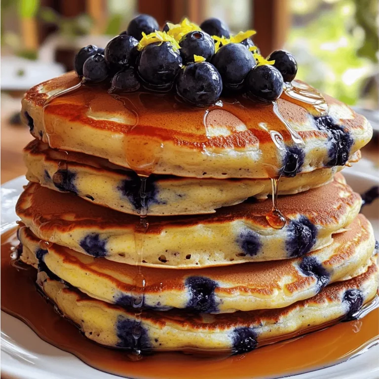 To make delicious blueberry lemon pancakes, gather these key ingredients: - 1 cup all-purpose flour - 1 tablespoon granulated sugar - 1 teaspoon baking powder - ½ teaspoon baking soda - ¼ teaspoon salt - 1 cup buttermilk (room temperature) - 1 large egg (beaten) - 2 tablespoons unsalted butter, melted (plus extra for greasing) - Zest of 1 lemon - 1 tablespoon fresh lemon juice - 1 cup fresh blueberries, plus extra for garnish - Maple syrup for serving When selecting your ingredients, focus on freshness for the best results. Try to find ripe blueberries; they add vibrant flavor and sweetness. Use fresh lemons for zest and juice, as bottled versions can lack the brightness you want. If you prefer a lighter version, you could swap all-purpose flour with whole wheat flour. For a dairy-free option, almond or oat milk can replace buttermilk, and a plant-based butter can work well too. Every ingredient plays a role in creating a fluffy, flavorful pancake. The buttermilk provides moisture and tang, while the baking powder and baking soda ensure a light texture. The lemon zest and juice add a refreshing brightness, making these pancakes a perfect morning treat. For a complete guide on how to prepare this dish, check the Full Recipe. Start by mixing the dry ingredients. In a large bowl, add: - 1 cup all-purpose flour - 1 tablespoon granulated sugar - 1 teaspoon baking powder - ½ teaspoon baking soda - ¼ teaspoon salt Whisk these together well. This step ensures that everything blends evenly. Next, combine the wet ingredients. In a separate bowl, pour in: - 1 cup buttermilk (room temperature) - 1 large egg (beaten) - 2 tablespoons unsalted butter, melted - Zest of 1 lemon - 1 tablespoon fresh lemon juice Whisk these until smooth. This adds moisture and flavor to your pancakes. Now, it’s time to mix the batter. Gradually pour the wet ingredients into the dry bowl. Use a spatula to gently fold them together. Stop when they are just combined. A few lumps are okay. Overmixing can make the pancakes tough. Then, carefully fold in: - 1 cup fresh blueberries Take care not to crush the berries. Preheat your skillet or griddle over medium heat. Lightly grease it with butter. For each pancake, pour about ¼ cup of batter onto the skillet. Cook until bubbles appear on the surface, about 2-3 minutes. Flip them gently with a spatula. Cook for another 1-2 minutes until golden brown. Serve your pancakes warm. Drizzle with maple syrup. For a fun touch, garnish with extra blueberries and a sprinkle of lemon zest. This adds color and a burst of flavor. Enjoy your delightful breakfast! To make pancakes fluffy, avoid overmixing the batter. When you combine the wet and dry ingredients, use a spatula. Fold gently until just combined. It’s okay if the batter is lumpy. Overmixing can lead to flat and tough pancakes. Using fresh blueberries gives a pop of taste. They burst in your mouth! Frozen blueberries work too, but they can be mushy. Try adding a pinch of cinnamon or nutmeg for more depth. A hint of vanilla can also brighten the flavor. Experiment with these spices to find your favorite mix! Choose a good non-stick skillet or griddle for even cooking. A cast-iron skillet works great too! Preheat it on medium heat. This ensures your pancakes cook through without burning. Use a little butter or cooking spray to keep them from sticking. This will help you flip them easily! For the full recipe, check out the recipe section above. {{image_4}} You can easily make blueberry lemon pancakes fit different diets. For gluten-free pancakes, swap all-purpose flour with almond or oat flour. These flours add great flavor and texture. If you need dairy-free options, use almond milk instead of buttermilk. You can also try coconut yogurt for a creamy touch. These changes keep the pancakes delicious while meeting your needs. Want to boost the flavor? Add a splash of vanilla extract to the batter for a sweet aroma. You can also layer on lemon curd for a zesty kick. Whipped cream is another tasty option. It adds a light and fluffy finish. Try these enhancements to make your pancakes even more special. How you serve your pancakes can change the whole experience. Stack them high for a classic breakfast look. Or, create a pancake breakfast bowl with yogurt and fresh fruit on top. For a fun twist, serve smaller pancakes as appetizers. Each style brings a new way to enjoy blueberry lemon pancakes. Don’t forget to check the Full Recipe for more ideas! To store leftover blueberry lemon pancakes, place them in an airtight container. This keeps them fresh and tasty. When you want to eat them again, simply reheat them in the microwave. Heat for about 30 seconds to 1 minute, or until they are warm. You can also use a skillet on low heat to reheat. This helps retain their yummy texture. Freezing pancakes is easy and a great way to save them. First, let the pancakes cool completely. Then, stack them with parchment paper in between each pancake. This prevents them from sticking together. Place the stack in a freezer-safe bag or container. When you are ready to eat, take them out and heat them in the toaster or microwave. They will taste fresh and delicious. In the fridge, blueberry lemon pancakes last about 3 to 4 days. If you freeze them, they can last up to 2 months. Just make sure to label the container with the date. This way, you can keep track of how long they have been stored. Enjoy your pancakes whenever you want! For the full recipe, check out the earlier section. Yes, you can make blueberry lemon pancakes ahead of time. I often prepare the batter the night before. Store it in the fridge until you’re ready to cook. You can also cook the pancakes and keep them warm in the oven. Set the oven to 200°F (93°C) to keep them hot while you finish cooking the rest. When ready to eat, reheat them in the microwave for about 20-30 seconds. If you don’t have buttermilk, don’t worry! You can make a quick substitute. Mix 1 cup of milk with 1 tablespoon of vinegar or lemon juice. Let it sit for about 5 minutes. This will give you a similar tang and moisture. You can also use plain yogurt or sour cream mixed with water. To make blueberry lemon pancakes healthier, try these tips: - Reduce sugar: Cut back on the granulated sugar in the batter. - Use whole grains: Substitute half of the all-purpose flour with whole wheat flour. - Add flaxseed: Mix in ground flaxseed for added fiber and nutrients. - Use fruit puree: Replace some butter with mashed banana or applesauce for moisture. Flipping pancakes can be tricky, but I have a few tips. Wait until bubbles form on the surface of the pancakes. This means they are ready to flip. Use a wide spatula to get under the pancake. Gently lift it up and flip it quickly. If you flip too slowly, the pancake may break. Practice makes perfect! In this post, we covered how to make delicious blueberry lemon pancakes. We explored ingredients, detailed steps, helpful tips, and tasty variations. You now have all you need to create a great breakfast. Remember to choose fresh ingredients for the best flavor. With practice, your pancakes will always be fluffy and delightful. Try these recipes and adapt them to suit your taste. Enjoy your cooking and share your results!