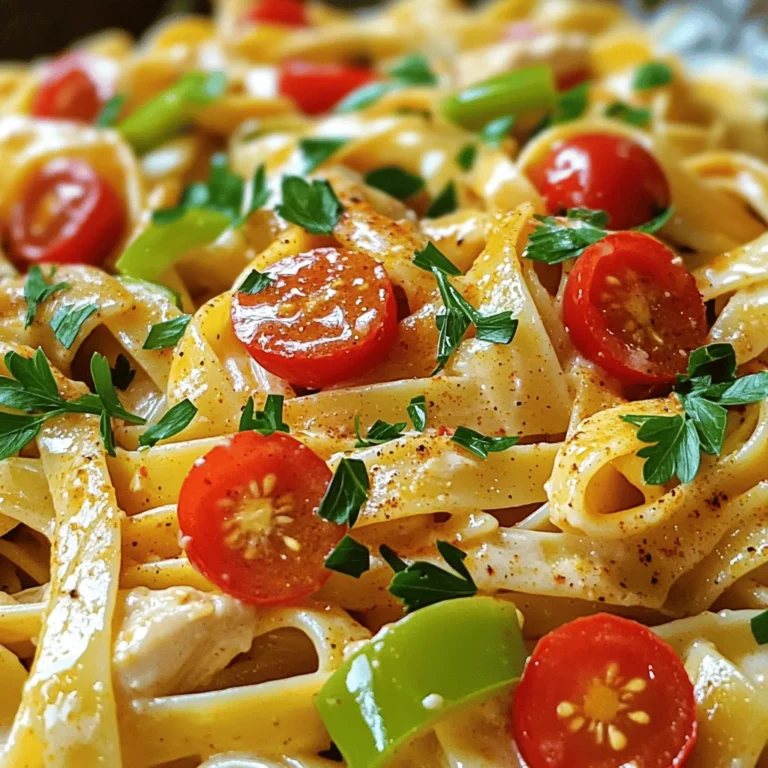 To make Cajun Chicken Pasta, you need the right mix of fresh flavors. Here’s what you will need: - 2 boneless, skinless chicken breasts, sliced into strips - 2 tablespoons Cajun seasoning - 1 tablespoon olive oil - 8 ounces fettuccine pasta - 1 red bell pepper, sliced - 1 green bell pepper, sliced - 1 small onion, chopped - 3 cloves garlic, minced - 1 cup heavy cream - 1 cup cherry tomatoes, halved - ½ cup grated Parmesan cheese - Salt and pepper to taste - Fresh parsley, chopped (for garnish) When it comes to ingredients, freshness matters. I recommend using fresh bell peppers and garlic for the best taste. Dried herbs can work in a pinch, but fresh really shines in this dish. For the Cajun seasoning, you can use store-bought or make your own. If you want a kick, try adding more. The heavy cream makes the sauce rich. You can swap it out for a lighter option, like half-and-half, if you prefer. This list might seem long, but it’s simple to follow. Just gather everything before you start cooking. Trust me; it makes the process much easier! For the full cooking instructions, check out the Full Recipe. To marinate the chicken, start with sliced chicken breasts. In a bowl, sprinkle Cajun seasoning over the chicken. Toss the chicken until every piece has seasoning. Cover the bowl and let it sit for about 15 minutes. This time allows the flavors to soak in, making the chicken taste amazing. Marination is key to adding depth to your dish. Fill a large pot with water and add a good amount of salt. Bring the water to a boil. Once boiling, add the fettuccine. Cook it for about 8 to 10 minutes until it's al dente. Don’t forget to reserve about half a cup of pasta water before draining. This water can help adjust your sauce later. Heat olive oil in a large skillet over medium heat. When the oil is hot, add chopped onion. Sauté the onion for 2-3 minutes until it turns soft and clear. Then, add minced garlic and cook for one more minute. This brings out the flavors. Next, push the onion and garlic to one side and add the marinated chicken strips. Cook them for about 5-7 minutes. Turn the chicken to make sure it cooks evenly and turns golden brown. Slowly pour heavy cream into the skillet, mixing it with the chicken and veggies. Bring this mixture to a gentle simmer. Add halved cherry tomatoes and grated Parmesan cheese. Stir until the cheese melts, creating a creamy sauce. Finally, add the cooked fettuccine to the skillet. Toss everything together until the pasta is coated in the sauce. If it seems thick, add some reserved pasta water to get the right consistency. Season with salt and pepper to taste. For a complete recipe, refer to the Full Recipe link. - Overcooking the pasta: This can make your pasta mushy. Cook it just until it's al dente. This means it should have a slight bite when you chew. - Not marinating the chicken long enough: At least 15 minutes is key for good flavor. If you have time, let it marinate longer for an even richer taste. - Recommended spices or additional ingredients: Cajun seasoning is great, but try adding smoked paprika or cayenne for more depth. A squeeze of lemon juice brightens the dish too. - Suggestions for adjusting spiciness levels: To tone it down, use less Cajun spice. You can also add more cream to balance the heat. If you love spice, add crushed red pepper flakes. - Ideas for garnishing the dish for visual appeal: Fresh parsley adds color. You can also sprinkle some grated Parmesan on top for a nice touch. - Serving suggestions for enhanced dining experience: Pair your dish with a crisp green salad or some warm garlic bread. This makes the meal feel complete and satisfying. For the complete cooking details, refer to the Full Recipe. {{image_4}} If you need gluten-free options, choose gluten-free pasta. Many brands offer great alternatives. For a dairy-free meal, swap heavy cream with coconut milk or a nut-based cream. These options keep the creamy texture. You can use different pasta types too. Penne, rotini, or even whole wheat pasta work well. Each type adds its own twist. Experiment and see what you like best! For a fun twist, try shrimp instead of chicken! Just sauté them until they turn pink. If you prefer tofu, use firm tofu. Press it to remove excess water, then cut it into cubes. Adjust flavors by adding a bit more Cajun seasoning. Different proteins bring new tastes. Feel free to mix and match! Making a meatless Cajun pasta is simple. Just leave out the chicken. Instead, add more veggies. Zucchini, mushrooms, or spinach work well. To enhance flavors, consider adding black beans or chickpeas. These add protein and texture. You can create a vibrant, hearty dish that everyone will enjoy! To store your Cajun Chicken Pasta, cool it first. Place it in an airtight container. Keep it in the fridge for up to three days. For reheating, use a skillet. Add a splash of water to help it steam. This keeps the pasta from drying out. Stir frequently until it’s warm. Can you freeze Cajun Chicken Pasta? Yes, you can! Just make sure it cools completely. Store it in a freezer-safe container. It will last about two months in the freezer. When you’re ready to eat, thaw it overnight in the fridge. For reheating, put it in a skillet on low heat. Add a bit of water or broth. This way, your pasta stays creamy and delicious. For the full recipe, check out the link provided! Cajun Chicken Pasta stays fresh in the fridge for about 3 to 4 days. To keep it safe, store it in an airtight container. Make sure it cools down before sealing. This helps prevent bacteria growth. Always check for any off smells or changes in texture before eating leftovers. Yes, you can make Cajun Chicken Pasta ahead of time. Cooking it the day before can enhance the flavors. Just follow the recipe and let it cool before storing. When you're ready to eat, reheat it on low heat. You may need to add a splash of cream or pasta water to keep it creamy. This dish pairs well with a crisp green salad or garlic bread. A side of steamed vegetables also works nicely. For a refreshing touch, you can add a side of coleslaw. For more details, check out the Full Recipe for cooking instructions and serving suggestions. Cajun Chicken Pasta is a vibrant, flavorful dish that anyone can make. We covered the essential ingredients, the right cooking steps, and how to avoid common mistakes. Remember to marinate the chicken well and reserve pasta water for the sauce. You can customize your pasta with different proteins or veggies. With the right storage techniques, your leftovers can taste great too. Enjoy this dish with sides that match its bold flavors. Dive in and create your own delicious version!