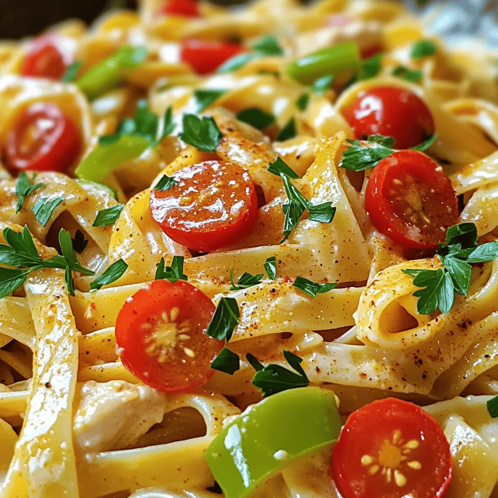 To make Cajun Chicken Pasta, you need the right mix of fresh flavors. Here’s what you will need: - 2 boneless, skinless chicken breasts, sliced into strips - 2 tablespoons Cajun seasoning - 1 tablespoon olive oil - 8 ounces fettuccine pasta - 1 red bell pepper, sliced - 1 green bell pepper, sliced - 1 small onion, chopped - 3 cloves garlic, minced - 1 cup heavy cream - 1 cup cherry tomatoes, halved - ½ cup grated Parmesan cheese - Salt and pepper to taste - Fresh parsley, chopped (for garnish) When it comes to ingredients, freshness matters. I recommend using fresh bell peppers and garlic for the best taste. Dried herbs can work in a pinch, but fresh really shines in this dish. For the Cajun seasoning, you can use store-bought or make your own. If you want a kick, try adding more. The heavy cream makes the sauce rich. You can swap it out for a lighter option, like half-and-half, if you prefer. This list might seem long, but it’s simple to follow. Just gather everything before you start cooking. Trust me; it makes the process much easier! For the full cooking instructions, check out the Full Recipe. To marinate the chicken, start with sliced chicken breasts. In a bowl, sprinkle Cajun seasoning over the chicken. Toss the chicken until every piece has seasoning. Cover the bowl and let it sit for about 15 minutes. This time allows the flavors to soak in, making the chicken taste amazing. Marination is key to adding depth to your dish. Fill a large pot with water and add a good amount of salt. Bring the water to a boil. Once boiling, add the fettuccine. Cook it for about 8 to 10 minutes until it's al dente. Don’t forget to reserve about half a cup of pasta water before draining. This water can help adjust your sauce later. Heat olive oil in a large skillet over medium heat. When the oil is hot, add chopped onion. Sauté the onion for 2-3 minutes until it turns soft and clear. Then, add minced garlic and cook for one more minute. This brings out the flavors. Next, push the onion and garlic to one side and add the marinated chicken strips. Cook them for about 5-7 minutes. Turn the chicken to make sure it cooks evenly and turns golden brown. Slowly pour heavy cream into the skillet, mixing it with the chicken and veggies. Bring this mixture to a gentle simmer. Add halved cherry tomatoes and grated Parmesan cheese. Stir until the cheese melts, creating a creamy sauce. Finally, add the cooked fettuccine to the skillet. Toss everything together until the pasta is coated in the sauce. If it seems thick, add some reserved pasta water to get the right consistency. Season with salt and pepper to taste. For a complete recipe, refer to the Full Recipe link. - Overcooking the pasta: This can make your pasta mushy. Cook it just until it's al dente. This means it should have a slight bite when you chew. - Not marinating the chicken long enough: At least 15 minutes is key for good flavor. If you have time, let it marinate longer for an even richer taste. - Recommended spices or additional ingredients: Cajun seasoning is great, but try adding smoked paprika or cayenne for more depth. A squeeze of lemon juice brightens the dish too. - Suggestions for adjusting spiciness levels: To tone it down, use less Cajun spice. You can also add more cream to balance the heat. If you love spice, add crushed red pepper flakes. - Ideas for garnishing the dish for visual appeal: Fresh parsley adds color. You can also sprinkle some grated Parmesan on top for a nice touch. - Serving suggestions for enhanced dining experience: Pair your dish with a crisp green salad or some warm garlic bread. This makes the meal feel complete and satisfying. For the complete cooking details, refer to the Full Recipe. {{image_4}} If you need gluten-free options, choose gluten-free pasta. Many brands offer great alternatives. For a dairy-free meal, swap heavy cream with coconut milk or a nut-based cream. These options keep the creamy texture. You can use different pasta types too. Penne, rotini, or even whole wheat pasta work well. Each type adds its own twist. Experiment and see what you like best! For a fun twist, try shrimp instead of chicken! Just sauté them until they turn pink. If you prefer tofu, use firm tofu. Press it to remove excess water, then cut it into cubes. Adjust flavors by adding a bit more Cajun seasoning. Different proteins bring new tastes. Feel free to mix and match! Making a meatless Cajun pasta is simple. Just leave out the chicken. Instead, add more veggies. Zucchini, mushrooms, or spinach work well. To enhance flavors, consider adding black beans or chickpeas. These add protein and texture. You can create a vibrant, hearty dish that everyone will enjoy! To store your Cajun Chicken Pasta, cool it first. Place it in an airtight container. Keep it in the fridge for up to three days. For reheating, use a skillet. Add a splash of water to help it steam. This keeps the pasta from drying out. Stir frequently until it’s warm. Can you freeze Cajun Chicken Pasta? Yes, you can! Just make sure it cools completely. Store it in a freezer-safe container. It will last about two months in the freezer. When you’re ready to eat, thaw it overnight in the fridge. For reheating, put it in a skillet on low heat. Add a bit of water or broth. This way, your pasta stays creamy and delicious. For the full recipe, check out the link provided! Cajun Chicken Pasta stays fresh in the fridge for about 3 to 4 days. To keep it safe, store it in an airtight container. Make sure it cools down before sealing. This helps prevent bacteria growth. Always check for any off smells or changes in texture before eating leftovers. Yes, you can make Cajun Chicken Pasta ahead of time. Cooking it the day before can enhance the flavors. Just follow the recipe and let it cool before storing. When you're ready to eat, reheat it on low heat. You may need to add a splash of cream or pasta water to keep it creamy. This dish pairs well with a crisp green salad or garlic bread. A side of steamed vegetables also works nicely. For a refreshing touch, you can add a side of coleslaw. For more details, check out the Full Recipe for cooking instructions and serving suggestions. Cajun Chicken Pasta is a vibrant, flavorful dish that anyone can make. We covered the essential ingredients, the right cooking steps, and how to avoid common mistakes. Remember to marinate the chicken well and reserve pasta water for the sauce. You can customize your pasta with different proteins or veggies. With the right storage techniques, your leftovers can taste great too. Enjoy this dish with sides that match its bold flavors. Dive in and create your own delicious version!