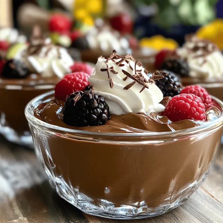 - 2 ripe avocados, peeled and pitted - 1/2 cup unsweetened cocoa powder - 1/4 cup pure maple syrup (or substitute with honey) - 1/4 cup almond milk (or any milk of choice for creaminess) - 1 teaspoon pure vanilla extract - A pinch of fine sea salt - Optional toppings: whipped coconut cream, fresh mixed berries, or delicate curls of shaved dark chocolate Accurate measurements make a big difference in taste. Always use dry measuring cups for dry ingredients and liquid measuring cups for liquids. When measuring cocoa powder, spoon it into the cup, then level it off with a straight edge. For sticky ingredients like maple syrup, lightly coat the cup with oil to help it pour out smoothly. Always make sure your avocados are ripe. They should yield slightly when you press them gently. Using high-quality ingredients boosts the flavor of your mousse. Look for ripe, organic avocados for the best taste and texture. Choose unsweetened cocoa powder with high cacao content for a rich chocolate flavor. Pure maple syrup is a great choice for sweetness. Avoid syrup with added sugars. For milk, select almond milk or another plant-based option that is unsweetened. Always opt for pure vanilla extract instead of imitation for a more authentic flavor. These choices will help ensure your mousse tastes amazing. Enjoy the full recipe for more details! Making chocolate avocado mousse is easy and fun. You will need just a few basic tools. A food processor makes blending simple. You may also want bowls for serving. Gathering all ingredients first helps keep things organized. 1. Start by placing two ripe avocados into your food processor. Make sure they are peeled and pitted. 2. Next, add 1/2 cup of unsweetened cocoa powder. This gives the mousse its rich chocolate flavor. 3. Pour in 1/4 cup of pure maple syrup. This sweetens the mousse naturally. 4. Add 1/4 cup of almond milk for creaminess. You can use any milk you like. 5. Stir in 1 teaspoon of pure vanilla extract for extra flavor. 6. Lastly, sprinkle in a pinch of fine sea salt to enhance the taste. 7. Blend everything on high speed. Stop to scrape down the sides so all ingredients mix well. Keep blending until it’s velvety and smooth. 8. Taste the mousse. If you want it sweeter, add more maple syrup and blend again. 9. Use a spatula to transfer the mousse to serving bowls. 10. Cover with plastic wrap and chill for at least 30 minutes in the fridge. This helps it set. 11. When ready to serve, top with whipped coconut cream or fresh berries for color. - Blend well until smooth. This makes a big difference in texture. - If the mousse is too thick, add a little more almond milk. - Chill time is key. It helps flavors meld and improves the texture. - Serve in clear glasses to show off the rich color and layers. For the full recipe, refer to the previous section. Enjoy making this creamy and decadent chocolate avocado mousse! To get the best texture, use a good food processor. Begin with ripe avocados; they blend smoothly. Add the cocoa powder and maple syrup right after the avocados. Pour in the almond milk for creaminess. Blend on high speed, but stop to scrape the bowl often. This way, all the ingredients mix well. Aim for a velvety smooth finish. Taste the mousse after blending. If it’s not sweet enough, add more maple syrup. Do this slowly. Blend again each time you add syrup. This allows you to find your perfect level of sweetness. Remember that the cocoa flavor can be strong, so adjust wisely. For a lovely presentation, use clear glasses. Layer the mousse for a stunning look. Top it with whipped coconut cream or fresh berries. Shaved chocolate curls add a nice touch, too. A mint leaf can brighten the dish. Chill the mousse for 30 minutes before serving. This helps flavors meld and enhances the taste. For the full recipe, check out the detailed instructions above. {{image_4}} You can play with flavors in your chocolate avocado mousse. Adding spices like cinnamon or nutmeg can bring warmth. A dash of espresso powder adds richness and depth. You can also try a hint of chili powder for a surprising kick. Extracts like almond or peppermint can change the vibe completely. Each option offers a unique twist that keeps things exciting. If you want to change the sweetener, there are many choices. Agave nectar or coconut sugar can work well. For those needing a low-carb option, stevia or erythritol are great. You can also swap almond milk with oat milk or coconut milk for a different flavor. These swaps make the mousse fit numerous diets while keeping it creamy. Toppings add a fun touch to your mousse. Try fresh fruit like strawberries, raspberries, or banana slices. Crushed nuts like almonds or hazelnuts give a nice crunch. For a tropical feel, add shredded coconut or mango. You could even drizzle some caramel sauce for extra sweetness. These toppings make each serving feel special and personalized. For the complete recipe, check out the Full Recipe section. To keep your leftover mousse fresh, cover it tightly. You can use plastic wrap or a lid. This prevents air from drying it out. Place the covered mousse in the fridge. It will stay tasty and smooth this way. The mousse will last up to three days in the fridge. After that, it may lose its creamy texture. Check for any off smells or changes in color. These signs mean it's time to toss it. For the best taste, enjoy it within two days. You can freeze the mousse if you have extra. Scoop it into an airtight container. Make sure to leave some space at the top. The mousse can freeze for up to a month. When you're ready, thaw it in the fridge overnight. Stir it well before serving. This will help restore its creamy texture. For the full recipe, refer to the earlier section. Avocados pack many nutrients. They are rich in healthy fats, fiber, and vitamins. These nutrients help keep your heart healthy and support good digestion. The creamy texture of avocado makes it a perfect base for desserts like this mousse. You get a rich taste without heavy cream. Plus, avocados can help you feel full longer, making them a smart choice for any treat. Yes, you can swap sweeteners. Maple syrup works great, but honey is also a good choice. If you want a lower-calorie option, try stevia or agave nectar. Just keep in mind that the sweetness level may change slightly. Always taste your mousse as you mix. Adjust the sweetness to fit your taste buds. This mousse can last up to three days in the fridge. Store it in an airtight container to keep it fresh. If you see any browning, it’s just the avocado. You can stir it back in for a smooth look. Enjoy your mousse chilled for the best flavor. Absolutely! This mousse is vegan-friendly. It uses avocados, cocoa powder, and maple syrup, all plant-based ingredients. You can feel good about enjoying a decadent dessert that fits into a vegan diet. Plus, it tastes amazing, so everyone can enjoy it. For the full recipe, check out the complete guide above. You learned how to make a tasty chocolate avocado mousse. We covered the best ingredients, measurements, and step-by-step instructions. Tips and tricks helped you blend and serve it perfectly. We explored fun variations and how to store any leftovers. Finally, important FAQs addressed health benefits and vegan options. Now, you can impress your friends with this rich dessert. Enjoy experimenting with flavors and creating your own version of this healthy treat!