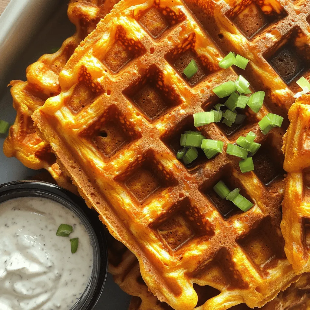 - 1 medium sweet potato, cooked and mashed - 1 cup all-purpose flour - 1 teaspoon baking powder - ½ teaspoon baking soda - ½ teaspoon fine salt - 1 teaspoon garlic powder - ½ teaspoon smoked paprika - 1 large egg, beaten - 1 cup buttermilk (or any milk of your choice) - 2 tablespoons olive oil - 1 cup shredded cheese (cheddar or gouda recommended) - Chopped green onions for garnish When I make savory sweet potato waffles, I start with a medium sweet potato. Cooking it until soft is key. You can boil, steam, or bake it. Once it's cool, I mash it until smooth. This adds a nice sweetness and moisture to the waffles. Next, I mix my dry ingredients. I use all-purpose flour, baking powder, baking soda, fine salt, garlic powder, and smoked paprika. Mixing these well ensures the flavors spread evenly. For the wet ingredients, I beat a large egg until fluffy. Then, I mix in buttermilk and olive oil. This combination gives the waffles a rich texture. I also add shredded cheese, like cheddar or gouda. The cheese melts into the waffle, adding a savory touch. Finally, I like to garnish with chopped green onions. They add a fresh flavor and a pop of color. You can find the full recipe for these delicious waffles in the section above. First, cook the sweet potato until it's tender. You can boil, steam, or bake it for about 30 to 40 minutes. Once it’s soft, let it cool slightly. Then, mash the sweet potato in a bowl until it is smooth and creamy. This creamy sweet potato will add great flavor and texture to your waffles. In a separate bowl, combine the following dry ingredients: - 1 cup all-purpose flour - 1 teaspoon baking powder - ½ teaspoon baking soda - ½ teaspoon fine salt - 1 teaspoon garlic powder - ½ teaspoon smoked paprika Whisk these together well. This helps ensure the flavors mix evenly. Take another bowl and beat 1 large egg until fluffy. Then mix in 1 cup of buttermilk and 2 tablespoons of olive oil. Whisk the mixture until it is smooth. This step gives your waffles a nice, rich flavor. Next, carefully fold the wet ingredients into the dry mixture. Stir gently until just combined. Be careful not to overmix; this keeps the waffles fluffy. Now, add the mashed sweet potato and 1 cup of shredded cheese. Stir until everything is well integrated but still light and airy. Preheat your waffle iron according to the manufacturer's instructions. Lightly grease it with non-stick cooking spray or a little olive oil to prevent sticking. Pour about ½ cup of the batter into the waffle iron for each waffle. Close the lid and cook until the waffles turn a beautiful golden brown. Follow the manufacturer's cooking time for best results. Enjoy these savory sweet potato waffles warm, garnished with chopped green onions. You can find the full recipe for more details! To make fluffy waffles, avoid overmixing the batter. Mix until just combined. This keeps air in the batter, making the waffles light. To know when your waffles are done, look for a golden brown color. The steam will also slow down when they are ready. Proper greasing is key for perfect waffles. Use non-stick spray or brush olive oil on the iron. Make sure to grease it every time you pour batter. This ensures your waffles don’t stick and come out easily. For toppings, I love using spicy yogurt or tangy sour cream. They add a nice kick! You can also pair your waffles with a fresh salad or crispy bacon. This makes for a fun and tasty breakfast that everyone will enjoy. For the full experience, check out the Full Recipe for more ideas! {{image_4}} To give your waffles a kick, add some heat. You can incorporate chopped jalapeños or a few dashes of hot sauce into the batter. This addition creates a spicy layer of flavor. The sweetness of the potatoes blends well with the heat. It makes for an exciting breakfast. You’ll impress anyone who tries them! Fresh herbs can elevate your waffles. Adding rosemary or thyme brings a lovely aroma and taste. Chop the herbs finely and mix them into the batter. This variation creates a more complex flavor profile. The earthy notes of the herbs pair perfectly with the sweet potatoes. Your breakfast will feel gourmet with this simple change. If you need a gluten-free option, don't worry. Just swap out the all-purpose flour for a gluten-free flour blend. Many blends are available that work great in waffles. The taste and texture will still be delicious. You won’t miss the regular flour at all. Enjoy your Savory Sweet Potato Waffles without any concerns! For the complete recipe, check out the Full Recipe section. To keep leftover waffles fresh, place them in an airtight container. You can store them in the refrigerator for up to three days. Make sure they cool completely before sealing. This helps to avoid sogginess. When you’re ready to eat, simply reheat them in a toaster or microwave. They will taste almost as good as fresh! For long-term storage, freezing is a great option. Lay the waffles flat on a baking sheet. Freeze them for about an hour to firm up. Once frozen, place them in freezer bags or containers. They can last for up to three months. To reheat, pop them in a toaster or an oven set to 350°F for about 10-15 minutes. This way, they stay crispy and delicious. To maintain flavor and texture during storage, avoid stacking waffles directly on top of each other. Use parchment paper between layers if you must stack. This prevents them from sticking together. Also, try to consume them within the recommended times. The longer they sit, the more they lose their yummy taste and texture. Enjoy your Savory Sweet Potato Waffles fresh for the best experience! For the full recipe, refer to the earlier section. Yes, you can use other potatoes. Regular potatoes can work, but they taste different. For a sweeter touch, try using purple potatoes or even butternut squash. Each type of potato adds its own flavor and texture. Sweet potatoes lend a creamy and sweet taste, while others may be more savory. You can tell the waffles are ready by looking for a golden brown color. They should feel firm to the touch. If your waffle iron has a light, wait for it to turn green or indicate that the waffles are done. When you open the iron, the waffles should release easily without sticking. There are many tasty sides to serve with these waffles. You can add fresh fruit, like berries or sliced bananas. A dollop of yogurt or sour cream adds creaminess and a tangy taste. You might also try a drizzle of honey or maple syrup for sweetness. For something savory, pair them with eggs or avocado. Absolutely! To make these waffles vegan, replace the egg with a flax egg or applesauce. Use a dairy-free milk like almond or oat milk instead of buttermilk. You can also skip the cheese or use a vegan cheese. These swaps keep the flavors while keeping the recipe plant-based. For the full recipe, check the Savory Sweet Potato Waffles section above. Savory sweet potato waffles combine flavor and fun in one dish. We covered ingredients, cooking steps, and useful tips. You can customize these waffles with spices or herbs. Remember to store any extras properly for future meals. This recipe fits many diets, so feel free to experiment. Enjoy making and serving these tasty waffles to your family and friends!