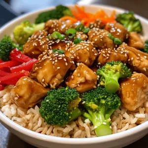- 2 boneless, skinless chicken breasts, diced into bite-sized pieces - 1 cup brown rice, rinsed and drained - 1 cup broccoli florets, bite-sized - 1 red bell pepper, thinly sliced into strips - 1 medium carrot, julienned or cut into matchsticks - 1/3 cup reduced sodium soy sauce - 2 tablespoons honey, or to taste - 1 tablespoon sesame oil - 1 tablespoon fresh ginger, minced or grated - 2 cloves garlic, minced - 1 teaspoon cornstarch mixed with 1 tablespoon cold water (for thickening) - Sesame seeds for garnish - Chopped green onions for garnish When making teriyaki chicken bowls, the right ingredients make all the difference. I start with boneless, skinless chicken breasts. They cook quickly and stay tender. I cut them into bite-sized pieces for even cooking. Next, I use brown rice as my base. It adds a nutty flavor and keeps the meal hearty. I rinse it well to remove excess starch. This helps it cook better and not become gummy. Fresh vegetables are a must! I love adding broccoli for a nice crunch. Thinly sliced red bell pepper adds sweetness, while julienned carrots give a pop of color. Together, they make the dish vibrant and healthy. For the sauce, I mix reduced sodium soy sauce with honey. It balances the saltiness and adds sweetness. I also add minced ginger and garlic for a warm, fragrant touch. To thicken this sauce, I use cornstarch mixed with cold water. This step is key for that perfect glaze over the chicken. Finally, I like to garnish my bowls with sesame seeds and chopped green onions. These little touches add flavor and make the dish look nice. Remember, you can find the full recipe linked here. Enjoy crafting your teriyaki chicken bowls! - Rinse brown rice. - In a medium pot, boil 2 cups of water. - Add rinsed rice to boiling water. - Cover and reduce heat to low. - Simmer for 45 minutes until water is gone. - Fluff the rice with a fork and set aside. - Heat 1 tablespoon of sesame oil in a large skillet. - Add diced chicken pieces in a single layer. - Cook for 5-7 minutes until golden brown. - Ensure the chicken is cooked through, reaching 165°F. - In a small bowl, mix 1/3 cup soy sauce and 2 tablespoons honey. - Pour the mixture over the chicken in the skillet. - Stir well to coat the chicken evenly. - Let it simmer for a couple of minutes to blend flavors. - Fold in 1 cup broccoli, 1 sliced bell pepper, and 1 julienned carrot. - Stir everything together and cook for 4-5 minutes. - Aim for a tender-crisp texture for the veggies. - Place a generous scoop of brown rice in each bowl. - Top the rice with chicken and vegetables for a colorful look. - Sprinkle sesame seeds over the top for crunch. - Add chopped green onions for fresh flavor. For the complete recipe, check out the Full Recipe section. To cook chicken perfectly, aim for the right temperature. The chicken should reach an internal temperature of 165°F (74°C). Use a meat thermometer for accuracy. This ensures the chicken is safe to eat and juicy. Avoid overcooking; it can make the chicken dry. Cook it just until golden brown and cooked through. For the best teriyaki flavor, marinate the chicken for at least 30 minutes. This helps the chicken absorb the sauce better. If you like it sweeter, add more honey to the sauce. Taste the sauce before serving to adjust the sweetness to your liking. Pre-cooking rice and chicken saves time on busy nights. Cook a big batch of rice and store it in the fridge. You can also grill or sauté chicken ahead of time. Store them in airtight containers for easy access during the week. This way, you can whip up teriyaki chicken bowls in no time. For the full recipe, check the earlier sections! {{image_4}} You can switch chicken for tofu or shrimp. Tofu gives a great vegetarian option. It will soak up the teriyaki sauce well. Shrimp cooks fast and adds a nice seafood twist. If you crave a heartier meat, try beef or pork. Thinly sliced beef cooks quickly and adds rich flavor. Pork can also work well with teriyaki sauce. Feel free to use seasonal vegetables. Carrots and bell peppers are classic, but others work too. Try zucchini, asparagus, or even mushrooms. For added greens, use spinach or snap peas. They add color and crunch to your bowl. You can make teriyaki sauce from scratch. Mix soy sauce, honey, ginger, and garlic to taste. This way, you control the sweetness and flavor. If you need a gluten-free option, look for tamari. It has a similar taste and works great in this recipe. You can also use coconut aminos for a unique twist. For the full recipe, check the complete instructions above. Store your teriyaki chicken bowls in the fridge. Keep them at 40°F or lower. Use airtight containers for best results. They will stay fresh for up to 3 days. Make sure to cool them before sealing. To reheat your chicken bowls, use a microwave or stovetop. If using a microwave, cover the bowl to trap steam. Heat in short bursts, stirring in between. This helps warm the meal evenly. For stovetop, add a splash of water and heat on low. This keeps the rice fluffy and avoids soggy rice. You can freeze cooked teriyaki chicken bowls. Use freezer-safe containers or bags. They will last for about 2-3 months. When ready to eat, thaw in the fridge overnight. Reheat as mentioned above to ensure a tasty meal. To make Teriyaki Chicken Bowls, start by cooking your rice. Rinse the brown rice under cold water. Then boil it and let it simmer until soft. While the rice cooks, heat sesame oil in a skillet. Add diced chicken and cook until golden brown. Next, stir in minced garlic and ginger for flavor. Mix soy sauce and honey in a bowl, then pour it over the chicken. Cook for a few minutes, then thicken the sauce with cornstarch mixed in water. Finally, add your veggies and stir. Serve over rice for a colorful, tasty meal. Yes, you can use a slow cooker for Teriyaki Chicken Bowls. Start by searing the chicken in a pan. This adds flavor. Then, add the chicken to the slow cooker with soy sauce, honey, garlic, ginger, and veggies. Cook on low for about 4-6 hours or on high for 2-3 hours. This method makes the chicken very tender and keeps the flavors strong. You can serve Teriyaki Chicken Bowls with several sides. Steamed edamame adds protein. A simple cucumber salad brings crunch. You might also enjoy pickled carrots for extra zing. Rice paper spring rolls can be a fun side too. Feel free to mix and match to enhance your meal. Yes, Teriyaki Chicken Bowls can be healthy! Chicken provides lean protein. Brown rice offers fiber and nutrients. Fresh veggies add vitamins and minerals. You can adjust the sauce to lower sugar by using less honey. For a lighter meal, consider using more vegetables and less rice. You can find the full recipe by following this link to the complete instructions and ingredient list. In this blog post, I shared how to make easy Teriyaki Chicken Bowls from scratch. We covered the main ingredients, step-by-step cooking methods, and tips to perfect your dish. You can even explore various protein and vegetable substitutions. Remember, these bowls not only taste great but also allow for creativity in your kitchen. Enjoy crafting a dish that everyone will love!