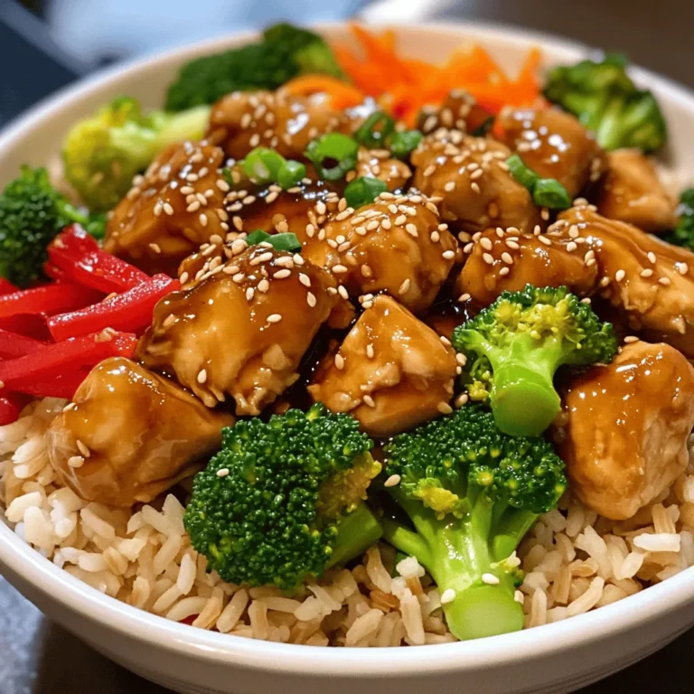 - 2 boneless, skinless chicken breasts, diced into bite-sized pieces - 1 cup brown rice, rinsed and drained - 1 cup broccoli florets, bite-sized - 1 red bell pepper, thinly sliced into strips - 1 medium carrot, julienned or cut into matchsticks - 1/3 cup reduced sodium soy sauce - 2 tablespoons honey, or to taste - 1 tablespoon sesame oil - 1 tablespoon fresh ginger, minced or grated - 2 cloves garlic, minced - 1 teaspoon cornstarch mixed with 1 tablespoon cold water (for thickening) - Sesame seeds for garnish - Chopped green onions for garnish When making teriyaki chicken bowls, the right ingredients make all the difference. I start with boneless, skinless chicken breasts. They cook quickly and stay tender. I cut them into bite-sized pieces for even cooking. Next, I use brown rice as my base. It adds a nutty flavor and keeps the meal hearty. I rinse it well to remove excess starch. This helps it cook better and not become gummy. Fresh vegetables are a must! I love adding broccoli for a nice crunch. Thinly sliced red bell pepper adds sweetness, while julienned carrots give a pop of color. Together, they make the dish vibrant and healthy. For the sauce, I mix reduced sodium soy sauce with honey. It balances the saltiness and adds sweetness. I also add minced ginger and garlic for a warm, fragrant touch. To thicken this sauce, I use cornstarch mixed with cold water. This step is key for that perfect glaze over the chicken. Finally, I like to garnish my bowls with sesame seeds and chopped green onions. These little touches add flavor and make the dish look nice. Remember, you can find the full recipe linked here. Enjoy crafting your teriyaki chicken bowls! - Rinse brown rice. - In a medium pot, boil 2 cups of water. - Add rinsed rice to boiling water. - Cover and reduce heat to low. - Simmer for 45 minutes until water is gone. - Fluff the rice with a fork and set aside. - Heat 1 tablespoon of sesame oil in a large skillet. - Add diced chicken pieces in a single layer. - Cook for 5-7 minutes until golden brown. - Ensure the chicken is cooked through, reaching 165°F. - In a small bowl, mix 1/3 cup soy sauce and 2 tablespoons honey. - Pour the mixture over the chicken in the skillet. - Stir well to coat the chicken evenly. - Let it simmer for a couple of minutes to blend flavors. - Fold in 1 cup broccoli, 1 sliced bell pepper, and 1 julienned carrot. - Stir everything together and cook for 4-5 minutes. - Aim for a tender-crisp texture for the veggies. - Place a generous scoop of brown rice in each bowl. - Top the rice with chicken and vegetables for a colorful look. - Sprinkle sesame seeds over the top for crunch. - Add chopped green onions for fresh flavor. For the complete recipe, check out the Full Recipe section. To cook chicken perfectly, aim for the right temperature. The chicken should reach an internal temperature of 165°F (74°C). Use a meat thermometer for accuracy. This ensures the chicken is safe to eat and juicy. Avoid overcooking; it can make the chicken dry. Cook it just until golden brown and cooked through. For the best teriyaki flavor, marinate the chicken for at least 30 minutes. This helps the chicken absorb the sauce better. If you like it sweeter, add more honey to the sauce. Taste the sauce before serving to adjust the sweetness to your liking. Pre-cooking rice and chicken saves time on busy nights. Cook a big batch of rice and store it in the fridge. You can also grill or sauté chicken ahead of time. Store them in airtight containers for easy access during the week. This way, you can whip up teriyaki chicken bowls in no time. For the full recipe, check the earlier sections! {{image_4}} You can switch chicken for tofu or shrimp. Tofu gives a great vegetarian option. It will soak up the teriyaki sauce well. Shrimp cooks fast and adds a nice seafood twist. If you crave a heartier meat, try beef or pork. Thinly sliced beef cooks quickly and adds rich flavor. Pork can also work well with teriyaki sauce. Feel free to use seasonal vegetables. Carrots and bell peppers are classic, but others work too. Try zucchini, asparagus, or even mushrooms. For added greens, use spinach or snap peas. They add color and crunch to your bowl. You can make teriyaki sauce from scratch. Mix soy sauce, honey, ginger, and garlic to taste. This way, you control the sweetness and flavor. If you need a gluten-free option, look for tamari. It has a similar taste and works great in this recipe. You can also use coconut aminos for a unique twist. For the full recipe, check the complete instructions above. Store your teriyaki chicken bowls in the fridge. Keep them at 40°F or lower. Use airtight containers for best results. They will stay fresh for up to 3 days. Make sure to cool them before sealing. To reheat your chicken bowls, use a microwave or stovetop. If using a microwave, cover the bowl to trap steam. Heat in short bursts, stirring in between. This helps warm the meal evenly. For stovetop, add a splash of water and heat on low. This keeps the rice fluffy and avoids soggy rice. You can freeze cooked teriyaki chicken bowls. Use freezer-safe containers or bags. They will last for about 2-3 months. When ready to eat, thaw in the fridge overnight. Reheat as mentioned above to ensure a tasty meal. To make Teriyaki Chicken Bowls, start by cooking your rice. Rinse the brown rice under cold water. Then boil it and let it simmer until soft. While the rice cooks, heat sesame oil in a skillet. Add diced chicken and cook until golden brown. Next, stir in minced garlic and ginger for flavor. Mix soy sauce and honey in a bowl, then pour it over the chicken. Cook for a few minutes, then thicken the sauce with cornstarch mixed in water. Finally, add your veggies and stir. Serve over rice for a colorful, tasty meal. Yes, you can use a slow cooker for Teriyaki Chicken Bowls. Start by searing the chicken in a pan. This adds flavor. Then, add the chicken to the slow cooker with soy sauce, honey, garlic, ginger, and veggies. Cook on low for about 4-6 hours or on high for 2-3 hours. This method makes the chicken very tender and keeps the flavors strong. You can serve Teriyaki Chicken Bowls with several sides. Steamed edamame adds protein. A simple cucumber salad brings crunch. You might also enjoy pickled carrots for extra zing. Rice paper spring rolls can be a fun side too. Feel free to mix and match to enhance your meal. Yes, Teriyaki Chicken Bowls can be healthy! Chicken provides lean protein. Brown rice offers fiber and nutrients. Fresh veggies add vitamins and minerals. You can adjust the sauce to lower sugar by using less honey. For a lighter meal, consider using more vegetables and less rice. You can find the full recipe by following this link to the complete instructions and ingredient list. In this blog post, I shared how to make easy Teriyaki Chicken Bowls from scratch. We covered the main ingredients, step-by-step cooking methods, and tips to perfect your dish. You can even explore various protein and vegetable substitutions. Remember, these bowls not only taste great but also allow for creativity in your kitchen. Enjoy crafting a dish that everyone will love!