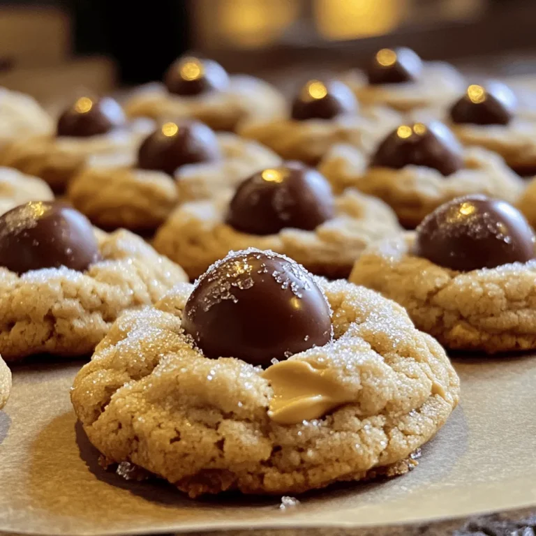 Here is the detailed list of ingredients you will need for Peanut Butter Blossoms: - 1 cup creamy peanut butter - 1 cup granulated sugar - 1 cup packed light brown sugar - 1 large egg - 1 teaspoon pure vanilla extract - 1 teaspoon baking soda - ½ teaspoon fine salt - 1 ½ cups all-purpose flour - 36 unwrapped chocolate kisses - Additional granulated sugar for rolling Each ingredient plays a key role in making these cookies delightful. The creamy peanut butter gives them a rich, nutty taste. The granulated and brown sugars add sweetness and depth. The egg binds everything together while adding moisture. Pure vanilla extract brings in a warm, fragrant note. Baking soda helps create that lovely puffiness. Fine salt balances the sweetness, and all-purpose flour gives structure. Finally, the chocolate kisses provide a fun, melty surprise right in the middle of each cookie. Make sure to gather everything before you start. This way, you can enjoy the process and not rush! For the full recipe, check the details above. - Preheat Oven and Prepare Baking Sheet Start by preheating your oven to 350°F (175°C). This helps the cookies bake evenly. Next, line a baking sheet with parchment paper. This prevents sticking and makes cleanup easier. - Mix Peanut Butter and Sugars In a large mixing bowl, add the creamy peanut butter, granulated sugar, and brown sugar. Use a hand mixer or wooden spoon to mix until creamy. You want a smooth and blended texture. - Incorporate Egg and Other Ingredients Crack a large egg into the bowl. Then add the pure vanilla extract, baking soda, and fine salt. Stir these into the mixture until fully combined. Your batter should look uniform and slightly thick. - Gradually Add Flour Slowly add the all-purpose flour to the bowl. Mix it in a little at a time. This will help form a soft dough. It should feel a bit sticky but still manageable. - Roll Dough into Balls Take small portions of the dough and roll them into 1-inch balls. Make sure they are uniform in size. After shaping, roll each ball in granulated sugar. This adds sweetness and texture. - Space Dough Balls on Baking Sheet Place the sugar-coated dough balls on your prepared baking sheet. Leave about 2 inches between each ball. This space allows the cookies to spread while baking. - Baking Time and Temperature Bake the cookies in the preheated oven for 10-12 minutes. Look for light golden edges while the centers remain soft. This helps ensure a chewy cookie. - Pressing in Chocolate Kisses As soon as you take the baking sheet out, gently press a chocolate kiss into each cookie's center. You will see the cookies crack around the edges. This adds to their rustic charm. For the full recipe, check out the complete instructions above. - Overmixing the Dough Mixing too much can make the cookies tough. Mix just until the ingredients blend. - Incorrect Baking Time Baking too long can dry out the cookies. Watch closely for a light golden edge. - Temperature Control Make sure your ingredients are at room temperature. This helps the dough mix well and bake evenly. - The Right Consistency The dough should feel slightly sticky but still hold its shape. If it’s too dry, add a touch of milk. - Arranging Cookies for Display Use a decorative platter to show off your cookies. Place them in a circle or rows for a neat look. - Optional Decorative Sugars Sprinkle extra granulated sugar on top for some sparkle. You can also use colored sugars for fun themes. These tips can help you create the best Peanut Butter Blossoms. Enjoy baking, and remember to check the [Full Recipe] for all the details! {{image_4}} For those with nut allergies, making nut-free Peanut Butter Blossoms is easy. Substitute the peanut butter with sun butter or soy nut butter. Both options give a similar taste and texture. If you want to make these cookies vegan, use flax eggs instead of the large egg. Mix 1 tablespoon of ground flaxseed with 2.5 tablespoons of water. Let it sit for five minutes to thicken. This gives a nice binding effect without using eggs. Adding chocolate chips to the dough takes these cookies to a new level. Mix in a cup of semi-sweet or dark chocolate chips before rolling into balls. You can also try different nut butters. Almond butter or cashew butter adds a twist to the classic recipe. Each nut butter gives a unique flavor that can surprise your taste buds. Holiday-themed Peanut Butter Blossoms are always a hit. Use red and green sprinkles on top during Christmas. For fall, add a dash of cinnamon for a warm touch. You can also experiment with coconut. Mix in shredded coconut to the dough for a tropical flavor. These small changes can make your cookies stand out for any occasion. To keep your Peanut Butter Blossoms fresh, store them in airtight containers. This method helps maintain their soft texture and rich flavor. You can use plastic containers or glass jars with tight lids. Place a piece of parchment paper between layers if you stack them. This step prevents sticking and keeps them looking nice. Refrigeration can also extend their life. If you live in a warm area, it’s a good idea to refrigerate them. Just remember, cold cookies may become firmer. Let them sit at room temperature for a few minutes before enjoying again. Freezing is a great way to save your Peanut Butter Blossoms for later. To freeze, first let the cookies cool completely. Then, place them in a single layer on a baking sheet. Freeze for about an hour until firm. After that, transfer the cookies to a freezer-safe bag or container. Be sure to remove as much air as possible to avoid freezer burn. When you want to enjoy your frozen cookies, take out only what you need. Let them thaw at room temperature for about 30 minutes. This way, they regain their soft texture. You can also warm them in the oven for a few minutes for that fresh-baked taste. Peanut Butter Blossoms can stay fresh for about one week at room temperature. Keep them in an airtight container to avoid drying out. If you store them in the fridge, they may last up to two weeks. To know if your cookies have spoiled, check for any strange smells or a hard texture. Fresh cookies should feel soft and smell sweet. If they start to look dry or crumbly, it’s time to toss them out. Enjoying your cookies at their best keeps the fun alive! Peanut Butter Blossoms blend sweet and salty flavors. The soft cookie pairs well with a chocolate kiss on top. This combo makes them a favorite treat. They bring joy to every bite, thanks to their rustic look and rich taste. Yes, you can. Use gluten-free flour instead of all-purpose flour. This change keeps the cookie's texture similar. Just check the flour package for the right amount to use. Gluten-free Peanut Butter Blossoms will still taste great! To soften peanut butter, place the jar in a bowl of warm water. Let it sit for about 10 minutes. You can also microwave it for a few seconds. Stir well afterward. This makes it easier to mix into your dough. Yes, you can use other chocolates or candies. Try chocolate chips, caramel squares, or even peppermint patties. Each will change the flavor and look but keeps the cookie fun. Get creative with your favorite treats! You can use natural peanut butter. Just make sure it is smooth and well-mixed. Natural peanut butter may change the cookie's texture slightly. It can make them a bit denser but still delicious. You learned how to create delicious Peanut Butter Blossoms using simple ingredients. We covered each step, from mixing the dough to baking the cookies. Remember to avoid common mistakes for the best results. You can also explore fun variations and storage tips to keep your cookies fresh. Enjoy these treats at any time, and share them with friends and family. Your cookie-making skills will impress everyone, so get baking!