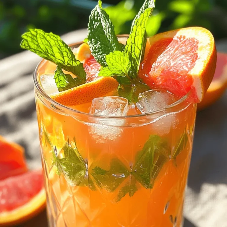 - 2 cups of water - 2 green tea bags - 1 large grapefruit, juiced and zested - 1 tablespoon of fresh mint leaves, roughly chopped - 2 tablespoons of honey or agave syrup - Ice cubes (optional) - Fresh mint sprigs and grapefruit slices for garnish When I create this grapefruit mint green tea, I focus on fresh ingredients. The balance of flavors is key. The green tea gives a smooth base. Grapefruit adds a zingy kick, while mint brings a refreshing touch. I often use honey or agave syrup to sweeten it just right. If you like it cold, ice cubes are a great addition. Garnishing makes it look pretty and inviting. You can adjust the sweetness to your taste. I love using fresh mint leaves. They add an aromatic layer that brightens the drink. Zesting the grapefruit releases its oils, enhancing the flavor. This drink is perfect for summer days or any time you want a refreshing sip. You will love how easy it is to blend these ingredients. This combination not only tastes great but also looks beautiful in a glass. If you follow the full recipe, you’ll be amazed at how simple it is to make this drink at home. - Step 1: Boil water in a saucepan. Start by bringing 2 cups of water to a boil over medium heat. - Step 2: Steep green tea bags. Once the water boils, add 2 green tea bags. Let them steep for 3 to 5 minutes. The longer you steep, the stronger the flavor. - Step 3: Combine tea with grapefruit juice, zest, mint, and sweetener. After steeping, take out the tea bags. Stir in the juice and zest of 1 large grapefruit, 1 tablespoon of chopped mint leaves, and 2 tablespoons of honey or agave syrup. Mix this until everything blends well. - Step 4: Cool and chill the tea mixture. Allow the tea to cool to room temperature for about 10 minutes. Then, put it in the fridge to chill for at least 30 minutes. - Step 5: Serve over ice with garnishes. When ready, fill your glasses with ice cubes if you like. Pour the chilled tea into the glasses. Finally, add a sprig of mint and a slice of grapefruit to each for a pretty touch. This refreshing drink comes together quickly and is perfect for hot summer days. You can find the Full Recipe above for easy reference. Enjoy your homemade Grapefruit Mint Green Tea! - Choosing the best grapefruit: Look for a grapefruit that feels heavy for its size. The skin should be smooth and free from blemishes. A ripe grapefruit has a sweet aroma and vibrant color. This brings out the best flavor in your drink. - Adjusting sweetness to taste: Start with the suggested two tablespoons of honey or agave syrup. Stir it in well. Taste the tea. If you want it sweeter, add more. Remember, you can always add sugar, but you can’t take it out! - Ideal steeping time for green tea: Steep your green tea bags for 3-5 minutes. If you steep too long, the tea can taste bitter. For a lighter flavor, go closer to 3 minutes. - Best practices for brewing green tea: Use fresh, filtered water. Bring it to a boil, then let it cool for a minute before adding tea bags. This helps avoid bitterness. - How to enhance flavor extraction: To get more flavor, gently press the tea bags against the side of the pot before removing them. You can also add the mint leaves when you steep the tea. This way, the mint flavor infuses better. By following these tips, you can make your grapefruit mint green tea taste amazing. Enjoy the refreshing flavors all summer long! For the full recipe, check the earlier section. {{image_4}} You can easily change the taste of your grapefruit mint green tea. Adding other herbs can give it a new twist. For example, try basil or rosemary. These herbs add a fresh and unique flavor. Simply chop a few leaves and mix them in with the mint. You can also mix in different fruit juices. Lemon or orange juice works great. These juices add more citrus zing and sweetness. Just adjust the amount to match your taste. A splash of lemon juice can brighten the drink even more. You can serve grapefruit mint green tea in many ways. Iced tea is perfect for hot days. Just pour the chilled tea over ice. It’s refreshing and cool. If you prefer it warm, heat the mixture before serving. For a fun twist, mix it with sparkling water. This adds a fizzy texture that makes it feel special. Just pour some sparkling water in before serving. It’s a great way to enjoy this drink at brunch or a party. If you want the full details, check out the Full Recipe for the complete guide! To keep your grapefruit mint green tea fresh, refrigerate any leftovers. Pour the tea into a clean, airtight container before placing it in the fridge. This helps keep out odors and light that may spoil the flavor. For fresh mint, store it in a glass of water at room temperature. Cover the top with a plastic bag to keep it fresh. If you have extra mint leaves, wrap them in a damp paper towel and place them in a plastic bag. This method helps retain moisture. Grapefruit mint green tea can last up to three days in the fridge. Always check for freshness before drinking. Signs of spoilage include a sour smell, changes in color, or a strange taste. If you notice any of these, it's best to throw it away. Always enjoy your tea fresh for the best flavor and health benefits. Is grapefruit mint green tea caffeine-free? No, grapefruit mint green tea contains caffeine. The green tea bags provide a small amount of caffeine. If you prefer a caffeine-free drink, you can use herbal tea instead. Can I make this tea ahead of time? Yes, you can make this tea ahead of time. Prepare the tea and chill it in the fridge. It stays fresh for up to three days. Just give it a stir before serving. What are the health benefits of grapefruit and mint? Grapefruit offers many health benefits. It is low in calories and high in vitamin C. This fruit helps boost your immune system. Mint can aid digestion and freshen your breath. Together, they make a tasty and healthy drink. Enjoy the refreshing taste while reaping these benefits! Grapefruit Mint Green Tea blends refreshing flavors and health benefits. We discussed its ingredients, step-by-step preparation, and tips for perfection. You learned possible variations and storage info to maintain freshness. This drink is easy to make and tastes great. Experiment with your own flavors or serve it hot or cold. Enjoy this tasty tea at any time for a refreshing twist in your day.