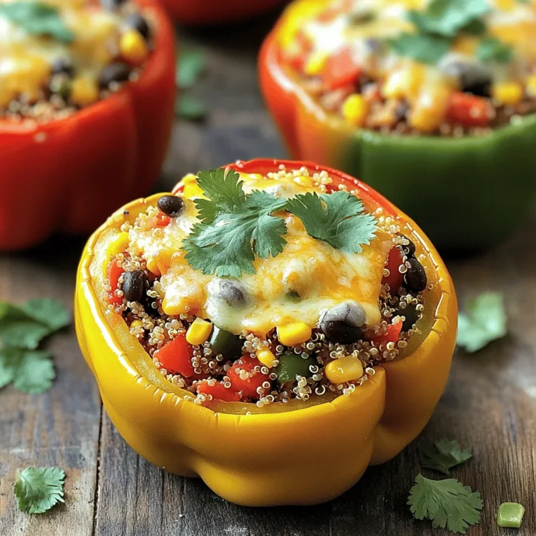 - Bell Peppers: Choose 4 large peppers. You can use green, red, yellow, or orange. Each color has a unique taste. Green peppers are more bitter, while red peppers are sweet. Mixing colors makes your dish look fun and bright. - Quinoa: This grain is a great base. Rinse 1 cup of quinoa well before cooking. You can swap quinoa for rice or couscous if you prefer. Use a 2:1 ratio of broth to quinoa for best results. - Other Essential Ingredients: - 1 can black beans, rinsed and drained - 1 cup corn (fresh or frozen works) - 1 small red onion, finely diced - 2 cloves garlic, minced - 1 teaspoon ground cumin - 1 teaspoon smoked paprika - 1 teaspoon chili powder - 1 cup diced tomatoes (canned or fresh) - Salt and freshly ground black pepper to taste - 1 cup shredded cheese (cheddar or a Mexican cheese blend) - Fresh cilantro leaves, chopped, for garnish These ingredients come together to create a colorful and flavorful meal. You can mix and match them to fit your taste. Enjoy the process of cooking and have fun with this vibrant quinoa-stuffed bell peppers recipe! Preheat Oven: Importance of Temperature You should preheat your oven to 375°F (190°C). Preheating helps cook the peppers evenly. It ensures the cheese melts beautifully, and the peppers soften just right. Preparing the Bell Peppers: Cutting and Cleaning Take your bell peppers and cut off the tops. Use a knife to be careful. Remove the seeds and membranes inside. This step keeps the filling from tasting bitter. Stand the peppers upright in a baking dish so they stay stable. Proper Cooking Methods for Quinoa To cook quinoa, bring 2 cups of vegetable broth to a boil. After it boils, add 1 cup of rinsed quinoa. Reduce the heat to a gentle simmer. Cover the pot and cook for about 15 minutes. The quinoa will be fluffy when ready. Tips for Flavoring Quinoa with Vegetable Broth Using vegetable broth instead of water adds more flavor. It makes each bite taste richer. You can also add spices during cooking for extra taste. Sautéing Aromatics: Onion and Garlic Techniques In a large skillet, heat a splash of olive oil over medium heat. Add 1 finely diced red onion. Cook until it becomes soft, about 3 to 4 minutes. Next, add 2 minced garlic cloves and stir for 1 minute. This step builds a strong flavor base. Combining All Filling Ingredients: Tips for Best Results Add the cooked quinoa to the skillet. Then, mix in 1 can of black beans, 1 cup of corn, and 1 cup of diced tomatoes. Don’t forget the spices: 1 teaspoon of ground cumin, smoked paprika, and chili powder. Season with salt and pepper. Heat this mix for about 5 minutes. This melds the flavors together. Best Practices for Stuffing Bell Peppers Carefully spoon the filling into each bell pepper. Press down gently to pack the filling. This helps keep everything inside while baking. Baking Times and Techniques for Optimal Flavor Cover the baking dish with aluminum foil. Place it in the oven and bake for 25 minutes. Then, remove the foil and bake for another 10 to 15 minutes. The peppers should be soft, and the cheese should be melted and golden. Enjoy your vibrant quinoa-stuffed bell peppers! For a full recipe with more details, check out the [Full Recipe]. - Selecting Perfect Bell Peppers at the Store: When you shop for bell peppers, look for ones that feel firm and heavy. Their skin should be shiny and smooth. Avoid any with wrinkles, soft spots, or dark blemishes. Green, red, yellow, and orange peppers all taste great. Each color brings a different flavor, so mix them for a colorful dish. - Storing Peppers Before Cooking: Keep your fresh bell peppers in the fridge. Store them in a crisper drawer, where they can stay crisp for up to a week. If you cut them, wrap the pieces in a damp paper towel and place them in a sealed bag. This keeps them fresh longer. - Spice Adjustments: How to Customize Heat: If you want more heat, add chopped jalapeños or a pinch of cayenne pepper. For milder flavors, skip the chili powder. Taste your filling as you go to find the right balance for your family. - Adding Extras: Nuts, Seeds, or Other Vegetables: You can boost flavor and texture by adding chopped nuts or seeds. Pine nuts or sunflower seeds add nice crunch. You can also mix in other veggies, like diced zucchini or mushrooms, to make it heartier. - Creative Serving Ideas: Pairing with Sides: Stuffed peppers look great on a colorful platter. Pair them with a fresh salad or roasted veggies. You can also serve them with a side of rice or quinoa for a filling meal. - Best Ways to Garnish for Visual Appeal: To make your dish pop, sprinkle fresh cilantro on top before serving. You can also add a dollop of sour cream or a squeeze of lime juice to enhance the taste. This little touch makes your dish look and taste amazing. {{image_4}} For a plant-based meal, you can easily swap ingredients. Use lentils or chickpeas instead of black beans. For extra flavor, add mushrooms or zucchini. Instead of cheese, try nutritional yeast for a cheesy taste without dairy. This keeps your stuffed peppers creamy and delicious, while still being vegan. You can explore different flavors in stuffed peppers. For a Mexican twist, add taco seasoning and some diced jalapeños. Top with avocado or salsa for freshness. If you prefer a Mediterranean style, include feta cheese and olives. You can also add cooked rice or couscous for heartiness. Stuffed peppers are great for meal prep. You can make a batch on a Sunday and enjoy all week. To freeze them, cook the peppers fully first, then let them cool. Place them in airtight containers. When you're ready to eat, just reheat them in the oven. This saves time and keeps your meals easy. Adjust the recipe to make more or fewer peppers based on your needs. For a smaller batch, cut the ingredients in half. For a larger batch, double them! Check out the Full Recipe for more details on preparing these tasty stuffed bell peppers. Refrigeration: How to Store Leftovers After enjoying your stuffed bell peppers, you may want to save some for later. To keep them fresh, place leftover stuffed peppers in an airtight container. Make sure to let them cool first. Store them in the fridge for up to three days. When you're ready to eat, check for any signs of spoilage. Freezing Stuffed Peppers: Step-by-Step Guide If you want to keep your stuffed peppers longer, freezing is a great option. Here’s how to do it: - Allow the stuffed peppers to cool completely. - Wrap each pepper tightly in plastic wrap. - Place the wrapped peppers in a freezer-safe bag or container. - Label the bag with the date. - Store them in the freezer for up to three months. Best Methods for Reheating Stuffed Peppers When it’s time to enjoy your stuffed peppers again, you have a few good options for reheating. The best way is to use the oven: - Preheat your oven to 350°F (175°C). - Place the stuffed peppers in a baking dish. - Cover with foil to keep them moist. - Bake for about 20-25 minutes or until heated through. You can also use a microwave if you’re short on time. Just place a pepper on a microwave-safe plate and heat for 2-3 minutes. Avoiding Common Mistakes When Reheating When reheating, avoid these common mistakes: - Don’t skip covering the peppers; this prevents them from drying out. - Make sure the filling reaches 165°F (74°C) to ensure safety. - Avoid overcooking, as this makes the peppers mushy. By following these tips, you’ll enjoy your stuffed bell peppers just as much the second time around! For the full recipe, check out the vibrant quinoa-stuffed bell peppers. How to make stuffed bell peppers gluten-free? To make stuffed bell peppers gluten-free, use gluten-free grains like quinoa or rice. Always check that canned goods, like beans and tomatoes, are labeled gluten-free. This way, you can enjoy the meal without worry. Can stuffed bell peppers be made ahead of time? Yes, you can prepare stuffed peppers ahead of time. Just stuff the peppers and place them in a baking dish. Cover and refrigerate them for up to 24 hours. When ready, bake them straight from the fridge, adding a few extra minutes to the cooking time. What can I use instead of cheese in stuffed peppers? If you want a cheese substitute, try nutritional yeast or cashew cream. Both options add creaminess and flavor without dairy. You can also use vegan cheese for a simple swap. Caloric Content per Serving Each serving of these stuffed peppers has about 350 calories. This is a healthy option packed with nutrients, fiber, and protein. Key Nutritional Benefits of Ingredients Used - Quinoa: High in protein and fiber, it helps keep you full. - Black Beans: Great source of protein and iron, good for muscle health. - Bell Peppers: Rich in vitamins A and C, they boost your immune system. - Corn: Adds sweetness and contains fiber for digestion. What to do if the peppers are too crunchy? If your peppers are too crunchy, try baking them longer. Cover them with foil to trap steam. This helps soften the peppers without burning the tops. How to avoid soggy stuffed peppers? To prevent soggy peppers, make sure to fully cook the quinoa before stuffing. Also, avoid overcooking them in the oven. A quick bake at the right temperature keeps them firm and tasty. Stuffed bell peppers are tasty and fun to make. We covered key ingredients, from fresh peppers to flavorful quinoa. I shared step-by-step instructions to cook them just right. You now know tips for enhancing flavors and presenting your dish. Try different variations to keep it exciting. Safe storage helps you enjoy leftovers too. With these insights, you can make the perfect stuffed bell peppers every time. Enjoy experimenting in the kitchen!