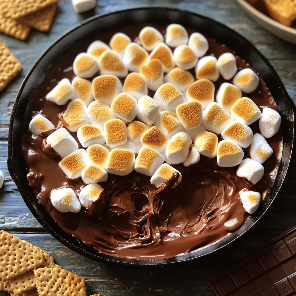 - 1 cup semi-sweet chocolate chips - 1 cup mini marshmallows - 1 tablespoon unsalted butter - 1 teaspoon vanilla extract - 1/2 cup graham cracker crumbs - Additional graham crackers, chocolate squares, and marshmallows for serving You can easily swap ingredients if needed. For chocolate, use dark or milk chocolate chips. If you want a vegan option, replace the butter with coconut oil or a vegan butter substitute. For those who need gluten-free options, look for gluten-free graham crackers. They work just as well in this recipe. If you need to convert cups to grams, here’s a quick guide: - 1 cup of chocolate chips is about 170 grams. - 1 cup of mini marshmallows is roughly 100 grams. - For larger servings, simply double or triple the amounts as needed. 1. Preheating the oven: Start by preheating your oven to 450°F (230°C). Make sure it is hot enough before you bake the dip. This step is key for a great texture. 2. Melting butter in the skillet: Grab an oven-safe skillet or a pie dish. Add 1 tablespoon of unsalted butter. Melt it over medium heat on the stovetop. Stir until the butter is fully melted. This will be the base for your dip. 1. Layering chocolate and marshmallows: Once the butter melts, remove the skillet from heat. Evenly sprinkle 1 cup of semi-sweet chocolate chips over the melted butter. Then, add 1 cup of mini marshmallows on top. This creates a tasty layer. 2. Adding vanilla extract: Drizzle 1 teaspoon of vanilla extract over the chocolate and marshmallows. This adds a nice flavor that makes the dip even better. 1. Baking time and temperature: Carefully place the skillet in the preheated oven. Bake for 5-7 minutes. Watch for the marshmallows to puff up and turn golden brown. This shows they are ready. 2. Cooling and serving suggestions: After baking, take the dish out of the oven. Let it cool for 1-2 minutes. Sprinkle 1/2 cup of graham cracker crumbs over the warm dip. This adds crunch. Serve the s'mores dip with graham crackers, chocolate squares, and extra marshmallows. Enjoy this gooey delight! To avoid burning the marshmallows, watch them closely while baking. They can go from perfectly golden to burnt quickly. I like to use the oven light to check on them. Remove the dip once they puff up and turn a nice brown color. For the perfect gooey consistency, let the dip cool for just a minute after baking. This helps it thicken slightly without losing that melty texture. If you want to keep it extra gooey, add a dollop of whipped cream on top before serving. The best dippers for this s'mores dip are graham crackers, chocolate squares, and even fruit like strawberries or bananas. Each one adds a fun twist to the classic flavor. For a creative presentation, use a large platter. Place the dip in the center and arrange your dippers around it. You can also add a few whole marshmallows on top for a decorative touch. To boost the flavor, consider adding a pinch of cinnamon or a drop of almond extract. These spices can elevate the dip to a new level. Incorporating toppings like crushed nuts or a drizzle of caramel can add extra texture and flavor. Try adding mini chocolate chips or a sprinkle of sea salt for an exciting finish. For the full recipe, check out the detailed instructions on how to make this delicious treat! {{image_4}} You can switch up the taste of s'mores dip in fun ways. Try a peanut butter s'mores dip. Just mix in half a cup of creamy peanut butter with the chocolate before baking. This gives a rich and nutty flavor. You can also make a mint chocolate s'mores dip. Add a few drops of peppermint extract to the chocolate layer. This will give your dip a cool twist that is perfect for the summer. Want to make this dip fit your diet? No problem! For gluten-free variations, use gluten-free graham crackers. They taste just as good and keep the spirit of s'mores alive. If you want vegan-friendly options, swap the butter for coconut oil. Replace the chocolate chips with dairy-free chocolate. This way, everyone can enjoy the dip without missing out! You can make seasonal s'mores dip too! For fall-inspired s'mores dip, just add a teaspoon of pumpkin spice to the chocolate. This brings a warm and cozy flavor that is perfect for chilly nights. In the summer, you can add fresh fruit like strawberries or bananas. This adds a bright taste and a pop of color to your dip. Each season offers a chance to enjoy s'mores dip in a new way. Try these ideas for a unique twist on a classic treat. Check the Full Recipe for more details! To store leftovers of your s'mores dip, let it cool to room temperature first. Then, place it in an airtight container. The best containers for storing dip are glass or plastic with tight lids. These keep the dip fresh and tasty. If you want to save your s'mores dip for later, freezing is a great option. To freeze, let the dip cool fully. Then, transfer it to a freezer-safe container. Make sure to leave some space at the top, as it will expand. When you're ready to enjoy it again, thaw the dip in the fridge overnight. To reheat, place it in the oven at 350°F (175°C) for about 10-15 minutes, or until warm. You can also use the microwave, heating it in short bursts until hot. S'mores dip can last in the fridge for about 3-5 days. If frozen, it can stay good for up to 3 months. Always check for any off smells or changes before eating. Enjoy your s'mores dip deliciously! What is s'mores dip? S'mores dip is a warm, gooey treat that combines chocolate, marshmallows, and graham crackers. You bake chocolate chips and marshmallows together until they melt and bubble. This dessert is fun to share and dip into with graham crackers. Can I make s'mores dip ahead of time? You can prep the dip in advance. Just layer the chocolate chips and marshmallows in a dish. Cover it and keep it in the fridge. When you're ready to serve, bake it for a few minutes until it’s warm and bubbly. Can I use a microwave instead of an oven? Yes, you can use a microwave! Place the ingredients in a microwave-safe dish. Heat it in short bursts, stirring in between, until the chocolate and marshmallows melt. This method is quick but may not give the same toasted look. What is the best way to reheat the dip? To reheat s'mores dip, use an oven or microwave. If using an oven, cover it with foil to keep it moist. Heat at a low temperature until warm. If using a microwave, heat in short intervals. Stir well to ensure even heating. Is s'mores dip safe for kids? Yes, s'mores dip is safe for kids! It has fun flavors and soft textures. Just make sure to supervise young kids while dipping to prevent any mess or spills. How many calories are in s'mores dip? A serving of s'mores dip has about 200-250 calories. The total depends on how much you eat and the ingredients you use. For a lighter dip, consider using less chocolate or marshmallows. This blog post covered everything you need for a great s'mores dip. From ingredients to variations and storage tips, you now have the tools for success. Remember, you can swap ingredients to fit your needs. Don't hesitate to experiment with flavors or serving styles. Enjoy your delicious s'mores dip and share it with others! Happy dipping!