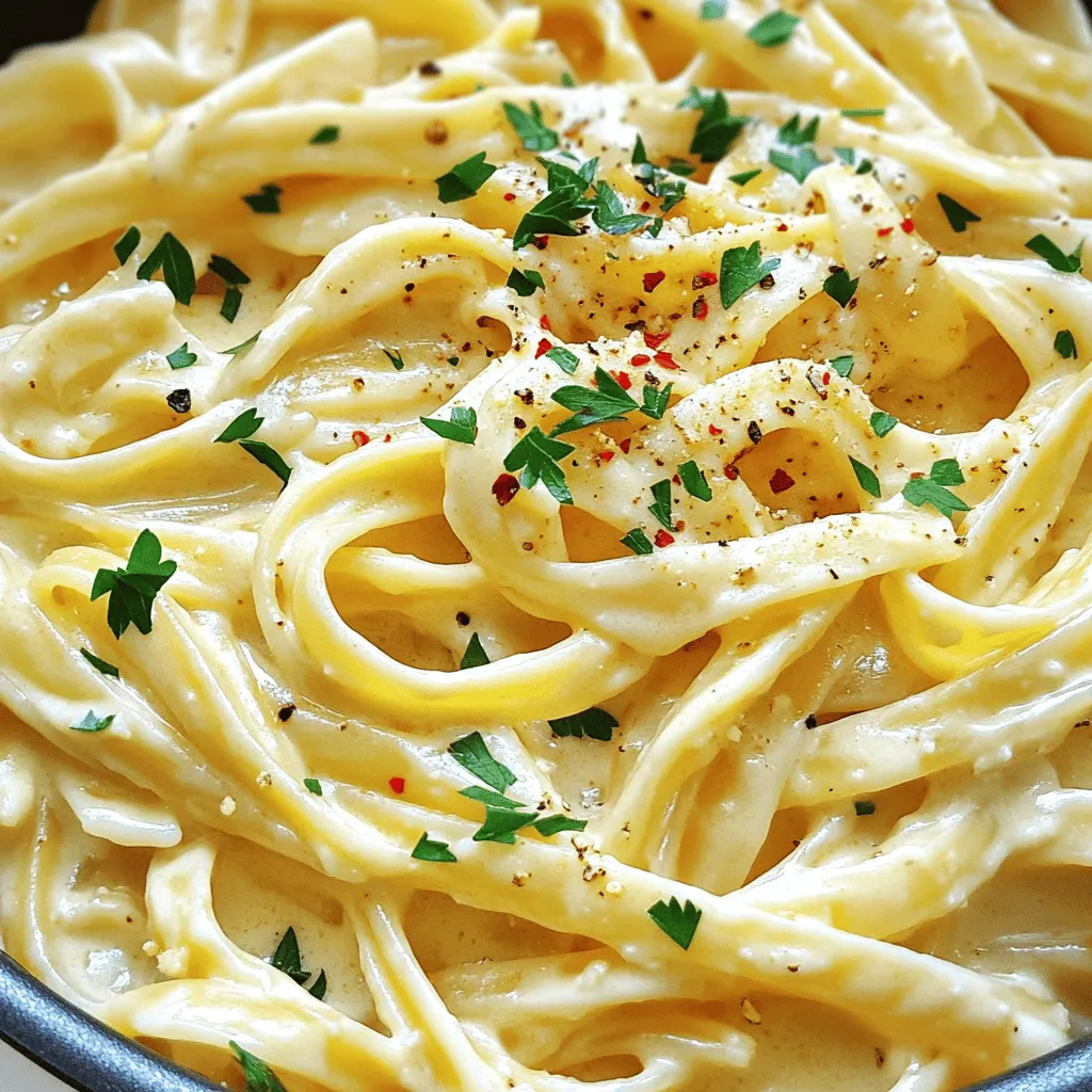 To create a delicious One-Pot Creamy Garlic Pasta, you will need the following ingredients: - 12 oz fettuccine pasta - 4 cups vegetable broth - 1 tablespoon extra virgin olive oil - 6 cloves garlic, finely minced - 1 cup heavy cream - 1 cup freshly grated Parmesan cheese - 1 teaspoon garlic powder - 1 teaspoon onion powder - Salt and freshly cracked black pepper, to taste - Fresh parsley, finely chopped (for garnish) - Red pepper flakes (optional) These ingredients come together to create a dish that is rich and comforting. The fettuccine absorbs the flavors of garlic and broth. The heavy cream and Parmesan add a creamy texture that makes this dish irresistible. To make this recipe, you'll need a few simple tools: - Large pot - Wooden spoon - Measuring cups and spoons These tools help you mix and cook the pasta evenly. A large pot allows the pasta to move freely, making sure it cooks perfectly. This dish is hearty and satisfying. Each serving has around 600 calories. Here’s a quick breakdown: - Carbs: 75g - Fats: 30g - Protein: 15g This pasta is rich in flavor and energy. It makes a great meal for any day of the week. You can find the full recipe above for exact measurements and steps. To start, let's focus on the garlic. Mincing garlic is key. Use a sharp knife and a cutting board. First, remove the skin from each clove. Then, chop the clove into small pieces. For finer bits, sprinkle some salt on it. This helps break it down more. Use the flat side of the knife to press down, then mince. You want it finely chopped, so it blends well in the sauce. Next, it's time to cook the pasta. In a large pot, heat your olive oil over medium heat. Add the minced garlic and sauté it for one to two minutes. Keep stirring to avoid burning. Then, pour in the vegetable broth and bring it to a simmer. Once simmering, add the fettuccine. Stir it to keep the pasta from sticking. Follow the package instructions for cooking time, roughly 10 to 12 minutes. Stir often to ensure even cooking. Now, let’s create the creamy sauce. Once the pasta is cooked al dente, lower the heat. Add in the heavy cream and grated Parmesan cheese. The cheese will melt and blend into the sauce. Mix it well until creamy. If the sauce feels too thick, add a splash of vegetable broth. This helps reach your desired consistency. Taste it and adjust the seasoning with salt and pepper. For a little heat, add red pepper flakes. Don't forget to let it rest before serving. This allows the sauce to thicken and coat every strand of pasta. You can find the full recipe [Full Recipe]. To boost the taste of your One-Pot Creamy Garlic Pasta, try these simple tips: - Fresh Herbs: Add fresh basil or thyme for a fragrant twist. - Cheese Variety: Combine Parmesan with Pecorino Romano for a sharper flavor. - Citrus Zest: A bit of lemon zest adds brightness to the dish. - Heat: Adjust the red pepper flakes to suit your spice level. These tips help you create a dish that fits your taste perfectly. Here are some easy ways to keep your pasta from sticking: - Use Plenty of Liquid: Always ensure there is enough broth in the pot. - Stir Often: Stir the pasta every few minutes while it cooks. - Add Oil: A splash of olive oil in the pot can reduce stickiness. - Don’t Overcrowd: If you double the recipe, cook in batches for best results. Following these tips will make your pasta silky and smooth. One-Pot Creamy Garlic Pasta pairs well with many dishes: - Salad: A fresh green salad with a light vinaigrette is perfect. - Bread: Serve with garlic bread or a crusty baguette for dipping. - Protein: Grilled chicken or shrimp on top adds protein and flavor. - Wine: A crisp white wine like Sauvignon Blanc complements the dish nicely. These ideas will enhance your meal and impress your guests. {{image_4}} You can add protein to your creamy garlic pasta for a heartier meal. Some tasty options include: - Chicken: Cooked, shredded chicken works well. Just stir it in when you add the cream. - Shrimp: Sauté shrimp until pink, then mix them in with the sauce. - Tofu: For a plant-based choice, use firm tofu. Cube it and sauté before adding. These protein options enhance the dish and make it more filling. Adding veggies boosts flavor and nutrition. Here are some great choices: - Spinach: Stir in fresh spinach at the end. It wilts quickly and adds color. - Mushrooms: Sauté sliced mushrooms with garlic for extra depth. - Peas: Frozen peas are easy to add. Just toss them in during the last few minutes of cooking. These veggies create a more vibrant dish while keeping it simple. You can easily make this dish dairy-free. Here are some swaps: - Heavy cream: Use canned coconut milk for a creamy texture without dairy. - Parmesan cheese: Nutritional yeast gives a cheesy flavor without the dairy. These alternatives keep the dish rich and satisfying while meeting dietary needs. For the full recipe, check out the detailed instructions above. For storing One-Pot Creamy Garlic Pasta, use airtight containers. Glass or plastic containers work well. Make sure to cool the pasta to room temperature before sealing. This helps keep it fresh and safe. Reheat your pasta slowly on the stove for the best results. Add a splash of vegetable broth or cream to keep it creamy. Stir gently over low heat until warm. You can also use a microwave, but add moisture to prevent drying out. Cover it to keep the steam in. To freeze One-Pot Creamy Garlic Pasta, portion it into freezer-safe bags or containers. Remove as much air as possible. This prevents freezer burn. When ready to eat, thaw it overnight in the fridge. Reheat gently, adding a bit of broth or cream to restore the creaminess. Enjoy this dish any time with easy prep! For the full recipe, check out the details above. To make this dish gluten-free, simply swap the fettuccine pasta with gluten-free pasta. Many brands offer great options made from rice or corn. Just check the package for cooking times. You can also use spiralized veggies, like zucchini, for a fresh twist. This keeps the dish light and tasty without gluten. If you run out of Parmesan cheese, try nutritional yeast. It gives a cheesy flavor without dairy. You can also use Pecorino Romano, which is similar but saltier. For a vegan option, try cashew cheese or a vegan Parmesan. These substitutes will keep your pasta creamy and flavorful. To reduce creaminess, cut back on the heavy cream. You can use half the amount and add more broth instead. This keeps the dish lighter without losing flavor. Another option is to add more veggies, like spinach or broccoli, to balance the creaminess with freshness. One-Pot Creamy Garlic Pasta is a simple and satisfying dish. We discussed key ingredients, kitchen tools, and nutrition. I shared steps to prepare and tips to enhance flavor. You learned about variations, storage, and reheating tricks. Cooking can be enjoyable and rewarding. Feel free to experiment with flavors and ingredients. Trust your taste buds, and create your perfect dish. Enjoy your cooking journey!