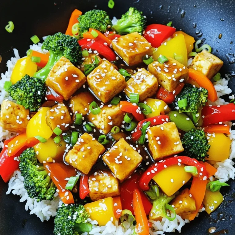 - Firm tofu (14 oz) - Bell peppers (red and yellow) - Broccoli florets - Carrots To create a tasty Teriyaki Tofu Stir Fry, start with good quality firm tofu. This will give you the right texture. I use colorful bell peppers to add sweetness and crunch. Broccoli florets offer a nice green touch and extra nutrients. Carrots bring a slight earthiness and bright color. - Cornstarch - Vegetable oil - Green onions - Garlic and ginger Cornstarch is key to making the tofu crispy, so don't skip it! I use vegetable oil for cooking because it has a high smoke point. Green onions add a fresh bite. Garlic and ginger are my go-to aromatics, adding depth and a warm flavor. - Low-sodium soy sauce - Honey or maple syrup - Rice vinegar - Sesame oil The sauce is what brings everything together. Low-sodium soy sauce keeps it savory without too much salt. Honey or maple syrup balances the flavors with sweetness. Rice vinegar adds a slight tang, while sesame oil gives a rich, nutty taste. For the full recipe, you can check the details provided earlier. First, you need to press and cut the tofu. Start with 14 oz of firm tofu. Press it to remove excess water. This helps the tofu soak up flavors. Cut the tofu into bite-sized cubes. Next, coat the tofu in 2 tablespoons of cornstarch. This step is key for crispiness when you cook it. Heat 1 tablespoon of vegetable oil in a large skillet over medium-high heat. Once hot, add the tofu cubes. Cook them for about 4-5 minutes on each side. You want the tofu to turn golden brown and crispy. Once cooked, remove the tofu and set it aside on a plate. In the same skillet, add another tablespoon of vegetable oil. Toss in sliced red and yellow bell peppers, broccoli florets, and thinly sliced carrot. Stir-fry them for around 5-7 minutes. The goal is to keep them tender yet crisp. They should maintain their bright colors. Next, add minced garlic and grated ginger to the mix. Stir-fry for an extra minute. This will enhance the flavor. In a separate bowl, whisk together soy sauce, honey or maple syrup, rice vinegar, and sesame oil. Pour this sauce over the sautéed veggies. Stir well to coat everything evenly. Finally, gently fold in the crispy tofu. Mix it all together for 2-3 minutes. This allows the tofu to soak up the tasty sauce. For complete details on cooking times and ingredient amounts, check out the Full Recipe. - Achieving crispy tofu: Start with firm tofu. Press it well to remove excess water. Cut it into small cubes. Toss the cubes in cornstarch. This step is key for a crispy texture. When cooking, heat oil until hot. Fry the tofu for about 4-5 minutes on each side. Look for a golden brown color. This means your tofu is crispy and ready. - Timing for sautéing veggies: Cook your veggies after the tofu. Use the same skillet for flavor. Add bell peppers, broccoli, and carrots. Stir-fry for 5-7 minutes. You want them tender but still crisp. - Adjusting sauce sweetness: Start with 2 tablespoons of honey or maple syrup. Taste your sauce as you mix. If you want it sweeter, add more. Balance is key. A little sweetness enhances the overall flavor. - Using fresh ingredients for optimal flavor: Fresh garlic and ginger make a big difference. Use them right before adding to the pan. Fresh veggies also add brightness and crunch. Always aim for the freshest ingredients. - Best sides for Teriyaki Tofu Stir Fry: Serve over fluffy rice or quinoa. Both options soak up the sauce well. Steamed vegetables also pair nicely. They add color and nutrition. - Presentation tips for a beautiful dish: For a great look, use a large bowl. Layer the rice first, then the stir fry. Garnish with green onions and sesame seeds. This makes your dish pop visually and adds flavor. {{image_4}} You can switch up the main protein in your stir fry. Tempeh offers a nutty flavor and is great for vegans. It has a firm texture, much like tofu. Seitan works well too, giving a chewy bite that many meat lovers enjoy. If you want meat, chicken or shrimp can replace the tofu. Simply cut them into bite-sized pieces and cook them until done. Each option brings its unique taste and texture to the dish. Feel free to mix in seasonal veggies. Zucchini, snap peas, or asparagus add fun colors and flavors. Use what you have on hand. Leafy greens are great, too. Spinach or bok choy can wilt down nicely in the stir fry. They add nutrients and a fresh taste. Experiment with different combinations to find your favorite mix. If you need a gluten-free option, use tamari instead of soy sauce. It has a similar flavor and works well in this dish. Want to spice things up? Add chili paste to the sauce. A small spoonful can give a nice kick. Balance the flavors to your liking. Each sauce swap can change the taste and make your stir fry exciting. For the full recipe, check out the complete details in the earlier section. Enjoy your cooking! To keep your Teriyaki Tofu Stir Fry fresh, store leftovers in an airtight container. This helps lock in moisture and flavor. Place the container in the fridge within two hours after cooking. The stir fry stays good for about three to four days. If you want to save some for later, you can freeze this stir fry. Let it cool completely first. Then, transfer it to a freezer-safe container or bag. Remove as much air as possible to prevent freezer burn. Teriyaki Tofu Stir Fry can last up to three months in the freezer. When you’re ready to eat, thaw it overnight in the fridge. Reheat it in a skillet over medium heat. Add a splash of water or oil to help it heat evenly. Stir gently until it's hot throughout. Enjoy your tasty meal again! Making Teriyaki Tofu Stir Fry is quick and easy. The prep time is about 15 minutes. Cooking takes around 15 minutes. In total, you need about 30 minutes. This makes it a great choice for busy nights. Yes, you can! While the classic teriyaki sauce is tasty, feel free to explore. You might try hoisin sauce for a sweet twist. Soy sauce with a dash of chili paste adds heat. Experiment to find your favorite flavor! Yes, it is vegan! The main ingredients like tofu, veggies, and sauce are plant-based. If you use maple syrup instead of honey, it stays vegan. It's a great option for anyone wanting a meat-free meal. You can serve this stir fry with many sides. Steamed rice or quinoa makes a great base. Try adding a simple salad or some crispy spring rolls. These pair well and make your meal even more delicious. For the full recipe, check the recipe section! In summary, we explored how to make a tasty Teriyaki Tofu Stir Fry. We covered the key ingredients, including tofu, fresh veggies, and flavorful sauces. Step-by-step, I showed how to prepare, cook, and combine everything for a perfect dish. You also learned tips for texture, flavor, and storage. This dish is versatile and easy to customize. With these basics, you can enjoy a healthy meal that’s fun to make. Try it out, and feel free to experiment with different ingredients!
