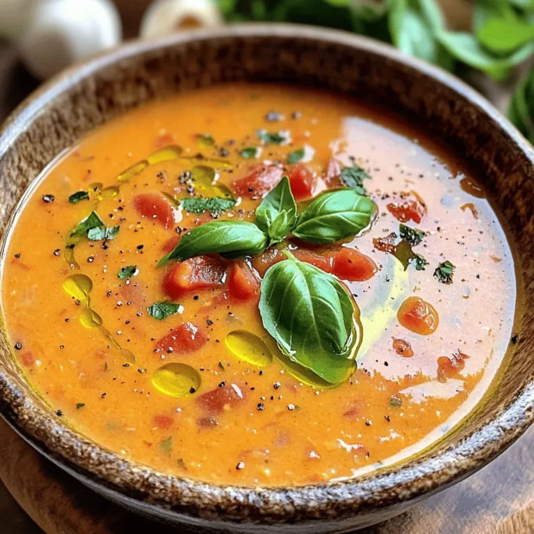 To make this soup, you need simple, fresh ingredients. Here’s what you will gather: - 2 tablespoons extra virgin olive oil - 1 medium onion, finely chopped - 3 cloves garlic, minced - 2 cans (14 oz each) diced tomatoes, undrained - 3 cups vegetable broth - 1 teaspoon granulated sugar - 1 teaspoon dried basil (or 1 tablespoon fresh basil, finely chopped) - 1 cup heavy cream or coconut cream (for a dairy-free alternative) - Salt and freshly cracked black pepper to taste - Fresh basil leaves, torn for garnish These ingredients work together to create a rich and creamy soup. The olive oil adds flavor, while the onions and garlic provide a fragrant base. The tomatoes bring acidity, and the cream gives that luscious texture. Feel free to add your personal touch to this soup. Here are some optional ingredients you might try: - A pinch of red pepper flakes for heat - 1/2 cup grated Parmesan cheese for extra richness - A splash of balsamic vinegar for depth - Fresh herbs like thyme or oregano for added flavor These ingredients can enhance the taste and make the soup unique. Go ahead and experiment with what you have on hand! You can easily adapt this recipe to suit your needs. Here are some substitutions: - For a vegan option, use coconut cream instead of heavy cream. - Swap vegetable broth for chicken broth if you prefer. - If you don’t have canned tomatoes, use fresh tomatoes (about 4 cups, chopped) instead. These substitutions keep the soup tasty while catering to different diets. Enjoy the process of creating your version! For the full recipe, check out the [Full Recipe]. First, gather your ingredients. You will need olive oil, onion, garlic, diced tomatoes, vegetable broth, sugar, dried basil, and heavy cream. Start by heating the olive oil in a large pot over medium heat. When the oil shimmers, add the chopped onion. Sauté until it’s soft and translucent, about five minutes. Then, mix in the minced garlic and cook for one to two minutes. You want the garlic fragrant but not browned. Next, pour in the undrained diced tomatoes and all their juices. Add vegetable broth, granulated sugar, and dried basil. Raise the heat and bring this mixture to a gentle boil. Once it starts boiling, lower the heat and let it simmer uncovered for about 15 to 20 minutes. This helps all the flavors blend together beautifully. After simmering, it’s time to blend the soup. If you have an immersion blender, use it directly in the pot for a smooth texture. If you don’t, carefully ladle the soup into a countertop blender. Blend until smooth, then return it to the pot. This step is vital for that creamy mouthfeel you want in your soup. Now, stir in the heavy cream or coconut cream. This adds richness and creaminess. Heat the soup over low heat until it’s warmed through. Taste the soup and add salt and freshly cracked black pepper to your liking. Finally, serve it hot and garnish with torn fresh basil leaves. This adds a fresh burst of flavor and a pop of color. For the full recipe, check the recipe section above. Enjoy your delightful creamy tomato basil soup! To make your creamy tomato basil soup pop, focus on fresh ingredients. Use ripe, juicy tomatoes if possible. Fresh basil adds a bright taste. If using dried basil, let it soak in the broth for a few minutes. This helps release its flavor. A touch of sugar balances the acidity from the tomatoes. You can also add a splash of balsamic vinegar for depth. You need just a few tools for this recipe. A large pot helps cook the soup evenly. An immersion blender is great for a smooth texture. If you don’t have one, a regular blender works too. A sharp knife and cutting board make chopping easy. Use measuring cups for accuracy when adding ingredients. Serving soup nicely can make it even more enjoyable. Use bowls that are warm to keep the soup hot. Drizzle a little cream or olive oil on top for a fancy touch. Add fresh basil leaves to brighten the dish. For a complete meal, pair the soup with crusty bread. This adds texture and flavor, making your meal complete. Check the Full Recipe for more details. {{image_4}} You can make a dairy-free version of this creamy soup. Swap heavy cream with coconut cream. It adds a nice flavor and keeps it rich. Use vegetable broth as your base. This way, you can enjoy the soup without dairy. If you like heat, add red pepper flakes. Start with a pinch and taste as you go. You can also add diced jalapeños for more spice. This twist gives your soup a nice kick while keeping the tomato and basil flavors. Add more depth by mixing in roasted red peppers. They add sweetness and a smoky flavor. Another option is to stir in cooked lentils for protein. You can also toss in some spinach for extra greens. These additions make the soup heartier and even more delicious. Feel free to explore these variations to make your creamy tomato basil soup your own. For the full recipe, check out the detailed instructions above. To store leftover soup, let it cool first. Use an airtight container. Pour the soup into the container and seal it tightly. You can keep it in the fridge for up to three days. When you want to enjoy it again, simply take it out and reheat. If you want to keep the soup longer, freezing is a great option. Use freezer-safe containers or bags. Make sure to leave some space in the container, as soup expands when frozen. Label the containers with the date. Frozen soup lasts for about three months. This way, you have a quick meal ready to go! When reheating, use a pot on the stove for best results. Heat over low to medium, stirring often. This helps the soup heat evenly. If you find it thick, add a splash of vegetable broth or water. Taste and adjust the seasoning if needed. Your soup should taste just as good as when you made it fresh! You can find the full recipe to make this delicious soup and more tips on how to enjoy it. You can serve many tasty sides with Creamy Tomato Basil Soup. Here are some ideas: - Grilled cheese sandwiches for a classic combo. - Crusty bread to dip into the soup. - A fresh green salad for a light touch. - Garlic bread for extra flavor. These options will make your meal feel complete and satisfying. Yes, you can use fresh tomatoes! They add a great taste. For best results, use ripe tomatoes. Aim for about 8-10 medium tomatoes, peeled and chopped. You may need to adjust the broth and seasoning since fresh tomatoes have more water. This switch can bring a fresh twist to your soup. Creamy Tomato Basil Soup lasts about 3-4 days in the fridge. Store it in an airtight container to keep it fresh. If you want it to last longer, consider freezing it. Just make sure to leave space in the container, as it will expand when frozen. The ingredients in Creamy Tomato Basil Soup offer many health benefits: - Tomatoes are rich in vitamins and antioxidants. - Olive oil contains healthy fats that support heart health. - Basil has anti-inflammatory properties and adds flavor without calories. - Garlic boosts the immune system and adds taste. - Onions provide vitamins and may help reduce blood pressure. Using fresh or canned ingredients can keep your soup both delicious and nutritious. For the complete recipe, check the [Full Recipe]. You learned how to make creamy tomato basil soup. We explored the main ingredients and ways to customize them. I shared easy steps to achieve a perfect blend and tips for flavor. You can try fun variations and know how to store leftovers. Use this guide to create a delicious meal. Enjoy making this soup now and impress your family. Your cooking skills will shine brightly with every bowl you serve. Remember, cooking should be fun and easy!