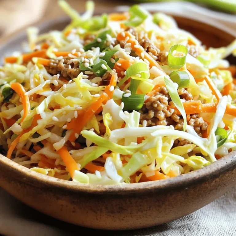 - 1 lb ground chicken or turkey - 3 cups coleslaw mix - 1 tablespoon sesame oil - 2 cloves garlic, finely minced - 1 tablespoon fresh ginger, finely minced - 3 tablespoons soy sauce - 1 tablespoon rice vinegar - 2 green onions, thinly sliced - 1 teaspoon red pepper flakes (optional) - Salt and black pepper to taste - Sesame seeds for garnish To make a tasty Egg Roll in a Bowl, you need simple ingredients. Ground chicken or turkey gives this dish its protein. I often use chicken for a lighter flavor. The coleslaw mix adds crunch and vibrant color. Garlic and ginger provide a fragrant base. They brighten up the whole dish. For seasoning, soy sauce is key. It adds umami, a savory taste that makes everything better. Rice vinegar adds a tangy note. Adjust the amount to match your taste. Green onions add freshness and a bit of bite. Red pepper flakes can make it spicy, but it's optional. Don’t forget the sesame seeds for garnish. They add texture and a nutty flavor. You can find the full recipe [here](Full Recipe). - Heat 1 tablespoon of sesame oil in a skillet over medium heat. - Add 1 pound of ground chicken or turkey. Cook for 5-7 minutes. Stir often and break the meat apart with a spatula. You want it evenly browned. - Sauté 2 cloves of minced garlic and 1 tablespoon of minced ginger in the skillet. - After 1-2 minutes, the smell will be amazing. - Stir in 3 cups of coleslaw mix. Toss it all together. Cook for 3-4 minutes. The cabbage and carrots should be tender but still have a nice crunch. - Pour in 3 tablespoons of soy sauce and 1 tablespoon of rice vinegar. - Stir well to mix all the flavors. - Cook for another 2-3 minutes until everything is hot. - Season to taste with salt and black pepper. If you like spice, add 1 teaspoon of red pepper flakes. - Remove it from the heat, then fold in 2 sliced green onions. Save some for garnish. This recipe is quick and packs a lot of flavor. You can find the full recipe above for more details. To make your egg roll in a bowl great, cook the protein evenly. Start with medium heat and break apart the meat as it cooks. This helps it brown nicely. Next, don't let the coleslaw mix overcook. You want the cabbage and carrots to stay a bit crunchy. Cook them just until they soften, around 3-4 minutes. You can change the protein to fit your taste. Ground beef or tofu works well, too. For extra nutrition, add more veggies. Bell peppers, snap peas, or mushrooms can bring more color and flavor. Get creative with what you have! Garnish your dish with sesame seeds for a nice touch. Serve it in colorful bowls to make it pop. A side of soy sauce or a spicy dip adds to the appeal. These small details make a big difference in how the meal looks and tastes. {{image_4}} You can make your egg roll in a bowl even more exciting! Try adding spice for a kick. Just toss in some extra chopped peppers. Jalapeños or serranos work great. This will give you a spicy egg roll in a bowl that warms you up. For a twist, use different sauces. A splash of hoisin or sriracha adds depth. You can even mix soy sauce with a bit of sesame oil. This adds layers of flavor that make your dish unique. If you need a gluten-free option, swap regular soy sauce for tamari. It has a similar taste but keeps it safe for gluten-free diets. You won’t lose any flavor with this switch! For those who prefer vegetarian or vegan meals, simply replace the ground meat with tofu or tempeh. Cube your choice and cook it just like the meat. Add extra veggies like bell peppers or mushrooms for more texture and flavor. You can still enjoy this dish while sticking to your diet. Check the Full Recipe for more details! To keep your egg roll in a bowl fresh, follow these steps: - Cool down leftovers to room temperature before storing. - Use airtight containers to prevent moisture loss. - Store in the fridge for up to three days. For longer storage, you can freeze it. Use freezer-safe containers or bags. Label them with the date. This way, you know how long it has been. Frozen leftovers will stay fresh for up to three months. When you're ready to enjoy your leftovers, reheating properly is key. Here are some ways to do it: - Microwave: Place in a microwave-safe bowl. Cover it with a lid or a damp paper towel. Heat in 30-second intervals until warmed through. - Stovetop: Heat a skillet over medium heat. Add a splash of water or broth to help steam it. Stir gently until heated. To keep the flavor and texture, avoid overheating. If you want to add a bit more flavor, drizzle some soy sauce as you reheat. This will bring back that yummy taste! This dish is both tasty and healthy. Each serving has about 350 calories. You get around 30 grams of protein from the ground chicken or turkey. The coleslaw mix adds fiber and vitamins. It has about 10 grams of carbs. You also get healthy fats from sesame oil. This meal is low in sugar, making it a smart choice for many diets. Yes, you can prep this dish ahead of time. Cook it, then store it in the fridge. Use an airtight container to keep it fresh. It stays good for up to four days. Just reheat it in a skillet or microwave when you're ready to eat. This makes it easy for busy days. Absolutely! Egg Roll in a Bowl is great for meal prep. You can make a big batch on the weekend. Portion it into containers for easy lunches or dinners. To save time, chop the veggies and measure the sauces ahead. This way, you can quickly cook it during the week. You can boost the flavor easily. Try adding soy sauce or hoisin sauce for more depth. A splash of sesame oil adds richness. For a spicy kick, mix in sriracha or chili paste. Fresh herbs like cilantro or basil can brighten the dish. You can also sprinkle sesame seeds on top for added crunch. To make a great Egg Roll in a Bowl, avoid overcooking the meat. Cook it just until brown for the best taste. Don’t let the coleslaw mix get too soft; it should still have crunch. Lastly, measure your sauces and spices carefully. Too much soy sauce can make it salty. Follow the Full Recipe for the best results. Egg Roll in a Bowl is simple and tasty. You learned about key ingredients, cooking steps, and helpful tips. You also saw various ways to customize and adapt the recipe. Storing leftovers correctly helps keep your meal fresh. Remember, avoid common mistakes for the best results. Enjoy this easy dish any time. It's a great way to eat delicious food without much fuss. Now, get cooking and have fun with flavors!