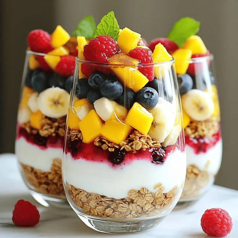 - 2 cups Greek yogurt - 1 cup granola - 1 cup mixed fresh berries - 1 ripe mango - 1 banana - 2 tablespoons honey or agave syrup - 1 teaspoon vanilla extract - A sprinkle of cinnamon or nutmeg - Fresh mint leaves - Extra fruit slices In this recipe, we focus on fresh and simple ingredients. Greek yogurt is creamy and packed with protein. Granola adds a nice crunch, while mixed fresh berries bring bright flavors and colors. You can choose any berries you like, such as strawberries, blueberries, or raspberries. For extra fruit, ripe mango and banana add sweetness and texture. Honey or agave syrup sweetens the yogurt, while vanilla extract gives it a lovely aroma. If you like spice, adding cinnamon or nutmeg can boost the flavor. For garnishing, fresh mint leaves provide a pop of color and a refreshing taste. You can also add extra fruit slices on top for more visual appeal. This parfait is not only tasty but also healthy and fun to make! Check out the [Full Recipe] for more details. To start, grab a medium mixing bowl. Add 2 cups of Greek yogurt to the bowl. You can choose plain yogurt for a tart flavor or vanilla for sweetness. Next, add 2 tablespoons of honey or agave syrup. This will sweeten the yogurt nicely. Don't forget to add 1 teaspoon of vanilla extract for extra flavor. Use a whisk or spatula to mix everything well. Make sure it is smooth and creamy. Set the bowl aside to let the flavors blend. Now, choose your serving glasses or bowls. Begin with a generous scoop of the yogurt mixture. This is your first layer. Next, sprinkle 1 cup of granola on top. This adds a nice crunch and texture to your parfait. Make sure to spread it evenly. It's time for the fun part—adding fruits! Start by distributing 1 cup of mixed fresh berries over the granola. Use strawberries, blueberries, and raspberries for a colorful look. Then, add 1 ripe diced mango and some banana slices. Layer them nicely for that tropical feel. Keep layering until your glasses are nearly full. Finish with one more dollop of yogurt on top. Drizzle any leftover honey or agave syrup over this layer. If you like, sprinkle some cinnamon or nutmeg for warmth. Finally, top each parfait with fresh mint leaves. This adds a pop of color and freshness. For the full process, check the [Full Recipe]. When making a Fruit and Yogurt Parfait, the yogurt you choose matters. You can pick plain or flavored yogurt. - Plain yogurt offers a tart taste. This is great if you want to balance sweet fruits. - Flavored yogurt adds sweetness. This works well if you prefer a sweeter treat. If you want a dairy-free option, try coconut or almond yogurt. They add a tasty twist too. Granola adds crunch and flavor to your parfait. Picking the right granola can make a big difference. - Nutty varieties add protein and richness. Honey-flavored granola gives a sweet touch. - You can also make your own granola. This way, you can customize it with your favorite nuts and seeds. Layering is key to a great parfait. It makes your dish look beautiful and tasty. - Start with yogurt at the bottom. This forms a solid base. - Next, add granola for texture. This creates a nice crunch. - Follow with fruits. You can use berries, mango, or banana. Aim for colorful layers. - Repeat the layers until you reach the top. Finish with yogurt for a lovely look. By balancing flavors and textures, you create a pleasing and enjoyable treat. Use these tips to make your own fruity oasis with the Full Recipe! {{image_4}} You can use many fruits in your parfait. I love to pick seasonal fruits. In summer, juicy peaches and cherries shine. In fall, crisp apples and pears are great. Winter brings sweet citrus like oranges and grapefruits. Spring is perfect for strawberries and fresh berries. Tropical fruits also bring fun to your parfait. Try pineapple, kiwi, or passion fruit for a sunny twist. Mixing exotic fruits like dragon fruit will impress your family and friends. You can explore and find your favorites! To make your parfait even better, add healthy seeds or nuts. Chopped almonds, walnuts, or pecans add crunch and flavor. They also give you good fats and protein. Superfoods like chia or flaxseeds are fantastic too. They boost nutrition without changing taste. Just a tablespoon makes a big difference. Mixing them in your yogurt keeps it creamy and flavorful. Choosing different yogurt flavors can change your parfait game. Greek yogurt brings a nice tang. Vanilla adds sweetness. You can also find flavored yogurts like berry or coconut. For more fun, try flavored syrups or extracts. A hint of almond extract or a drizzle of maple syrup can elevate your dish. Experiment and find what you enjoy most. For the full recipe, check out the Fruity Oasis Yogurt Parfait! To keep your parfait fresh, store it in the fridge. Use an air-tight container to prevent it from drying out. If you made a large batch, separate layers in different containers. This keeps the granola crunchy and the fruits fresh. You can store parfaits in the fridge for up to three days. This works best if you layer them right before eating. If you assemble them too soon, the granola might get soggy. Can you freeze parfaits? Yes, but it’s better to freeze the components separately. Freeze yogurt and fruits in air-tight bags. Granola can also freeze well. To eat, simply thaw them in the fridge overnight. Then, layer them like before! You can use plant-based yogurt for a dairy-free option. Best non-dairy yogurt alternatives include almond, coconut, and soy yogurt. These options offer good flavor and texture. Almond yogurt gives a light taste. Coconut yogurt adds creaminess. Soy yogurt packs protein like dairy yogurt. Make sure to check for added sugars in these products. Yes, you can make parfaits ahead of time! This makes breakfast or snacks easy. I suggest layering the yogurt and fruits, then storing them in airtight containers. Keep granola separate until serving. This way, granola stays crunchy. You can store prepared parfaits in the fridge for up to three days. There are many tasty, healthy toppings you can add. Some low-calorie and nutritious options include: - Chia seeds - Flaxseeds - Shredded coconut - Sliced almonds - Pumpkin seeds - Fresh herbs like basil These toppings boost nutrition and add great texture. You can mix and match for fun flavors! Enjoy experimenting with different combinations to find your favorite. This parfait is a fun and tasty way to enjoy healthy snacks. We started with Greek yogurt mixed with sweeteners for flavor. Then, we layered it with crunchy granola and fresh fruits, choosing from berries, mango, or banana. You can customize with spices and garnishes for extra appeal. Remember, the key is to balance flavors and textures. Choose your favorite ingredients and enjoy making this treat. Healthy eating can be fun, easy, and delicious!