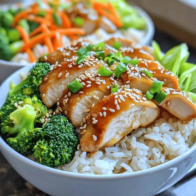 - Rice and Proteins - 2 cups jasmine rice - 4 boneless, skinless chicken thighs (or breasts) - Marinade Components - ½ cup low-sodium soy sauce - ¼ cup honey - 2 tablespoons rice vinegar - 2 tablespoons sesame oil - 2 cloves garlic, minced - 1 tablespoon fresh ginger, grated - 1 tablespoon cornstarch mixed with 2 tablespoons water (for thickening the sauce) - Vegetables and Garnishes - 1 cup broccoli florets - 1 carrot, julienned - 2 green onions, sliced - Sesame seeds, for garnish - Salt and pepper to taste To make Teriyaki Chicken Rice Bowls, start with these simple ingredients. Jasmine rice gives a nice flavor and texture. Chicken thighs or breasts work well, but I prefer thighs for their juiciness. The marinade blends soy sauce, honey, rice vinegar, sesame oil, garlic, and ginger. This mix packs a punch of flavor. For the veggies, broccoli and carrots add color and crunch. Green onions and sesame seeds make great toppings. They bring extra flavor and a bit of fun. You can find the full recipe in the previous section. It’s all about using fresh ingredients and your creativity. Enjoy cooking! To make perfect rice, start with jasmine rice. Use a ratio of 1 cup rice to 2 cups water. Rinse the rice in cold water to remove excess starch. This helps keep it fluffy. After rinsing, add water and rice to a pot. Bring it to a boil over high heat. Once boiling, lower the heat, cover, and simmer for 15 minutes. Let it sit off the heat for 5 minutes. Fluff the rice gently with a fork before serving. Marinating chicken is key for great flavor. The marinade adds depth and moisture. For this dish, mix soy sauce, honey, rice vinegar, sesame oil, garlic, and ginger. Place the chicken in the marinade, making sure it is well-coated. Let it marinate for at least 30 minutes at room temperature. For even better flavor, refrigerate up to 24 hours. To cook the chicken, heat a large skillet over medium heat. Add the marinated chicken, saving the leftover marinade for later. Cook the chicken for 5-7 minutes on each side. Look for a golden-brown color. Check the internal temperature; it should reach 165°F. Once done, let the chicken rest for a few minutes. Then, slice it into thin strips. Stir-frying vegetables is quick and easy. In the same skillet, add broccoli florets and julienned carrots. Cook for 3-4 minutes. The veggies should be bright and tender-crisp. This keeps them fresh and flavorful. Stir-frying keeps their nutrients intact, too. To make the teriyaki sauce, pour the reserved marinade back into the skillet. Bring it to a gentle simmer. Mix cornstarch with water to thicken the sauce. Slowly stir it into the simmering marinade. Cook for 2-3 minutes, stirring often. The sauce should thicken nicely and have a balanced flavor. Now, it’s time to put everything together. Start with a base of jasmine rice in each bowl. Add the sliced chicken on top. Then, pile on the stir-fried broccoli and carrots. Drizzle with the thickened teriyaki sauce. For a beautiful touch, sprinkle sliced green onions and sesame seeds on top. This creates a colorful and tasty meal. Enjoy your Teriyaki Chicken Rice Bowls! To make your teriyaki chicken even tastier, try using different marinade ingredients. Instead of honey, you can use maple syrup or brown sugar for a rich taste. Adding a splash of orange juice gives a bright twist too. If you like heat, add sriracha or red pepper flakes to the marinade. This will give your dish a nice kick. When it comes to cooking, you can use a skillet or grill for the chicken. Skillets give you a nice sear and keep the chicken juicy. Grilling adds a smoky flavor but requires more attention. For meal prep, cook extra chicken and rice. This way, you can enjoy quick meals later in the week. Pair your teriyaki chicken rice bowl with simple sides. Steamed edamame or a fresh cucumber salad work well. If you have leftovers, use the chicken in wraps or salads. This keeps your meals exciting and reduces waste. You can also mix it into fried rice for a tasty twist. {{image_4}} For a vegetarian version, you can easily swap chicken for tofu. Firm tofu works best. Press it to remove water before cutting it into cubes. You can marinate it the same way as chicken. Add more veggies to boost flavor and color. Consider bell peppers, snap peas, or mushrooms. This adds texture and nutrients. Stir-fry these veggies with your tofu for a tasty mix. If you want a different protein, beef works well too. Use thin slices of flank steak or sirloin. Cook them for about 3-4 minutes on each side. Check for doneness; it should be medium-rare to medium. Tofu is also a great option. Follow the same cooking tips as above. It takes less time than chicken, so adjust your cooking time. Need a gluten-free option? Use tamari instead of soy sauce. It has a similar taste and works well in the marinade. If you're short on time, store-bought teriyaki sauce can be a quick fix. Just look for a brand that uses clean ingredients. You can still add garlic and ginger for extra flavor. These variations allow you to enjoy teriyaki rice bowls in many ways. Whether you prefer meat or veggies, the flavor remains rich and satisfying. For the full recipe, check out the recipe section. After enjoying your Teriyaki Chicken Rice Bowls, you may have some leftovers. To keep them fresh, follow these tips: - Best Storage Practices: Place the leftovers in an airtight container. This helps prevent moisture loss and keeps the food safe. - Recommended Time Frame: Store in the fridge for up to three days. If you wait longer, the flavors may change and the texture can become less appealing. If you want to keep your meal even longer, try freezing it. Here’s how: - Freezing Cooked Rice: You can freeze the rice separately. Spread it on a baking sheet to cool. Once cool, transfer it to a freezer bag. This keeps the rice fluffy when you reheat it. - Thawing and Reheating Methods: To thaw, place it in the fridge overnight or use the microwave. Reheat in a pan over low heat. Add a splash of water to keep it moist. Enjoy your Teriyaki Chicken Rice Bowls anytime! For Teriyaki Chicken Rice Bowls, jasmine rice is a top choice. It has a soft, sticky texture that holds sauces well. You can also use short-grain rice for a similar effect. Long-grain rice, like basmati, is less sticky and may not soak up the sauce as well. Yes, you can make Teriyaki Chicken Rice Bowls ahead of time. The chicken and rice store well. Cook the chicken and veggies, then let them cool. Place them in containers and keep them in the fridge. They last up to three days. Reheat in the microwave or on the stove before serving. To reduce the sweetness of the teriyaki sauce, cut back on honey. You can also add more soy sauce to balance it out. Consider using less honey and more vinegar. This will give you a nice tang without the extra sweetness. Common sides for Teriyaki Chicken Rice Bowls include: - Steamed edamame - Cucumber salad - Miso soup - Pickled vegetables - Seaweed salad These sides add flavor and texture to your meal. They also help create a more complete dining experience. In this post, we explored how to make tasty Teriyaki Chicken Rice Bowls. You learned about key ingredients like rice, proteins, and flavorful sauces. We discussed cooking rice perfectly and marinating chicken for the best taste. You now have tips for enhancing flavor and storing leftovers. Whether you choose chicken, beef, or veggies, these bowls can fit any taste. Enjoy making your own delicious meals and feel free to try different variations!