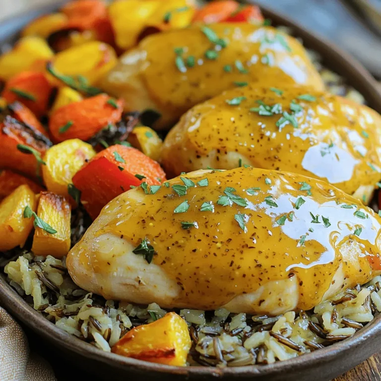 To make this tasty honey mustard chicken, you will need: - 4 boneless, skinless chicken breasts - 1/3 cup honey - 1/3 cup Dijon mustard - 2 tablespoons apple cider vinegar - 1 tablespoon extra virgin olive oil - 2 garlic cloves, finely minced - 1 teaspoon dried thyme - Salt and freshly cracked pepper, to taste These ingredients combine to create a sweet and tangy flavor that makes chicken truly shine. The honey adds sweetness while the Dijon mustard gives it a nice kick. Apple cider vinegar brightens the taste, making it well-rounded. You can elevate your dish with a few simple garnishes: - Fresh parsley, chopped - Lemon wedges - Sesame seeds Fresh parsley not only adds color but also a fresh taste. Lemon wedges give a zesty kick, while sesame seeds add crunch. If you don’t have some ingredients on hand, here are some easy swaps: - Use yellow mustard instead of Dijon for a milder flavor. - Maple syrup can replace honey for a different sweetness. - Red wine vinegar can work in place of apple cider vinegar. These substitutes can help you adapt the recipe to what you have at home. Feel free to experiment and find your favorite version. For the full recipe, check out the Honey Mustard Chicken Delight. 1. Preheat the Oven: Start by setting your oven to 375°F (190°C). This helps cook the chicken evenly. 2. Prepare the Marinade: In a medium bowl, whisk together the honey, Dijon mustard, apple cider vinegar, olive oil, minced garlic, and dried thyme. Add a pinch of salt and pepper. Mix well until smooth. 3. Marinate the Chicken: Place chicken breasts in a resealable bag or shallow dish. Pour the honey mustard marinade over them. Make sure each piece is coated well. Seal the bag or cover the dish. Let it marinate in the fridge for at least 30 minutes. For more flavor, marinate for up to 2 hours. 4. Bake the Chicken: After marinating, take the chicken out of the fridge. Remove it from the marinade, but keep the marinade for later. Place the chicken in a baking dish, spaced apart. Bake for about 25-30 minutes. The chicken is done when juices run clear and it reaches 165°F (75°C). 5. Make a Glaze: While the chicken bakes, pour the reserved marinade into a small saucepan. Heat over medium until it boils. Lower the heat and let it simmer for about 5 minutes until it thickens slightly. 6. Glaze the Chicken: Once baked, take the chicken out of the oven. Use a brush to coat the top of each breast with the thickened glaze. Return the dish to the oven for another 5 minutes. This step adds a nice shine and extra flavor. 7. Serve: After glazing, let the chicken rest for a few minutes. This helps keep it juicy. Slice and serve warm, garnished with chopped parsley for a nice touch. For more details, check the Full Recipe. Enjoy your meal! Marinating chicken is key for flavor. I suggest marinating for at least 30 minutes. For deeper flavor, go up to 2 hours. Use a resealable bag or a dish. Make sure each piece is well-coated. This helps the chicken absorb all the tasty goodness. To keep your chicken juicy, cook it at the right temperature. Set your oven to 375°F (190°C). Always check the internal temperature. It should reach 165°F (75°C). Let the chicken rest for a few minutes after cooking. This allows the juices to spread evenly. Make your dish look great with simple touches. Serve the honey mustard chicken on a bed of wild rice. Add colorful roasted veggies on the side. Drizzle any leftover glaze over the chicken. This adds extra flavor and a nice shine. Don’t forget to sprinkle fresh parsley on top for a pop of color. For the full recipe, check out the links provided. {{image_4}} You can boost the flavor of honey mustard chicken by adding herbs. Fresh herbs like rosemary, basil, or oregano work well. Just chop them finely and mix them into the marinade. This adds a great aroma and taste. You can also use dried herbs if fresh ones are not available. The key is to find a balance that enhances the sweet and tangy notes of the honey mustard. Grilling honey mustard chicken adds a smoky flavor. To grill, marinate the chicken as usual. Preheat your grill to medium-high heat. Place the marinated chicken on the grill. Cook each side for about 6 to 7 minutes. Make sure the internal temperature reaches 165°F (75°C). This method gives you juicy, tender chicken with beautiful grill marks. Honey mustard chicken is perfect for meal prep. You can make a big batch and store it for later. After cooking, let the chicken cool. Then, slice it and place it in meal prep containers. Pair it with rice or veggies. Store it in the fridge for up to four days. For extra flavor, drizzle some leftover glaze on top. This makes a quick and tasty meal option on busy days. For the full recipe, check out the Honey Mustard Chicken Delight . To store leftover honey mustard chicken, first let it cool down. Place the chicken in an airtight container. It should last in the fridge for about three to four days. Always make sure to cover it well to keep it fresh. If you have leftover glaze, store it separately. This way, the chicken stays juicy and tasty. When reheating, aim to keep the chicken moist. You can use the oven or the microwave. For the oven, set it to 350°F (175°C). Place the chicken in a baking dish with a splash of water. Cover it with foil to trap steam. Heat for about 15-20 minutes. This method keeps the chicken tender. If using a microwave, cover the chicken with a damp paper towel. Heat in short bursts until warm. This helps maintain flavor and texture. Freezing is a great option if you have extra honey mustard chicken. First, let it cool completely. Wrap each piece tightly in plastic wrap. Then, place the wrapped chicken in a freezer-safe bag. Label the bag with the date. You can freeze it for up to three months. To thaw, move it to the fridge overnight. Once thawed, reheat it as mentioned earlier for the best taste. You can serve honey mustard chicken with many tasty sides. Good choices include: - Steamed broccoli - Mashed potatoes - Wild rice - Roasted carrots - Mixed green salad These sides bring out the chicken’s flavor and make a great meal. Yes, you can make honey mustard chicken ahead of time. Marinate the chicken and store it in the fridge. You can let it sit for up to two hours for great flavor. You can also bake it in advance. Just reheat it before serving. Honey mustard chicken can be part of a healthy meal. Chicken is a good source of protein. Honey adds sweetness, but it adds sugar too. Use less honey if you want to cut sugar. Pair it with veggies for a balanced dish. If you don’t have Dijon mustard, you can use yellow mustard instead. It has a different taste, but it still works well. Mix it with honey and vinegar to get a nice flavor. This way, you can still enjoy honey mustard chicken without Dijon. For the full recipe, check out the earlier section. Honey mustard chicken offers tasty simplicity. We explored key ingredients, preparation, and cooking methods. I shared tips for perfect marinating, cooking, and serving. You can switch up flavors with herbs or grilling. Storing and reheating your chicken is easy for leftovers or meal prep. In the end, honey mustard chicken is a great choice. It’s simple, delicious, and customizable. Enjoy making this dish your own!
