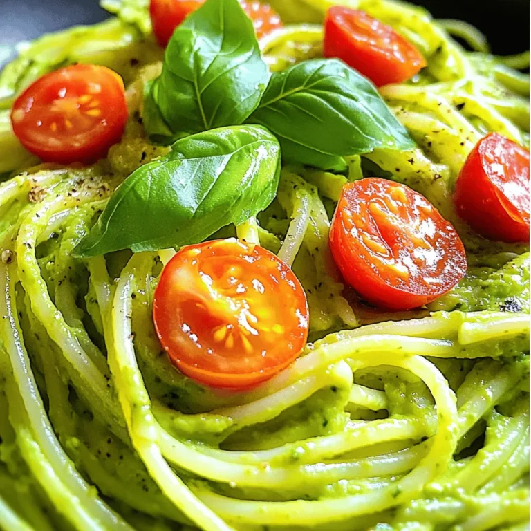 To make creamy avocado pasta, you need some key ingredients. Here’s what you’ll need: - 2 ripe avocados, pitted and peeled - 2 cloves garlic, finely minced - 1 tablespoon fresh lemon juice (about half a lemon) - 1/4 cup fresh basil leaves, packed - 1/4 cup grated Parmesan cheese (or nutritional yeast for a vegan option) - 1/2 teaspoon red pepper flakes (optional, for a spicy kick) - Salt and freshly ground black pepper to taste - 8 oz spaghetti or your preferred pasta (like fettuccine or penne) - 2 tablespoons extra-virgin olive oil - 1/4 cup cherry tomatoes, halved (for garnish) - Extra basil leaves for garnish These ingredients blend together to create a smooth and creamy sauce that coats the pasta perfectly. You can customize your creamy avocado pasta with optional ingredients. Here are some ideas: - Pine nuts or walnuts for crunch - Spinach or arugula for added greens - Lemon zest for extra freshness - Grilled chicken or shrimp for protein - Capers for a briny flavor Feel free to explore these options to make the dish your own! Creamy avocado pasta is not only tasty but also nutritious. Here’s a quick breakdown: - Avocados: Packed with healthy fats, fiber, and vitamins. - Garlic: Offers health benefits and adds flavor. - Basil: Contains antioxidants and is low in calories. - Parmesan cheese: Provides protein and calcium. This dish is a great way to enjoy a healthy meal while satisfying your taste buds. For the full recipe, check out the details above! First, grab a large pot. Fill it with water and add salt. Bring the water to a boil. Once the water bubbles, add your pasta. Cook it according to the package instructions, usually about 8-10 minutes for spaghetti. Stir the pasta often to prevent it from sticking. When it's done, save 1/2 cup of the pasta water. Drain the pasta and set it aside while you make the sauce. Now, take your food processor. Add the ripe avocados, minced garlic, and fresh lemon juice. Toss in the basil leaves and grated Parmesan cheese, too. If you like a little heat, add red pepper flakes. Don’t forget a pinch of salt and pepper. Blend everything until it’s smooth and creamy. If the sauce looks too thick, add a bit of the reserved pasta water until it’s just right. In a big mixing bowl, add the drained pasta. Pour the creamy avocado sauce over the pasta. Gently toss them together until every piece of pasta is covered. Drizzle the extra-virgin olive oil over the top. Toss again to mix everything well. Now, your creamy avocado pasta is ready to serve. Enjoy it with garnished cherry tomatoes and fresh basil leaves for a beautiful dish. For more detailed steps, check out the Full Recipe. To make the sauce just right, start with ripe avocados. They should feel soft but not mushy. When you blend the ingredients, you want a smooth and creamy texture. If the sauce is too thick, add small amounts of the reserved pasta water. Blend again until you reach your desired creaminess. This method helps you avoid a watery sauce. Remember, it's easier to add more water than to take it away. For a beautiful plate, use shallow bowls. Place the creamy avocado pasta in the center and top it with halved cherry tomatoes. Add fresh basil leaves on top for color. A sprinkle of extra Parmesan cheese can make it pop. You can also squeeze lemon juice over the dish right before serving for a fresh taste. This small touch adds a lot of flavor and makes your dish look fancy. One common mistake is using unripe avocados. They won't blend well and can taste bitter. Another error is not reserving enough pasta water. This water is key for adjusting the sauce. Overcooking the pasta is also a pitfall. Cook it just until al dente for the best texture. Finally, don’t forget to taste your sauce! Adjust the salt and pepper to make it perfect. For more details on the full recipe, check out the complete instructions. {{image_4}} You can easily make this dish vegan and dairy-free. Swap out the Parmesan cheese for nutritional yeast. Nutritional yeast adds a cheesy flavor without dairy. To enhance the creaminess, try adding a splash of unsweetened plant milk. You can also use tahini for a nutty twist. These options keep the dish rich and tasty. Want more flavor? Add fresh herbs like cilantro or parsley. They bring brightness to your pasta. For a kick, toss in some red pepper flakes. You can also use sun-dried tomatoes for a savory touch. Consider mixing in roasted garlic for a deeper flavor. These additions make the dish even better. While spaghetti works great, you can use other types of pasta. Fettuccine offers a wider base for the sauce. Penne captures more of that creamy goodness inside. For a gluten-free option, choose chickpea or lentil pasta. These options add protein and fiber to your meal. Each type of pasta can change the dish's feel and taste. To keep your creamy avocado pasta fresh, store it in an airtight container. Make sure to cool it first. Place it in the fridge and eat within two days. If you leave it too long, the avocado may turn brown. You can add a little lemon juice to slow this down. When you want to enjoy leftovers, reheating gently is key. Use the microwave on low power. Heat it in short bursts, stirring often. You can also warm it on the stove with a splash of water. This keeps the sauce creamy and prevents it from getting dry. If you have extra creamy avocado sauce, freezing is a great choice. Pour the sauce into ice cube trays. Once frozen, pop the cubes into a zip-top bag. When you need some sauce, just thaw a few cubes in the fridge or on the stove. This way, you can enjoy a quick meal anytime. For the full recipe, check out the link provided! Yes, you can make this dish ahead of time. Prepare the creamy avocado sauce and store it in the fridge. It keeps well for up to two days. When ready to eat, cook your pasta fresh. Mix the sauce with the hot pasta just before serving. This way, the sauce tastes fresh and creamy. You have great options if you want to skip Parmesan cheese. Nutritional yeast works well as a vegan substitute. It adds a cheesy flavor without dairy. You can also use pecorino cheese or a blend of your favorite hard cheeses. Each will give a unique taste to the dish. Yes, Creamy Avocado Pasta can fit into a gluten-free diet. Just swap regular pasta for gluten-free options. Look for pasta made from rice, quinoa, or lentils. These choices keep the dish tasty and safe for those avoiding gluten. Enjoy your meal without worry! In this article, we explored how to make creamy avocado pasta. We covered essential ingredients, step-by-step instructions, and helpful tips. You can customize your dish with various options and enhance its flavors. Storing and reheating your pasta is easy too. This dish is healthy and versatile. You can enjoy it any day of the week. Remember, cooking is all about creativity. Try new flavors, and share your delicious results!