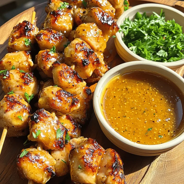 - 1 lb (450g) boneless, skinless chicken breasts - 1/4 cup honey - 1/4 cup Dijon mustard - 2 tablespoons olive oil - 1 tablespoon apple cider vinegar - 2 cloves garlic, minced - 1 teaspoon smoked paprika - Salt and pepper to taste - Skewers (wooden or metal) You can use maple syrup or agave as a honey alternative. If you want a different mustard, yellow mustard or whole grain mustard works well too. To make the honey mustard chicken skewers, you need a few key tools: - Mixing bowl - Whisk - Grill or grill pan - Skewers Having the right ingredients and equipment makes cooking easier. You’ll mix the marinade in a bowl and then coat the chicken. After that, you can grill it to perfection. If you want the full recipe, check out [Full Recipe]. Start by gathering your ingredients. In a large bowl, combine honey, Dijon mustard, olive oil, apple cider vinegar, minced garlic, and smoked paprika. Use a whisk to blend everything well. You want a smooth mix, not too thick or thin. If it seems too thick, add a bit of water or more vinegar. This marinade gives the chicken a sweet and tangy flavor. Marinating is key for tasty chicken. Place your cubed chicken in the bowl with the marinade. Make sure each piece gets a good coat. Cover the bowl with plastic wrap and let it sit. Aim for at least 30 minutes. If you have time, letting it marinate for up to 4 hours is even better. This wait helps the flavors soak in deeply. Preheat your grill or grill pan over medium-high heat. A hot grill helps create a nice crust on the chicken. While it's heating, thread the marinated chicken onto skewers. Leave a small gap between each piece for even cooking. Once the grill is hot, place the skewers on it. Cook for about 10 to 12 minutes. Turn them often to cook evenly. You’ll know they are done when they turn golden and reach an internal temperature of 165°F (75°C). After cooking, let the skewers rest for a few minutes. This helps the juices stay inside the chicken. Now you've got a delicious dish ready to impress! For the full recipe, check out the details above. To get the best taste from your honey mustard chicken skewers, marinate for at least 30 minutes. If you have time, let it sit for up to 4 hours. The longer chicken soaks, the more it absorbs the flavors. You can boost the flavor even more by adding spices. Consider adding a pinch of cayenne for heat or fresh herbs like thyme for extra depth. To prevent the chicken from sticking to the grill, oil the grates well before cooking. You can use a paper towel dipped in oil. This simple step makes a big difference. If you use wooden skewers, soak them in water for 30 minutes. This helps them not to burn. For grilling, use tongs to turn the skewers gently. A grill basket can help if you want to keep everything together. When serving your skewers, choose a rustic wooden platter. This adds a charming touch. Brightly chop parsley or cilantro for garnish. It adds color and freshness. For a fun twist, serve with a small bowl of extra honey mustard for dipping. You can pair these skewers with simple sides like grilled veggies or a fresh salad. These sides balance the rich flavors and make your meal complete. {{image_4}} You can easily swap the chicken for shrimp or tofu. Shrimp cooks fast and takes on flavors well. Marinate them just like the chicken. Grill until they turn pink and firm. Tofu can be a great choice for a veggie option. Use firm tofu and press it to remove excess water. Cube it and marinate. Grill until crispy on the outside. Beef or pork skewers are also tasty. They can add a different flavor profile to your dish. Use tender cuts like sirloin for beef. For pork, choose tenderloin or shoulder. Cut these proteins into cubes and marinate as you would the chicken. Grill until they reach the right temperature, ensuring they are juicy inside. You can add fresh herbs and spices to enhance the flavor. Try rosemary or thyme for a fresh taste. Mix in crushed red pepper for a kick. Adjusting the sweetness or acidity can also change the taste. Add more honey for sweetness or a dash of lemon juice for tartness. Experiment until you find the perfect balance for your taste buds. If you need gluten-free options, ensure your mustard is gluten-free. Most brands offer this. You can also use honey substitutes like maple syrup. For low-carb diets, skip the sugar and focus on spices. Use lemon juice and garlic for flavor without carbs. These tweaks keep your meal delicious while meeting dietary needs. To store your honey mustard chicken skewers, let them cool first. Place them in an airtight container. Refrigerate them within two hours of cooking. They will stay fresh for up to three days. When you want to enjoy your leftovers, reheat them in an oven or microwave. For the oven, set it to 350°F (175°C). Heat for about 10-15 minutes until warm. In the microwave, reheat in 30-second bursts until hot. If you want to freeze the skewers, use a freezer-safe container or zip-top bag. Make sure to remove as much air as possible. Label the bags with the date for easy tracking. You can freeze them for up to three months. To thaw, move them from the freezer to the fridge. Let them sit overnight for safe thawing. You can also run them under cold water for quicker thawing. Once thawed, you can grill them again or heat them in the oven. In the fridge, honey mustard chicken skewers last about three days. If frozen, they can last up to three months. Look for signs of spoilage before eating. If you see a change in color or smell, it’s best to throw them away. Eating spoiled food can make you sick, so always check before enjoying your leftovers. For the full recipe, check out the detailed steps and tips! Yes, you can easily bake honey mustard chicken skewers in the oven. To do this, preheat your oven to 400°F (200°C). Line a baking sheet with foil or parchment paper for easy cleanup. Place the skewers on the sheet, ensuring they don’t touch. Bake for about 20-25 minutes. Turn them halfway through. They should be golden brown and reach an internal temperature of 165°F (75°C). To check if chicken is fully cooked, use a meat thermometer. Insert the thermometer into the thickest part of the chicken. The internal temperature should be 165°F (75°C). This ensures the chicken is safe to eat. If you don't have a thermometer, make a small cut in the chicken. The juices should run clear, not pink. Honey mustard chicken skewers pair well with many sides. Here are some great options: - Grilled vegetables (zucchini, bell peppers) - Fresh garden salad - Rice or quinoa - Creamy coleslaw - Garlic bread These sides will balance the flavors and add color to your meal. Absolutely, boneless chicken thighs work well too. They have more fat, which makes them juicy and tender. This adds a rich flavor to your skewers. Just cut them into similar-sized pieces for even cooking. Yes, you can make a vegetarian version! Use firm tofu or tempeh as a substitute for chicken. Marinade them just like the chicken. You can also add colorful veggies like bell peppers, mushrooms, and zucchini. This will add great flavor and texture. Check the Full Recipe for more details on preparation! This article covered how to make delicious honey mustard chicken skewers. You learned about key ingredients, how to prepare the marinade, and the best grilling techniques. We also explored substitutions, variants, and tips for serving. Cooking can be fun and simple. Feel free to get creative with flavors and sides. Enjoy these skewers at your next meal. They are sure to impress both family and friends. Happy grilling!