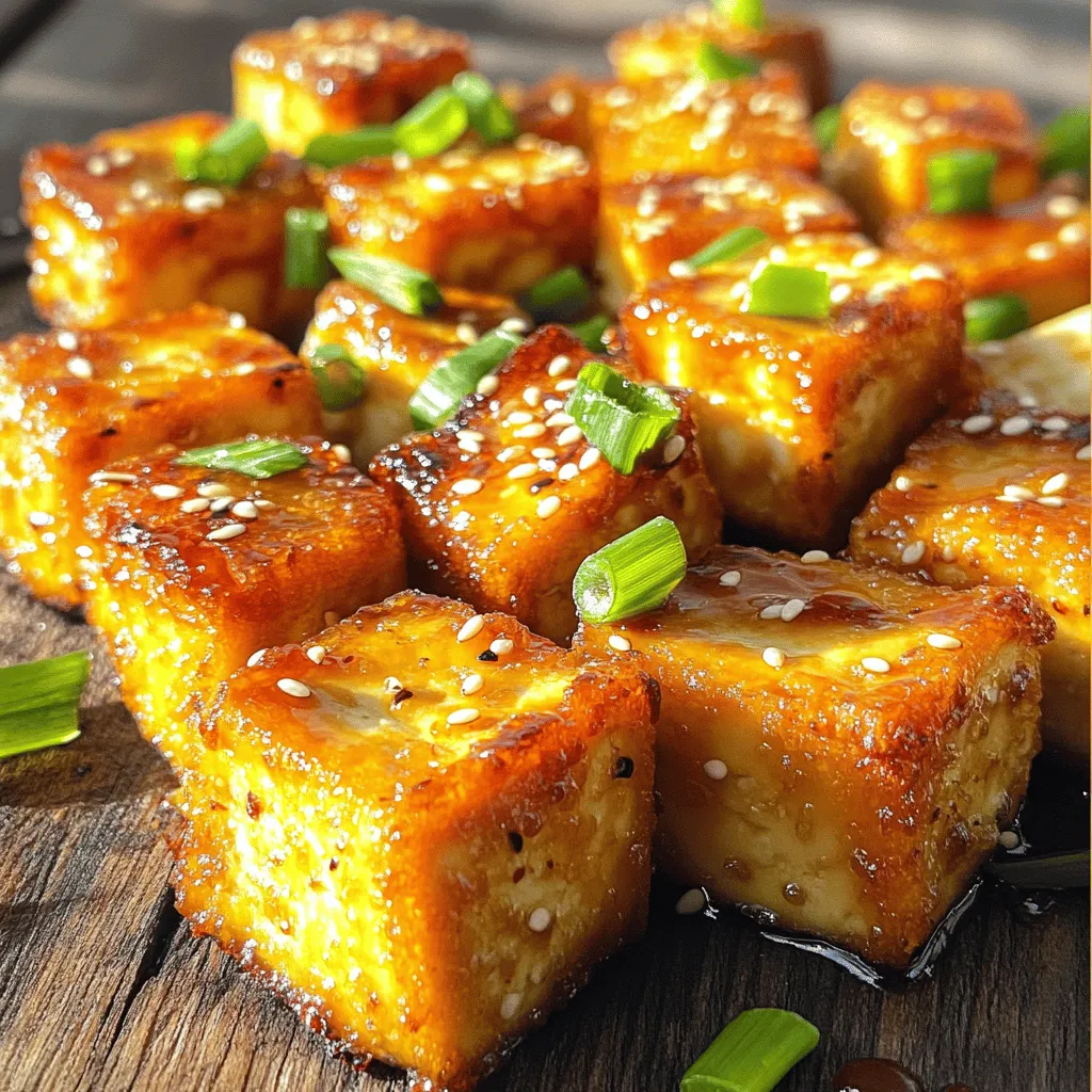 To make Crispy Sesame Tofu, you will need the following items: - 1 block extra-firm tofu, drained and pressed - 1/4 cup cornstarch - 1/4 cup soy sauce - 2 tablespoons sesame oil - 1 tablespoon maple syrup - 2 tablespoons sesame seeds - 1 tablespoon fresh ginger, grated - 2 cloves garlic, minced - 1 green onion, finely sliced - 1 tablespoon rice vinegar - Optional: Sriracha for a spicy kick When it comes to substitutes, there are a few options. - You can use firm tofu if you cannot find extra-firm. It will still taste great, but it may not be as crispy. - For gluten-free needs, try tamari instead of soy sauce. - If you want a different oil, avocado oil works well in place of sesame oil. - Maple syrup can be swapped with agave nectar for a similar sweetness. These swaps let you customize the dish to your liking. Check out the Full Recipe for more details on preparation and cooking. To make Crispy Sesame Tofu, start by cutting the pressed tofu into 1-inch cubes. This size helps the tofu cook evenly. Place the cubes on a clean towel. Let them sit for about 10 minutes to soak up extra moisture. This step is key for crispiness. Next, mix the marinade. In a medium bowl, whisk together the soy sauce, sesame oil, maple syrup, grated ginger, minced garlic, and rice vinegar. This blend gives your tofu a rich flavor. Now, gently place the tofu cubes in the marinade. Make sure each piece is well coated. Let them soak for at least 15 minutes. Turn the tofu occasionally for even absorption. While the tofu marinates, preheat your oven to 400°F (200°C). This high heat helps achieve that perfect crispiness. Line a baking sheet with parchment paper. This step prevents sticking. Once your tofu has marinated, remove the cubes from the marinade. Keep the marinade for later use. Toss the tofu in cornstarch. Ensure each piece is evenly coated. This coating is what gives the tofu a crunchy texture. Spread the tofu on the lined baking sheet in a single layer. Drizzle any leftover marinade over the top. This adds flavor while baking. Generously sprinkle sesame seeds over the tofu cubes. These seeds add a delightful crunch and nutty taste. Bake the tofu for 25-30 minutes. Flip the cubes halfway through for an even crispiness. When the tofu turns golden brown and crispy, take it out of the oven. Let it cool slightly on a wire rack. Before serving, garnish with finely sliced green onion. If you like spice, drizzle with Sriracha. You now have a beautiful, tasty dish. For the full recipe, check out Crispy Sesame Tofu Delight 🥢. To get crispy tofu, you need to remove excess water. Use a clean towel and press the tofu well. Let it sit for about 10 minutes after cutting it into cubes. This step helps the tofu absorb flavors better. Coating the tofu in cornstarch is key. It creates that crunchy outside. After marinating, toss the cubes in cornstarch before baking. Make sure each piece is evenly coated. For flavor, a good marinade makes a difference. Combine soy sauce, sesame oil, and maple syrup for sweetness. Adding fresh ginger and garlic gives the tofu a nice kick. Let the tofu soak in this mix for at least 15 minutes. This time allows the flavors to penetrate deeply. Pair your crispy sesame tofu with a light salad or steamed rice. These sides balance the dish well. You can also serve it with a savory dipping sauce. Try a mix of soy sauce and rice vinegar for a simple dip. For a fun presentation, arrange the tofu on a colorful plate. Add some sliced green onions on top for a burst of color. Drizzle a little Sriracha around the edges for a pop of spice. This not only looks great but also enhances the taste. For more ideas, check the Full Recipe to find your next favorite dish! {{image_4}} If you want to change up the recipe, you can use other ingredients. Here are some swaps to consider: - Soy Sauce: Use tamari for a gluten-free option. - Sesame Oil: Substitute with olive oil or avocado oil if needed. - Maple Syrup: Honey or agave syrup works well too. You can add vegetables to your tofu for more flavor and texture. Try bell peppers, broccoli, or snap peas. Just sauté them a bit before adding to the mix. You can also throw in spices like chili flakes or curry powder to give it a new twist. You can cook crispy sesame tofu in different ways. Pan-frying gives a crunchy texture, but it needs more oil. Baking is healthier and still crunchy. It’s easy and lets you walk away while it cooks. For the air fryer, preheat it to 375°F (190°C). Place the coated tofu in a single layer. Cook for about 15-20 minutes, shaking the basket halfway. This method gives you a crispy outside without much oil. It’s my favorite way to enjoy tofu! Experiment with these variations to keep your meals exciting. For the full recipe, check out the detailed steps above! To store leftover crispy sesame tofu, place it in an airtight container. This keeps it fresh and tasty. Use a paper towel to absorb any moisture before sealing. You can store it in the fridge for up to three days. When reheating, it's key to keep the crispiness. Preheat your oven to 375°F (190°C). Place the tofu on a baking sheet and heat for about 10-15 minutes. This method helps restore its crunch. You can also use an air fryer for 5-7 minutes if you have one. To freeze tofu, start by cutting it into cubes. Place the cubes in a single layer on a baking sheet. Freeze for 1-2 hours until solid. Then, transfer the cubes to a freezer-safe bag. Remove as much air as you can before sealing. This keeps them fresh for up to three months. When you want to use frozen tofu, thaw it in the fridge overnight. You can also use the microwave on the defrost setting. After thawing, pat it dry and follow the steps in the Full Recipe for cooking. Always check the texture once thawed, as it may be softer. How do I make tofu less soggy? To make tofu less soggy, start with extra-firm tofu. Drain it well and press it. Place it between two plates with a weight on top. Let it sit for about 30 minutes. This removes excess water and helps it absorb flavors better. After pressing, cut it into cubes. The less water, the crispier it gets when you cook it. Can I use firm tofu instead of extra-firm? Yes, you can use firm tofu. However, the texture will be softer. It may not get as crispy as extra-firm tofu. If you choose firm tofu, be extra careful when handling it. You might also want to press it longer to reduce moisture. Nutritional benefits of sesame and tofu Tofu is a great source of protein and low in calories. It has healthy fats that help keep you full. Sesame seeds add healthy fats, vitamins, and minerals. They also provide antioxidants. Together, they make a nutritious meal. This dish is satisfying and good for your health. Is this dish vegan-friendly? Yes, this dish is vegan-friendly. All the ingredients are plant-based. You can enjoy crispy sesame tofu without any animal products. It’s perfect for anyone following a vegan diet. Plus, it tastes great and is good for the planet. For a detailed recipe, check out the [Full Recipe]. Crispy Sesame Tofu is simple to make with the right ingredients and tips. You can use different cooking methods or swap out ingredients to fit your taste. Keeping leftovers crispy is easy with proper storage. As you try this dish, remember these steps and tricks for the best results. Enjoy crafting your crispy sesame tofu, and share it with friends and family! Cooking can be fun and rewarding.