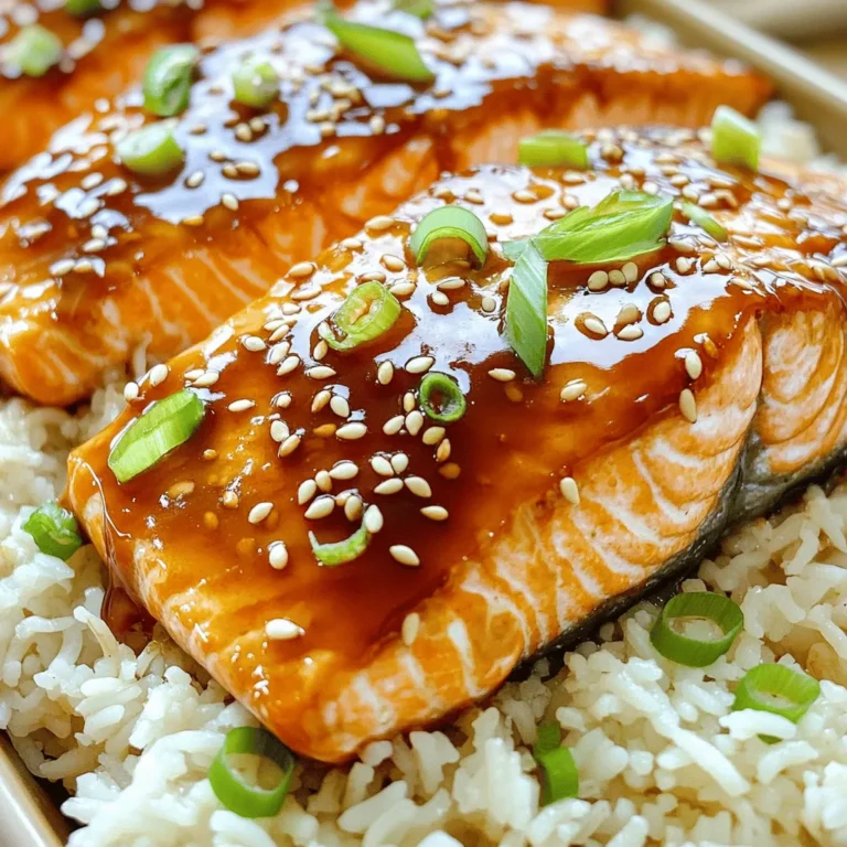 - 4 salmon fillets - 1/4 cup low-sodium soy sauce - 1/4 cup honey - 2 tablespoons rice vinegar - 1 tablespoon sesame oil - 2 cloves garlic, finely minced - 1 teaspoon fresh ginger, finely grated - 1 tablespoon cornstarch mixed with 2 tablespoons water (slurry) - 1 tablespoon sesame seeds, toasted - 2 green onions, sliced thinly (for garnish) For this baked teriyaki salmon, I use fresh salmon fillets. They are rich and tender, perfect for soaking up the teriyaki sauce. Low-sodium soy sauce helps control the salt taste. I also love using honey for its sweet flavor. Rice vinegar adds a tangy note, while sesame oil gives a lovely nutty taste. I always mince garlic and grate ginger for a strong flavor boost. The cornstarch slurry is key. It thickens the sauce, making it glossy and rich. For garnish, I often use toasted sesame seeds and green onions. They bring a nice crunch and color to the dish. You can find the full recipe in the article, which details how to mix these ingredients and create a delicious meal. Enjoy cooking! 1. Preheat your oven to 400°F (200°C). This helps cook the salmon evenly. 2. Prepare your baking dish by lining it with parchment paper. This makes cleanup easy. 3. In a medium bowl, whisk together the ingredients for the teriyaki sauce. Use: - 1/4 cup low-sodium soy sauce - 1/4 cup honey - 2 tablespoons rice vinegar - 1 tablespoon sesame oil - 2 cloves garlic, finely minced - 1 teaspoon fresh ginger, finely grated 4. Pour half of the teriyaki sauce over the salmon fillets in the baking dish. Make sure they are well coated. Let the salmon marinate for about 15 minutes. 1. After marinating, place the salmon in the oven. Bake for 12 to 15 minutes. You know it’s done when it flakes easily with a fork. 2. While the salmon bakes, heat the remaining teriyaki sauce in a small saucepan over medium heat. Stir it gently until it simmers. 3. Add the cornstarch slurry to the sauce. Stir constantly and cook for 2 to 3 minutes, until the sauce thickens and shines. 4. Once the salmon is baked, take it out of the oven. Drizzle the thickened teriyaki sauce over each fillet. Sprinkle with toasted sesame seeds for added crunch. 5. Return the salmon to the oven for another 2 to 3 minutes. This helps the glaze caramelize for a tasty finish. 6. Finally, take the salmon out and garnish with sliced green onions. This adds a fresh and colorful touch. For the full recipe, please refer to the recipe section above. Enjoy your delicious Baked Teriyaki Salmon! - Choosing the best salmon Look for bright, firm fillets. Fresh salmon should have a shiny surface and a mild smell. Wild-caught salmon often has better flavor than farmed. - How to avoid overcooking Bake salmon for 12 to 15 minutes at 400°F. Check for flakiness with a fork. Remove the salmon when it’s just cooked through. This keeps the fish moist and tender. - Tips for marinating effectively Marinate for at least 15 minutes. This allows the salmon to soak up the flavors. If you have time, marinating longer adds even more taste. - Ideal pairings with rice or quinoa Serve salmon over fluffy rice or quinoa. These grains soak up the teriyaki sauce. They also add a nice texture contrast. - Presentation tips for a stunning dish Use a white plate for a clean look. Drizzle with teriyaki sauce and sprinkle sesame seeds. Add green onions for a pop of color. This makes your dish look as good as it tastes! {{image_4}} You can make this dish your own! Start by adding vegetables. Broccoli, bell peppers, or snap peas work great. Toss them in with the salmon for a colorful meal. They will soak up that yummy teriyaki sauce, too. Next, think about marinades. You can swap the soy sauce for coconut aminos. This makes it gluten-free and brings a different taste. You can even add spicy elements like sriracha or chili flakes for a kick! For sides, consider different grains. Instead of rice or quinoa, try farro or barley. Each grain adds a unique texture and flavor to your plate. It’s fun to mix it up! If you need gluten-free options, choose tamari instead of soy sauce. It tastes good and keeps the dish's essence. You can also skip the honey and use maple syrup for a low-calorie twist. For lower calories, use less sauce. Just brush a little on the salmon before baking. You can also serve it with a salad instead of grains. This way, you enjoy the flavors without too many calories. For the full recipe, check out Baked Teriyaki Salmon Delight. Remember, cooking is about what you like, so feel free to experiment! To keep your leftover salmon fresh, store it right. Place it in an airtight container. This keeps moisture in and flavors intact. Make sure to refrigerate it within two hours of cooking. Proper refrigeration keeps the salmon safe for up to three days. If you want to save it longer, freezing is a great option. Wrap the salmon tightly in plastic wrap or foil. Then, place it in a freezer bag. Remove as much air as possible before sealing. Frozen salmon can last up to three months without losing taste. Reheating salmon can be tricky. You want to keep it moist and tasty. The best method is to use the oven. Preheat the oven to 275°F (135°C). Place the salmon in a baking dish. Cover it with foil to keep it from drying out. Heat for about 15 minutes or until warm. You can also reheat it in a pan. Use low heat and a splash of water. Cover the pan to trap steam. This keeps the salmon juicy. Avoid using the microwave, as it can make the salmon tough. How long can I marinate salmon? You can marinate salmon for about 15 to 30 minutes. This time allows the flavors to soak in. If you marinate too long, it may become too salty. Can I use fresh or frozen salmon? Yes, you can use both fresh and frozen salmon. If using frozen, make sure to thaw it completely before cooking. This ensures even cooking and great texture. What to do if I don't have honey? If you don’t have honey, you can use maple syrup or agave nectar. They both add sweetness and work well in teriyaki sauce. How do I know when the salmon is properly cooked? The salmon is done when it flakes easily with a fork. You can also check the internal temperature; it should be 145°F (63°C). Can I prepare this dish in advance? Yes, you can prepare the teriyaki sauce ahead of time. Marinating the salmon can also be done a few hours in advance. Just store it in the fridge until you are ready to bake. For the full recipe, check the details above. Baked teriyaki salmon is simple and tasty. We covered essential ingredients like salmon, soy sauce, and honey. You learned step-by-step how to prepare, cook, and serve it. Remember the tips to avoid overcooking and how to marinate well. You can customize the dish with veggies and alternative sides. Store your leftovers properly, and reheating tips will help retain flavor. Enjoy your cooking journey with this delicious dish, and have fun experimenting with it!
