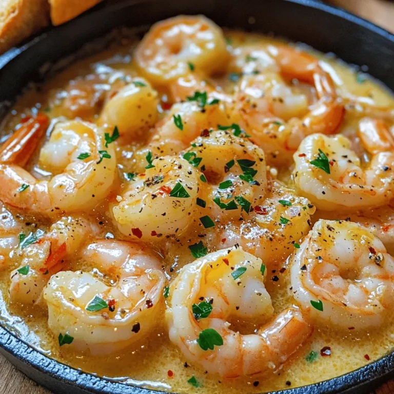 - 1 lb large shrimp, peeled and deveined - 6 tablespoons unsalted butter - 6 cloves garlic, finely minced - 1 teaspoon red pepper flakes - 1 lemon, juiced - 1 tablespoon fresh parsley, chopped - Salt and freshly ground black pepper to taste - Optional: cooked pasta or crusty bread for serving When making garlic butter shrimp, the main ingredients are simple. The shrimp must be large, peeled, and deveined. This makes cooking easy and quick. Next, I use plenty of butter and fresh garlic. This combo gives the dish its rich, bold flavors. You can adjust the red pepper flakes based on your taste. If you want it spicier, add more. The lemon juice adds a bright zing. Fresh parsley is perfect for garnish and taste. When you season with salt and pepper, you enhance all the flavors. For serving, I often add pasta or crusty bread. This makes the meal more filling and lets you enjoy the creamy sauce. You can find the full recipe for garlic butter shrimp skillet for precise measurements and steps. Melt 4 tablespoons of butter in a large skillet over medium heat. Watch as it becomes bubbly and fragrant. This butter is key to our dish. It adds rich flavor. Next, add 6 cloves of minced garlic and 1 teaspoon of red pepper flakes. Sauté this mixture for about 1-2 minutes. Stir it constantly. You want the garlic to smell amazing but not brown. Browned garlic can taste bitter, and we don’t want that. Now, it’s shrimp time! Carefully add 1 pound of shrimp, making sure they are in a single layer. This helps them cook evenly. Let them cook for 2-3 minutes on one side. You’ll know they are ready when they turn bright pink. Once they are pink, gently flip them over. Add the remaining 2 tablespoons of butter and the juice of 1 lemon. Cook for another 1-2 minutes. The shrimp should be opaque and cooked through. The butter will melt, making a lovely sauce. Now, it’s time to season! Add salt and freshly ground black pepper to taste. This is where you can adjust the flavor to your liking. Just before serving, sprinkle 1 tablespoon of chopped fresh parsley on top. This adds color and freshness. Now your garlic butter shrimp is ready to enjoy! Serve it over pasta or with crusty bread for a complete, satisfying meal. For the full recipe, you can check it out [here](#). To avoid overcooked shrimp, you need to pay attention. Cook shrimp just until they turn opaque. This usually takes about 2-3 minutes per side. If they look pink and firm, they are ready. Don’t let them sit too long! They will continue to cook even after you take them off the heat. To boost the flavor, think about adding spices. A pinch of paprika or a dash of cayenne can give it a nice kick. You can also mix in fresh herbs like basil or cilantro. These will add a bright taste. Try adding vegetables like bell peppers or spinach for more color and nutrition. They pair well with shrimp and add depth to the dish. Plating is fun and can impress your guests. You can serve the shrimp over a bed of pasta. This makes it look fancy and adds flavor. Another idea is to use crusty bread. Place the shrimp on a large platter and sprinkle fresh parsley on top. This adds a pop of color. You can also serve lemon wedges on the side for a fresh squeeze right before eating. For sides, think about a simple salad or roasted vegetables. They balance the richness of the shrimp nicely. {{image_4}} You can mix in vegetables, like spinach or asparagus. They add color and nutrition. Just sauté them with the garlic. You can also use different meats or seafood. Chicken or scallops work great with the garlic butter. Feel free to get creative! If you need gluten-free options, use gluten-free pasta or skip it entirely. For dairy-free, swap regular butter with vegan butter or olive oil. You can even make a vegan version by using mushrooms or tofu instead of shrimp. It will still taste amazing! Experiment with herbs like basil or cilantro for fresh notes. You can also try citrus like lime for a twist. Different butter types can change the flavor too. Garlic herb butter is a great choice for extra depth. These tweaks can make your meal unique and fun! After enjoying your Garlic Butter Shrimp, store leftovers right away. Use an airtight container to keep the shrimp fresh. Place the container in the fridge. Your shrimp will stay good for up to three days. When you reheat shrimp, do it gently. The best way is to use a skillet. Heat a little butter or oil over low heat. Add the shrimp and warm them for about 2-3 minutes. This keeps them tender and juicy. Avoid microwaving, as it can make the shrimp rubbery. If you have extra shrimp, freezing is an option. Let the shrimp cool first. Place them in a freezer-safe bag or container. Remove as much air as you can to prevent freezer burn. They can last for up to three months. To thaw, move the shrimp to the fridge overnight. For quick thawing, run cold water over the sealed bag. Enjoy this dish anytime! You can find the Full Recipe for more details. To check if shrimp are fully cooked, look for a few signs. Cooked shrimp turn pink and curl into a C shape. They should also feel firm and look opaque. If they are still gray or translucent, they need more time. Overcooked shrimp become tough and rubbery, so keep an eye on them. Yes, you can make this dish ahead of time! Simply cook the shrimp as directed and let it cool. Store it in an airtight container in the fridge for up to two days. When you are ready to serve, just reheat it gently in a skillet over low heat. Avoid cooking it again to keep it tender. This dish pairs well with several sides. Here are some tasty options: - Cooked pasta, such as linguine or spaghetti - Crusty bread for dipping in the sauce - Steamed vegetables like broccoli or asparagus - A fresh salad with lemon vinaigrette Absolutely! You can use olive oil as a healthier alternative. Simply replace butter with an equal amount of olive oil. It will still give you great flavor, and you can add herbs for more taste. You can also try using a plant-based butter for a dairy-free option. For the complete Garlic Butter Shrimp Skillet recipe, check out the [Full Recipe]. Garlic butter shrimp is simple and full of flavor. We discussed the key ingredients and steps to make it perfect every time. Remember to cook shrimp just until they turn opaque. You can change it up with veggies, different meats, or herbs to match your taste. Storing leftovers properly helps keep them fresh. This dish is quick to make, and you can enjoy it with pasta or bread. Explore your own twists on this recipe, and make it your own! Enjoy your next meal!