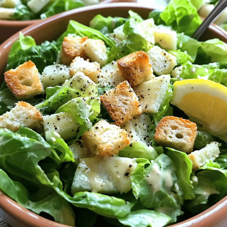 To make a great Classic Caesar Salad, you need these key items: - 2 large romaine lettuce hearts, thoroughly washed and chopped - 1 cup homemade croutons - 1/2 cup freshly grated Parmesan cheese - 1/4 cup creamy mayonnaise - 2 tablespoons freshly squeezed lemon juice - 1 teaspoon Dijon mustard - 1 clove garlic, finely minced - 1 teaspoon Worcestershire sauce (optional) - Salt and freshly ground black pepper to taste - Extra freshly cracked black pepper for serving You can add some protein to your salad: - Grilled chicken for a heartier meal - Shrimp for a fresh twist You might also want to try these seasonings: - Extra lemon zest for brightness - A dash of hot sauce for heat If you want to change some flavors, here are options: - Use capers or miso paste instead of anchovies. - Try butter lettuce or kale if you can't find romaine. These tips help you customize your salad while keeping it tasty. For the complete recipe, check the Full Recipe section. Preparing the Bread Start with 2-3 slices of your favorite bread. I like using rustic bread for its texture. Cut the bread into small cubes. This size helps them get crispy. Cooking Instructions Preheat your oven to 375°F (190°C). In a bowl, toss the bread cubes with a drizzle of olive oil, a pinch of salt, and a sprinkle of garlic powder. Make sure they are well coated. Spread the cubes in a single layer on a baking sheet. Bake for 10-15 minutes. Shake the pan halfway through. This ensures even toasting. Mixing Ingredients In a medium bowl, combine 1/4 cup creamy mayonnaise, 2 tablespoons of lemon juice, and 1 teaspoon Dijon mustard. Add 1 clove of finely minced garlic. You can include 1 teaspoon of Worcestershire sauce for extra flavor if you want. Adjusting Flavors Season with salt and freshly ground black pepper. Whisk until smooth. Take a taste and adjust the seasoning to fit your liking. Tossing the Ingredients In a large bowl, place your chopped romaine lettuce. Pour the dressing over the lettuce. Use tongs or your hands to gently toss the salad. Make sure every leaf gets a nice coat of dressing. Serving Suggestions Add the homemade croutons and 1/2 cup of grated Parmesan cheese. Toss lightly again to mix everything well. Use tongs to plate the salad onto individual plates. Finish with a sprinkle of cracked black pepper and extra cheese, if you like. This classic Caesar salad is simple and bursting with flavor. You can find the full recipe above. - Ingredient Quality Tips: Use fresh, crisp romaine lettuce. The crunch adds texture. Choose high-quality Parmesan cheese for a rich taste. Homemade croutons bring warmth and heartiness to your salad. - Seasoning Adjustments: Taste your dressing before mixing it with lettuce. Add more lemon juice for brightness or more garlic for a punch. A pinch of salt can boost all the flavors. - Essential Utensils for Preparation: A large mixing bowl helps combine the salad easily. Use tongs to toss the salad without bruising the leaves. A whisk is great for mixing your dressing smoothly. - Recommended Storage Containers: Glass containers with tight lids keep your salad fresh. Use a separate container for croutons to keep them crispy. - Assembly Tips: Toss the lettuce with dressing gently. You want each leaf coated but not soggy. Add croutons last to keep them crunchy. - Serving Temperature: Serve the salad cold for the best experience. Chilling the bowls before serving can enhance the crispness of the lettuce. For a full recipe and more details, check out the [Full Recipe]. {{image_4}} You can add proteins to make your Caesar salad heartier. Garlic chicken is a great choice. Cook chicken breast, then slice it. Toss the chicken with the salad for a tasty twist. Another option is shrimp. Sauté shrimp in olive oil with some garlic. Add the shrimp to the salad for a nice boost of flavor. Both options are simple and delicious. If you want a vegan Caesar salad, swap out the mayo for a plant-based option. You can use avocado or a vegan mayo. This keeps the creamy texture while making it vegan friendly. For gluten-free options, choose gluten-free bread for your croutons. You can also check the dressing ingredients. Some store-bought dressings may contain gluten. Make sure to use gluten-free Worcestershire sauce if you add it. You can change the classic dressing for a fun twist. Try a yogurt-based alternative. Mix plain yogurt with lemon juice and garlic. This adds a light, tangy flavor that's a bit healthier. Herb-infused dressings are also great. Add fresh herbs like basil or parsley to your dressing. This gives the salad a fresh taste and a pop of color. For the full recipe, check the Crispy Classic Caesar Salad section above. To keep your leftover salad fresh, store it in the fridge right away. Place it in an airtight container. This helps to keep the lettuce crisp and the flavors intact. If you can, separate the dressing from the salad. This prevents the greens from wilting. You can enjoy your salad within two days for the best taste. If you make the dressing ahead, store it in a jar or a sealed container. Homemade dressing can last in the fridge for about a week. Always shake or stir it well before using, as ingredients may separate. For the best flavor, use it within four days. You don’t need to reheat a salad, but you may want to refresh the croutons. To do this, spread them on a baking sheet and bake at 350°F (175°C) for about five minutes. This will make them crispy again. When serving, add the freshly baked croutons just before eating. This keeps them crunchy, which adds a nice texture to your salad. For a fun touch, serve with a lemon wedge on the side. This adds flavor and looks great on the plate. Enjoy your Classic Caesar Salad! For the full recipe, check out the Crispy Classic Caesar Salad recipe above. A Classic Caesar Salad is a fresh, crisp dish. It features romaine lettuce, croutons, and Parmesan cheese. The salad shines with a creamy dressing made from mayonnaise, lemon juice, and garlic. Key characteristics of Caesar Salad include: - Crunchy romaine lettuce - Homemade croutons for texture - A rich, creamy dressing - Freshly grated Parmesan cheese - A hint of garlic and lemon Yes, you can make the dressing ahead of time. This saves you time when serving. Store it in the fridge for up to three days. For best taste, use an airtight container. Remember to shake it well before using. This helps mix the ingredients back together. To keep croutons crispy, make them right before serving. Use fresh bread for the best texture. Bake them until golden and crunchy. Tips for crispier croutons: - Cut bread into even cubes for uniform baking - Toss with olive oil and seasonings before baking - Bake on a single layer to allow airflow By following these steps, your croutons will add the perfect crunch to your Classic Caesar Salad. For the full recipe, check out the Crispy Classic Caesar Salad 🥗. In this article, I covered how to make a classic Caesar salad. You learned about key ingredients like romaine lettuce, homemade croutons, and tangy dressing. I shared tips for optional add-ins, substitutions, and creative variations. Storage tips keep your salad fresh. Use high-quality ingredients to enhance flavor and ensure success. Now you can impress others with your Caesar salad skills. Enjoy experimenting and savoring every bite. Your next meal can be both simple and delicious!