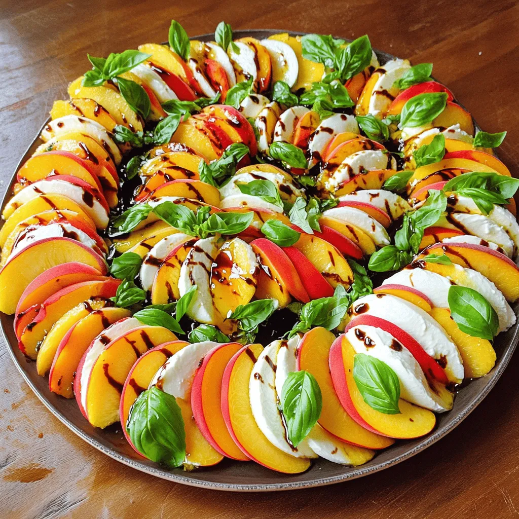 - 3 ripe peaches, sliced into wedges or rounds - 8 ounces fresh mozzarella cheese, sliced - 1 cup fresh basil leaves, washed and dried - 2 tablespoons balsamic glaze, for drizzling - 1 tablespoon extra virgin olive oil, for drizzling - Sea salt and freshly ground black pepper, to taste - Extra basil leaves for presentation - Additional drizzles of balsamic glaze To make a great Summer Peach Caprese Salad, you need ripe peaches. They give a sweet flavor. Fresh mozzarella cheese adds creaminess. The basil leaves add a nice herbal taste. The balance of sweet and savory makes this salad special. For extra flavor, you will use balsamic glaze. It adds a sweet and tangy touch. Extra virgin olive oil helps to enrich the dish. A sprinkle of sea salt and black pepper ties all the flavors together. You can also think about optional garnishes. Extra basil leaves can make the salad look pretty. A drizzle of balsamic glaze on top adds to the beauty. These small touches enhance both flavor and appearance. For the complete details, check out the Full Recipe. - First, wash the peaches under cool water. This helps remove any dirt. - Next, slice the peaches into wedges or rounds. You can choose the shape you like best. - Take a large serving platter. Start layering the peach slices and mozzarella. - Alternate the layers for a nice look. This creates a colorful dish. - Gently tuck fresh basil leaves between the layers. This adds great aroma. - Now, drizzle balsamic glaze over the salad. This gives it a sweet and tangy kick. - Follow this with a drizzle of extra virgin olive oil for richness. - Lightly season with sea salt and black pepper. This enhances all the flavors. For the full recipe, check out the details provided above. Enjoy making this vibrant dish! When picking peaches, look for ones that are firm but slightly soft. A sweet smell often means they are ripe. Check for a rich color, free from blemishes or bruises. If peaches are out of season, try using nectarines or plums. Both give a similar taste and texture to the salad. To present your salad, use a large, shallow bowl or a beautiful platter. This makes the colors pop. For garnish, add extra basil leaves on top. A light drizzle of balsamic glaze around the edges adds elegance. This simple touch makes the dish look stunning on your table. To add more depth, consider mixing in nuts or seeds. Toasted pine nuts or chopped walnuts give a nice crunch. You can also balance the sweetness of peaches with a splash of citrus juice, like lemon or lime. This brightens the flavors and makes each bite exciting. For the full recipe, check out the detailed instructions above. {{image_4}} You can make this salad even more exciting with a few changes. - Adding heirloom tomatoes: These tomatoes bring a burst of color and flavor. Their sweetness pairs well with peaches. - Using different cheese options: Try burrata or feta for a unique taste. Each cheese adds a different creamy texture. The dressing can change the whole vibe of your salad. - Citrus vinaigrette options: A mix of lemon juice and olive oil brightens the dish. Citrus adds a refreshing zing to the peaches. - Herb-infused oils: Olive oil infused with basil or rosemary can deepen the flavor. This twist brings a new layer of taste to the salad. You can adapt this salad to different seasons for a fresh twist. - Fall variations with apples: Swap peaches for crisp apples. Their crunch adds a nice contrast to the creamy cheese. - Winter adaptations with other fruits: Try pomegranates or citrus fruits in winter. They offer a burst of flavor during the colder months. For the complete recipe, check out the [Full Recipe]. To keep your Summer Peach Caprese Salad fresh, store leftovers in the fridge. Place the salad in an airtight container. This helps keep moisture in while blocking out air. If you don’t have an airtight container, cover it tightly with plastic wrap. Enjoy the salad within 2 days for the best taste. After that, the peaches may get mushy and lose flavor. Look for signs of spoilage such as browning or an off smell. If the mozzarella feels slimy, it’s time to toss it. You can eat the salad cold, which is how it shines! If the flavors fade, try drizzling a little more balsamic glaze or olive oil before serving. This will help revive the fresh taste. Remember, always serve it chilled for the best experience. A Summer Peach Caprese Salad is a fresh dish that blends ripe peaches with mozzarella cheese and basil. The sweet peaches contrast nicely with the creamy cheese. Together, they create a vibrant and flavorful salad. The dish shines with balsamic glaze and olive oil, enhancing its taste. This salad is perfect for warm days when you want something light and refreshing. You can prepare some parts of the salad ahead. Slice the peaches and mozzarella a few hours before serving. Keep them in the fridge to stay fresh. However, wait to add basil, balsamic glaze, and olive oil until just before serving. This keeps the salad bright and flavorful. If you want, chill the salad for about 15 minutes before serving. It helps the flavors blend nicely. This salad pairs well with many dishes. Try serving it with grilled chicken or fish for a full meal. It also goes great with crusty bread or a light pasta. For drinks, consider white wine or sparkling water with lemon. These options will enhance the salad's fresh flavors. In this blog post, we explored how to make a Summer Peach Caprese Salad. We covered key ingredients, preparation steps, and tips for the best results. You learned about selecting peaches, flavor variations, and storage tips for leftovers. This salad is fresh, tasty, and perfect for summer meals. Dive in, enjoy each bite, and get creative with your own twists! The simple flavors will impress your guests and keep your meals vibrant and delightful.