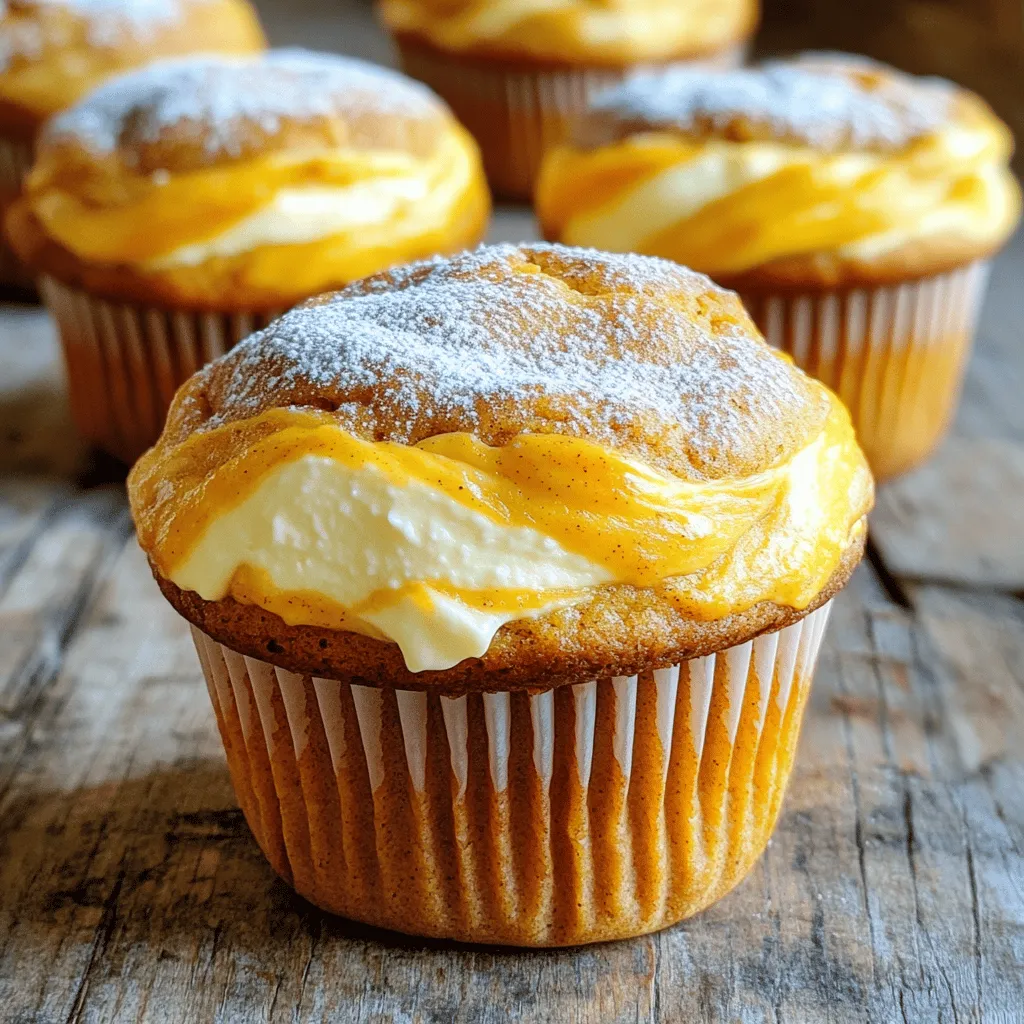 - 1 cup all-purpose flour - 1 cup whole wheat flour - 1 teaspoon baking powder - 1 teaspoon baking soda - 1 teaspoon ground cinnamon - ½ teaspoon ground nutmeg - ½ teaspoon ground ginger - ½ teaspoon salt - 1 cup pure pumpkin puree - 1 cup granulated sugar - ½ cup packed brown sugar - ½ cup vegetable oil - 3 large eggs - 1 teaspoon vanilla extract - 4 ounces cream cheese, softened to room temperature - ¼ cup powdered sugar - 1 tablespoon milk Let’s break down these ingredients. The dry ingredients form the base of your muffins. The mix of all-purpose and whole wheat flour gives a nice texture. Baking powder and baking soda help them rise. The spices add warmth and flavor, making these muffins cozy. For the wet ingredients, pure pumpkin puree is key. It brings moisture and a lovely pumpkin taste. The sugars add sweetness, while vegetable oil keeps them soft. Eggs help bind everything, and vanilla adds a nice note. The cream cheese filling is a tasty surprise. It’s rich and creamy, giving extra flavor to each bite. Mixing it with powdered sugar and a bit of milk makes it smooth and easy to dollop into the muffins. You can find the full recipe with all the steps to create these delights. Enjoy the process and the yummy results! - Preheat oven to 350°F (175°C) - Prepare muffin tin Start by preheating your oven to 350°F (175°C). This step is key to getting those muffins nice and fluffy. Next, grab your standard muffin tin. You can line it with paper liners or simply grease each cup with some cooking spray. This will help the muffins come out cleanly after baking. - Whisk together flour, leavening agents, spices, and salt In a medium bowl, whisk together the all-purpose flour, whole wheat flour, baking powder, baking soda, ground cinnamon, ground nutmeg, ground ginger, and salt. Mixing these dry ingredients well ensures that every bite is packed with flavor. It also helps the muffins rise perfectly. - Combine pumpkin puree, sugars, oil, eggs, and vanilla In a larger bowl, combine the pumpkin puree, granulated sugar, brown sugar, vegetable oil, eggs, and vanilla extract. Mix these ingredients well. You can use a whisk or an electric mixer. You want a smooth and creamy texture for your wet mixture. - Mix dry and wet ingredients carefully Now, it's time to bring the dry and wet ingredients together. Carefully add the dry mixture to the wet mixture. Stir gently just until combined. It's okay if there are a few lumps; over-mixing can make the muffins tough. - Blend cream cheese, powdered sugar, and milk In a small bowl, blend the softened cream cheese, powdered sugar, and milk. Mix until smooth and creamy. This cream cheese filling will add a delicious surprise in the middle of your muffins. - Fill muffin cups with batter and cream cheese mixture Using a spoon or scoop, fill each muffin cup halfway with the pumpkin batter. Then add a dollop of the cream cheese mixture right in the center. Top it off with more pumpkin batter until the cups are about ¾ full. This keeps the cream cheese filling hidden but ready to delight. - Bake for 18-20 minutes and check for doneness Place your muffin tin in the preheated oven. Bake for 18 to 20 minutes. To check if they’re done, insert a toothpick into the center of a muffin. It should come out clean or have a few crumbs attached, but no wet batter. This step-by-step process helps you create pumpkin cream cheese muffins that are easy and delicious. For the full recipe, check the earlier sections. Enjoy the baking! - Avoid over-mixing the batter. This helps keep your muffins light and fluffy. Mix until just combined. - To check muffin doneness, insert a toothpick into the center. If it comes out clean or with a few crumbs, they are done. - Serve your muffins warm for the best flavor. Place them on a nice plate for a lovely display. - Lightly dust the cooled muffins with powdered sugar and a pinch of cinnamon. This adds a sweet touch and makes them look fancy. - Try adding spices like allspice or cloves for extra warmth. - You can mix in chocolate chips or nuts for added texture. These additions can make your muffins even more delightful. {{image_4}} You can make your pumpkin cream cheese muffins even more fun. Just add chocolate chips. They melt and create a sweet surprise inside each bite. Use semi-sweet or dark chocolate for a richer taste. Another idea is to incorporate nuts or seeds. Chopped walnuts or pecans add a nice crunch. Sunflower seeds or pumpkin seeds give a great texture and healthy boost. Mix them into the batter or sprinkle them on top for extra flair. If you need gluten-free muffins, you can easily adjust the recipe. Use a gluten-free flour blend instead of all-purpose flour. Make sure it has a good structure to keep the muffins fluffy. Your muffins will still taste great, and everyone can enjoy them. For a low-sugar option, swap out granulated sugar for a sugar substitute. You can use stevia or monk fruit sweetener. Both can help cut calories while keeping your muffins sweet and tasty. As the seasons change, so can your muffins. You can add cranberries for a tart flavor in the fall or winter. They add a pop of color too! Another option is to mix in chopped apple. Apples bring a juicy sweetness that pairs well with pumpkin. These variations make your pumpkin cream cheese muffins unique. You can explore different flavors while keeping the core recipe the same. For the full recipe, check out the Pumpkin Spice Cream Cheese Muffins section. To keep your pumpkin cream cheese muffins fresh, store them properly. You can refrigerate them in an airtight container. This helps to maintain moisture. Wrap each muffin in plastic wrap to avoid drying out. For longer storage, consider freezing them. Place the muffins in a freezer-safe bag. Remove as much air as possible before sealing. This prevents freezer burn and keeps them tasty. How long do these muffins last? At room temperature, they stay fresh for about 2 days. Make sure to keep them in a cool, dry place. For the best taste, eat them within this time. When stored in the fridge, they can last up to a week. Proper conditions are key. Always check for any signs of spoilage before enjoying. To enjoy your muffins warm, reheat them in two ways. The best method is using the oven. Set it to 350°F (175°C) and warm the muffins for about 5-10 minutes. This keeps them soft and flavorful. You can also use a microwave. Heat each muffin for about 15-20 seconds. Check to see if it’s warm throughout. Enjoy them fresh for a delightful treat! For the full recipe, check out the section above. You can tell if pumpkin muffins are done by inserting a toothpick into the center. If it comes out clean or with a few crumbs, they're ready. If the toothpick has wet batter, bake them a little longer. Keep an eye on them after 18 minutes. The edges should be firm, and the tops will spring back when lightly touched. Yes, you can make these muffins ahead of time. Bake them, then let them cool completely. Store them in an airtight container at room temperature for up to three days. If you want them to last longer, freeze them. Just thaw them overnight in the fridge before serving. If you want to replace cream cheese, you can use Greek yogurt or mascarpone cheese. Both options will give you a similar creamy texture. For a lighter filling, try using ricotta cheese mixed with a bit of sugar. You can also use a non-dairy cream cheese if you're looking for a vegan option. Yes, these muffins freeze well. After baking, allow them to cool completely. Wrap each muffin tightly in plastic wrap, then place them in a freezer bag. They can stay in the freezer for up to three months. When you want to eat one, thaw it at room temperature or warm it in the microwave. You can enhance the flavor of pumpkin muffins by adding more spices. Try increasing the cinnamon or adding a bit of allspice. A splash of maple syrup or a bit of vanilla extract can also add depth. For a nutty flavor, consider mixing in chopped nuts or seeds. Absolutely! You can get creative with fillings. Add chocolate chips, fruit preserves, or even nuts. A peanut butter swirl would be delightful. Just remember to keep the balance in mind, so the muffins don't become too heavy. This blog shared a simple way to make pumpkin muffins with a cream cheese filling. You learned about dry and wet ingredients, how to mix them, and tips for baking. Remember to try out variations, like adding chocolate or nuts. Store muffins correctly for later enjoyment. You can make these tasty muffins your own, so get creative! Enjoy baking and sharing your delightful treats.