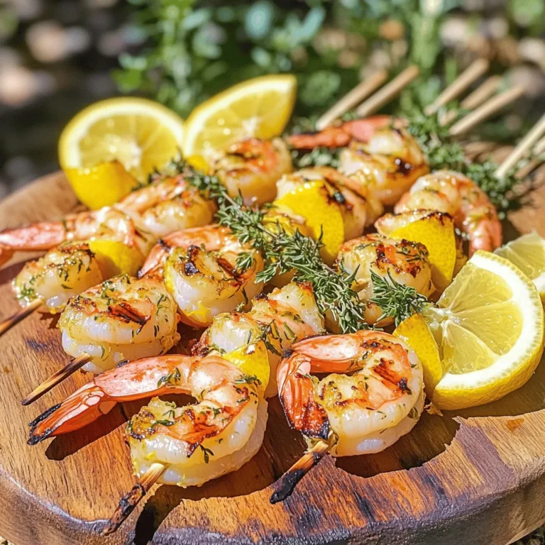 To create delicious lemon thyme grilled shrimp, you need the following ingredients: - 1 pound large shrimp, peeled and deveined - 3 tablespoons extra virgin olive oil - Zest and juice of 1 fresh lemon - 2 teaspoons fresh thyme leaves (or 1 teaspoon dried thyme) - 2 cloves garlic, finely minced - 1 teaspoon honey - Sea salt and freshly cracked black pepper to taste - Lemon wedges and fresh thyme sprigs for garnish Each of these ingredients brings unique flavors. The lemon adds brightness, while thyme gives an earthy taste. Olive oil helps keep the shrimp moist as they grill. When choosing shrimp, look for these signs of freshness: - Color: Fresh shrimp should have a translucent look, not faded or dull. - Smell: The shrimp should smell like the ocean. If it smells fishy, skip it. - Texture: Firm shrimp that spring back when pressed are best. Avoid any that feel mushy. Buying shrimp from a trusted source helps ensure quality. If possible, ask for wild-caught shrimp, as they often taste better. If you want to mix it up, consider these alternatives: - Use lime juice instead of lemon for a different citrus twist. - Swap thyme for oregano or parsley for a new flavor profile. - Try adding a pinch of red pepper flakes for some heat. These changes can create a dish that fits your taste. Make it your own while keeping the base flavors intact. For the full recipe, check the details above. To make Lemon Thyme Grilled Shrimp, start by gathering your ingredients. You need large shrimp, olive oil, lemon, thyme, garlic, honey, salt, and pepper. Each ingredient plays a key role in flavor. The shrimp should be fresh and firm. In a medium bowl, mix the olive oil, lemon zest, and lemon juice. Add fresh thyme leaves, minced garlic, and honey. Sprinkle in some sea salt and black pepper. Whisk it all together until smooth. Now, add the shrimp. Toss them gently in the marinade until they are fully coated. Cover the bowl with plastic wrap and put it in the fridge for at least 30 minutes. If you have more time, marinate for up to 2 hours. This step makes the shrimp tasty and juicy. Preheat your grill to medium-high heat. If using wooden skewers, soak them in water for 30 minutes. This helps prevent burning. Thread the marinated shrimp onto the skewers, leaving space between each shrimp. Place the skewers on the grill. Cook them for about 2-3 minutes on each side. Look for the shrimp to turn pink and opaque; this means they are done. Be careful not to overcook them. Overcooked shrimp can become rubbery. Once grilled, take the skewers off the grill and place the shrimp on a serving platter. Garnish with lemon wedges and fresh thyme sprigs for a nice touch. Enjoy your meal! To make the most of your lemon thyme grilled shrimp, use fresh ingredients. Fresh shrimp tastes better than frozen. Use a bright, juicy lemon for zest and juice. Fresh thyme gives a vibrant flavor. Try adding a pinch of red pepper flakes for a hint of heat. Cook shrimp quickly to keep them tender. Grill on medium-high heat for 2-3 minutes per side. Watch closely, as they change color quickly. Once they turn pink and opaque, they are done. Overcooking makes shrimp tough, so set a timer. One common mistake is not marinating long enough. Aim for at least 30 minutes. Too short and the shrimp won’t absorb the flavors. Another mistake is overcrowding the grill. Give each shrimp space so heat can circulate. Lastly, always soak wooden skewers to prevent burning when grilling. For the complete recipe, check the [Full Recipe]. {{image_4}} You can add some heat to your shrimp. Mix in red pepper flakes or cayenne pepper. Start with a pinch, then taste. Adjust until it’s spicy enough for you. This variation gives a zesty kick that pairs well with the lemon and thyme. Make your meal more colorful by adding veggies. Try bell peppers, zucchini, or cherry tomatoes. Cut them into bite-sized pieces. Alternate the shrimp and veggies on the skewers. This not only adds flavor but also makes your dish look vibrant. If you want a twist, try different marinades. Soy sauce or teriyaki sauce can work great. Mix them with garlic and lemon juice for a rich flavor. You can also use yogurt for a creamy marinade. Each option offers a unique taste, so feel free to explore! For the complete recipe, check the Full Recipe section above. After your meal, store leftover shrimp in a sealed container. Keep it in the fridge. Shrimp stays fresh for up to two days. If you leave it longer, it may spoil. Always check for any off smells before eating. You can freeze grilled shrimp for later use. Place the shrimp in an airtight bag. Remove as much air as possible before sealing. Label the bag with the date. You can freeze it for up to three months. When ready to use, thaw it in the fridge overnight. To reheat grilled shrimp, avoid using a microwave. Instead, use a skillet on low heat. Add a bit of olive oil to help keep the shrimp moist. Heat just until warm. Overheating will make the shrimp tough. Enjoy your Lemon Thyme Grilled Shrimp again! For the full recipe, check out the earlier section. You can marinate shrimp for 30 minutes to 2 hours. This time lets the shrimp soak in all the great flavors of the marinade. If you marinate for too long, the shrimp may become mushy. I recommend checking at the 30-minute mark and tasting them. If they taste good, they are ready to grill. Lemon Thyme Grilled Shrimp pairs well with many sides. Here are some tasty options: - Garlic bread - Grilled vegetables - Rice pilaf - Salad with lemon vinaigrette - Couscous with herbs These sides add color and flavor to your meal. They also balance the shrimp's bright taste. Yes, you can use frozen shrimp. Just remember to thaw them before marinating. Place the shrimp in the fridge overnight or run them under cold water for quick thawing. Ensure they are cleaned and deveined for best results. Frozen shrimp can taste great when cooked right. - Full Recipe You now know how to make Lemon Thyme Grilled Shrimp from start to finish. We covered key ingredients, marinating tips, and grilling steps. I shared methods to enhance flavor and avoid mistakes. You also learned about fun variations and storage tips for leftovers. Overall, this dish is easy to prepare and delicious. Try it out and enjoy!