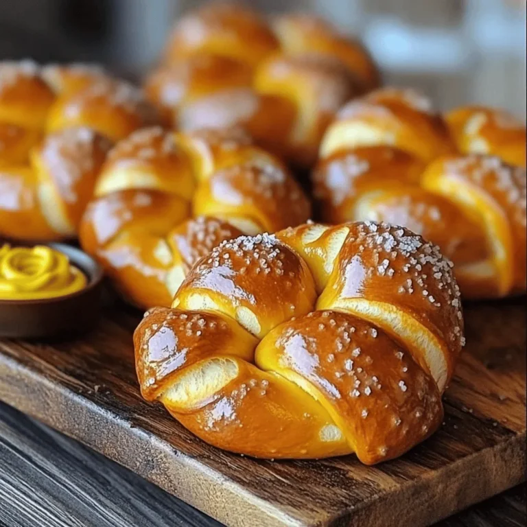 To make the best homemade soft pretzels, you need a few key items: - 4 cups all-purpose flour - 1 packet (2 ¼ teaspoons) active dry yeast - 1 teaspoon granulated sugar - 1 ½ teaspoons fine sea salt - 1 ¾ cups warm water - ⅓ cup baking soda - 1 large egg (for egg wash) - Coarse sea salt (for topping) - Optional: melted butter for brushing These ingredients work together to create the perfect pretzel. The flour gives it structure. The yeast makes it rise. The sugar helps the yeast thrive. Sea salt adds flavor, while the baking soda bath gives that special texture. You might want to change some ingredients for different diets. Here are some options: - Gluten-free alternatives: Use gluten-free flour blends instead of all-purpose flour. - Dairy-free options: Skip the butter and use olive oil or dairy-free margarine. These swaps help everyone enjoy soft pretzels without worry. You can still achieve a great taste and texture! For the full recipe, check out the detailed instructions. To start, mix 1 ¾ cups of warm water, 1 teaspoon of sugar, and 1 packet of active dry yeast in a large bowl. Stir gently. Let it sit for 5-10 minutes. You will see bubbles and foam. This means the yeast is active and ready to use. Next, add 1 ½ teaspoons of fine sea salt to the yeast mixture. Gradually mix in 4 cups of all-purpose flour, one cup at a time. Keep mixing until a shaggy dough forms. Now, transfer the dough to a clean, lightly floured surface. Knead the dough for about 5-7 minutes. The dough should feel smooth, elastic, and slightly tacky. After kneading, shape your dough into a ball. Place it in a greased bowl and cover with a damp cloth. Let it rise for around 1 hour in a warm spot until it doubles in size. Once risen, punch it down to release air. Divide the dough into 8 equal pieces. Roll each piece into a long rope, about 24 inches long. Shape each rope into a U, twist the ends, and fold them down to form the classic pretzel shape. For the baking soda bath, boil 10 cups of water in a large pot. Carefully stir in ⅓ cup of baking soda. This will cause the mixture to bubble up. Drop each pretzel into the boiling water for about 30 seconds. Use a slotted spoon to lift them out and place them on lined baking sheets. Brush each pretzel with a beaten egg for a nice golden color. Sprinkle with coarse sea salt. Bake in a preheated oven at 450°F for 12-15 minutes until golden brown. If you like, brush them with melted butter right after baking for extra flavor. For the complete recipe, check out the [Full Recipe]. To get the right texture, knead the dough for about 5 to 7 minutes. This helps develop gluten, making the pretzels chewy yet tender. You know the dough is ready when it feels smooth and slightly tacky. It should spring back when you poke it with your finger. Use different types of salt for a unique taste. Coarse sea salt is classic, but try garlic or onion salt for fun! You can also add flavor to the dough. Mixing in spices like smoked paprika or herbs can make your pretzels pop with taste. One big mistake is overproofing the dough. If it rises too long, the pretzels can turn out flat. Keep an eye on the dough, and let it rise until it doubles in size. Also, watch the dough temperature. If it’s too cold, the yeast will not work well. Keep your ingredients at room temperature for the best results. {{image_4}} You can make soft pretzels even more exciting with a few simple changes. - Cheese-filled pretzels: Take your dough and stuff it with shredded cheese. Popular choices include cheddar and mozzarella. This gives you a melty surprise inside each bite. - Sweet pretzel options: Consider making sweet pretzels. Roll your dough in cinnamon sugar before baking. You can also drizzle icing on top after they cool for a tasty treat. Toppings can change the whole taste of your pretzels. - Different types of salts: Use coarse sea salt for a classic taste. You can also try garlic salt or smoked salt for a twist. - Alternative savory toppings: Sprinkle herbs or spices on top before baking. Try sesame seeds or crushed red pepper for added flavor. Dipping sauces make your pretzels even more fun to eat. - Classic mustard dip: Mix yellow mustard with a little honey for a sweet and tangy sauce. - Cheese sauce recipes: Melt some cheese with a bit of cream for a rich dip. This pairs perfectly with warm pretzels. For the full recipe, check out the Twisted Delight Pretzels. To keep your soft pretzels fresh, use an airtight container. You can also wrap them in plastic wrap. This helps seal in moisture and flavor. Store them at room temperature for up to two days. For longer storage, place them in the fridge. This keeps them good for about a week. When reheating, the oven works best. Preheat it to 350°F (175°C). Place the pretzels on a baking sheet. Bake for about 5-10 minutes. This will make them warm and crispy. The microwave is quick but can make pretzels chewy. If you use the microwave, heat for 10-15 seconds. Add a damp paper towel to keep them soft. To freeze pretzels, let them cool completely first. Then wrap each pretzel in plastic wrap. Place them in a freezer bag for extra protection. They can last up to three months in the freezer. When ready to eat, thaw them in the fridge overnight. Reheat in the oven to restore that fresh-baked feel. To make soft pretzels from scratch, start with warm water, sugar, and yeast. Mix these and let them sit until bubbly. Next, add salt and flour, then knead until smooth. Let the dough rise until it doubles. Shape the dough into pretzels, boil them in a baking soda bath, and bake until golden. For the full recipe, check out Twisted Delight Pretzels. Tough pretzels often result from over-kneading the dough or not enough rising time. If you knead too long, the gluten develops too much. Not letting the dough rise enough can also lead to density. Ensure you knead just until smooth and let it rise until it doubles. Yes, you can make pretzel dough ahead of time. After kneading, cover it and store it in the fridge for up to 24 hours. Just remember to let it sit at room temperature for about 30 minutes before shaping it. This helps the dough relax and rise properly. The baking soda bath gives pretzels their unique flavor and chewy texture. It also helps create that shiny brown crust we love. The baking soda reacts with the dough, making it slightly alkaline. This reaction is key to getting that classic pretzel taste. Homemade soft pretzels last for about 2 days at room temperature in an airtight container. For longer storage, keep them in the fridge for up to a week. You can also freeze them for up to 3 months. Just remember to reheat them for the best taste. Yes, you can use other types of flour for pretzels. Whole wheat flour adds a nutty flavor and more fiber. Gluten-free flour blends are also an option, but they may change the texture. Experimenting with different flours can give you fun new flavors and textures! Making soft pretzels at home is fun and rewarding. You learned about key ingredients and how to activate the yeast. I shared tips for shaping, boiling, and baking your pretzels to perfection. Don’t forget to explore various flavors and toppings to suit your taste. Storing and reheating leftovers properly will keep them fresh. Enjoy experimenting with this simple recipe, and share the joy of homemade pretzels with others. With practice, you’ll master this tasty treat. Happy baking!