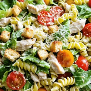 - 2 cups rotini or penne pasta - 2 cups cooked chicken breast, diced - 1 cup romaine lettuce, chopped - 1/2 cup cherry tomatoes, halved - 1/4 cup Parmesan cheese, freshly grated - 1/4 cup Caesar dressing - Optional toppings (croutons) To make Chicken Caesar Pasta Salad, start with the main ingredients. The pasta, rotini or penne, gives a nice shape. Cooked chicken adds protein and flavor. Romaine lettuce brings crunch, while cherry tomatoes add sweetness. Freshly grated Parmesan cheese gives a rich taste. Lastly, Caesar dressing ties all the flavors together. You can also add croutons for extra crunch. - Freshly ground black pepper - Garlic powder or fresh minced garlic - Lemon zest for added flavor Seasonings are key to this dish. Freshly ground black pepper adds warmth. Garlic powder or fresh garlic boosts flavor. Lemon zest gives a bright note, enhancing the salad's taste. These seasonings lift the dish and make it more enjoyable. For the full recipe, check it out [here](Full Recipe). To start, boil a pot of salted water. Add the rotini or penne pasta to the boiling water. Cook it according to the package instructions until it is al dente. This usually takes about 8 to 10 minutes, but check the package for the exact time. Once cooked, drain the pasta in a colander. Rinse it under cold water to cool it down. This step helps stop the cooking process. Set the pasta aside to drain thoroughly. In a large mixing bowl, combine the diced chicken breast, chopped romaine lettuce, and halved cherry tomatoes. Mix them well so all the ingredients are evenly distributed. Then, add the cooled pasta to this mixture. Toss gently to combine everything. This ensures each bite is flavorful and has a bit of everything. In a separate small bowl, whisk together the Caesar dressing, freshly ground black pepper, garlic powder, and lemon zest. This mixture adds a zesty and aromatic flavor to the salad. The lemon zest gives it a fresh kick. Make sure to mix it well so all the seasonings are incorporated. Now, pour the prepared dressing over the pasta salad. Using a large spoon or salad tongs, gently toss all the ingredients together. You want everything to be well coated with the dressing. Next, sprinkle the freshly grated Parmesan cheese over the top. If you like, add croutons for extra crunch. Gently mix them in to ensure they are evenly distributed. Serve the Chicken Caesar Pasta Salad as is or chill it for a bit. It tastes great fresh or after the flavors have melded together. For the full recipe, check out the detailed instructions earlier. Enjoy this tasty meal! To cook pasta perfectly, aim for al dente. This means the pasta should be firm but not hard when you bite it. Follow these tips: - Use salted water: This adds flavor right from the start. - Taste test: A minute or two before the time is up, taste the pasta. - Rinse with cold water: After draining, rinse it to stop cooking. Mixing the ingredients well is key. Here’s how to do it right: - Start with the base: Combine chicken, lettuce, and tomatoes first. - Add cooled pasta: Toss gently to avoid breaking the pasta. - Dress evenly: Add the dressing, then toss again for even coverage. For the best taste, serve the chicken Caesar pasta salad cold or at room temperature. Here are some ideas: - Presentation: Use a large bowl and sprinkle extra Parmesan on top. - Add color: Place cherry tomato halves on top for a vibrant look. - Pairings: Serve with a light drink, like iced tea or lemonade. These tips will help you create a fresh and tasty Chicken Caesar Pasta Salad. For the full recipe, check the complete instructions above. {{image_4}} You can change the protein in this dish. Instead of chicken, try turkey or shrimp. Both options taste great in a Chicken Caesar Pasta Salad. You can also use chickpeas for a plant-based choice. If you're gluten-free, use gluten-free pasta. There are many good brands available. Just cook them as the package says. You can make your own Caesar dressing for more flavor. Just mix garlic, anchovies, lemon juice, and olive oil. This helps you control the taste and ingredients. If you want a lighter dressing, try yogurt-based options. They will still give you that creamy texture without all the calories. Think about adding more veggies to your salad. Cucumbers add a nice crunch while bell peppers bring sweetness. You can also boost the flavor with sun-dried tomatoes or olives. Both add a yummy twist to your dish. These tweaks can make your Chicken Caesar Pasta Salad even more exciting. For the full recipe, check out the [Full Recipe]. To keep your Chicken Caesar Pasta Salad fresh, store it in an airtight container. Make sure to refrigerate it right after serving. This helps slow down spoilage. If you plan to keep it for a few days, separate the dressing. Mixing in the dressing too soon can make the pasta mushy. - Refrigeration: Always refrigerate your salad within two hours of serving. - Separation: Store the dressing separately if you plan to eat the salad later. This keeps each component fresh and crunchy. If you have leftovers, you can refresh your salad easily. Start by adding a little more dressing. This brings back flavor and moisture. Toss the salad gently to mix it well. - Tips for Refreshing: Add a handful of fresh romaine or cherry tomatoes. This gives a nice crunch. - Serving Leftovers Safely: Make sure to eat leftovers within three days. If you see any signs of spoilage, throw it away. Enjoying your Chicken Caesar Pasta Salad later is easy with these tips! How long can I store Chicken Caesar Pasta Salad? You can store Chicken Caesar Pasta Salad in the fridge for up to three days. Keep it in an airtight container. The longer it sits, the softer the lettuce gets. Can I make Chicken Caesar Pasta Salad ahead of time? Yes, you can make Chicken Caesar Pasta Salad a day before serving. Just mix all the ingredients and dress it right before serving. This keeps the lettuce crisp. What can I serve with Chicken Caesar Pasta Salad? This salad pairs well with garlic bread or grilled vegetables. You can also serve it with a light soup for a full meal. Caloric content and nutritional breakdown per serving Each serving of Chicken Caesar Pasta Salad has about 400 calories. It includes proteins from the chicken, carbs from the pasta, and healthy fats from the dressing. Information on dietary restrictions This salad is not gluten-free due to the pasta. For a gluten-free version, use gluten-free pasta. It can be made dairy-free by omitting the cheese or using a dairy-free alternative. Tips for making the salad appealing to children Kids often love fun shapes and colors. Use colorful pasta or add more cherry tomatoes. You can also let them help mix the salad. Creative ways to include veggies without fuss Chop veggies small or blend them into the dressing. Try adding finely grated carrots or shredded zucchini. Kids may not notice them this way! This Chicken Caesar Pasta Salad is easy to make and delicious. You learned about the key ingredients, cooking steps, and tips to make it perfect. You can change it up with different proteins and dressings. Remember to store leftovers correctly to keep them fresh. I hope this recipe inspires you to create a tasty meal. Enjoy your cooking and have fun trying out new variations!