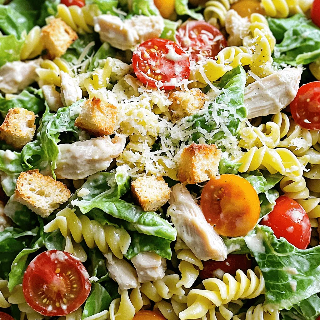 - 2 cups rotini or penne pasta - 2 cups cooked chicken breast, diced - 1 cup romaine lettuce, chopped - 1/2 cup cherry tomatoes, halved - 1/4 cup Parmesan cheese, freshly grated - 1/4 cup Caesar dressing - Optional toppings (croutons) To make Chicken Caesar Pasta Salad, start with the main ingredients. The pasta, rotini or penne, gives a nice shape. Cooked chicken adds protein and flavor. Romaine lettuce brings crunch, while cherry tomatoes add sweetness. Freshly grated Parmesan cheese gives a rich taste. Lastly, Caesar dressing ties all the flavors together. You can also add croutons for extra crunch. - Freshly ground black pepper - Garlic powder or fresh minced garlic - Lemon zest for added flavor Seasonings are key to this dish. Freshly ground black pepper adds warmth. Garlic powder or fresh garlic boosts flavor. Lemon zest gives a bright note, enhancing the salad's taste. These seasonings lift the dish and make it more enjoyable. For the full recipe, check it out [here](Full Recipe). To start, boil a pot of salted water. Add the rotini or penne pasta to the boiling water. Cook it according to the package instructions until it is al dente. This usually takes about 8 to 10 minutes, but check the package for the exact time. Once cooked, drain the pasta in a colander. Rinse it under cold water to cool it down. This step helps stop the cooking process. Set the pasta aside to drain thoroughly. In a large mixing bowl, combine the diced chicken breast, chopped romaine lettuce, and halved cherry tomatoes. Mix them well so all the ingredients are evenly distributed. Then, add the cooled pasta to this mixture. Toss gently to combine everything. This ensures each bite is flavorful and has a bit of everything. In a separate small bowl, whisk together the Caesar dressing, freshly ground black pepper, garlic powder, and lemon zest. This mixture adds a zesty and aromatic flavor to the salad. The lemon zest gives it a fresh kick. Make sure to mix it well so all the seasonings are incorporated. Now, pour the prepared dressing over the pasta salad. Using a large spoon or salad tongs, gently toss all the ingredients together. You want everything to be well coated with the dressing. Next, sprinkle the freshly grated Parmesan cheese over the top. If you like, add croutons for extra crunch. Gently mix them in to ensure they are evenly distributed. Serve the Chicken Caesar Pasta Salad as is or chill it for a bit. It tastes great fresh or after the flavors have melded together. For the full recipe, check out the detailed instructions earlier. Enjoy this tasty meal! To cook pasta perfectly, aim for al dente. This means the pasta should be firm but not hard when you bite it. Follow these tips: - Use salted water: This adds flavor right from the start. - Taste test: A minute or two before the time is up, taste the pasta. - Rinse with cold water: After draining, rinse it to stop cooking. Mixing the ingredients well is key. Here’s how to do it right: - Start with the base: Combine chicken, lettuce, and tomatoes first. - Add cooled pasta: Toss gently to avoid breaking the pasta. - Dress evenly: Add the dressing, then toss again for even coverage. For the best taste, serve the chicken Caesar pasta salad cold or at room temperature. Here are some ideas: - Presentation: Use a large bowl and sprinkle extra Parmesan on top. - Add color: Place cherry tomato halves on top for a vibrant look. - Pairings: Serve with a light drink, like iced tea or lemonade. These tips will help you create a fresh and tasty Chicken Caesar Pasta Salad. For the full recipe, check the complete instructions above. {{image_4}} You can change the protein in this dish. Instead of chicken, try turkey or shrimp. Both options taste great in a Chicken Caesar Pasta Salad. You can also use chickpeas for a plant-based choice. If you're gluten-free, use gluten-free pasta. There are many good brands available. Just cook them as the package says. You can make your own Caesar dressing for more flavor. Just mix garlic, anchovies, lemon juice, and olive oil. This helps you control the taste and ingredients. If you want a lighter dressing, try yogurt-based options. They will still give you that creamy texture without all the calories. Think about adding more veggies to your salad. Cucumbers add a nice crunch while bell peppers bring sweetness. You can also boost the flavor with sun-dried tomatoes or olives. Both add a yummy twist to your dish. These tweaks can make your Chicken Caesar Pasta Salad even more exciting. For the full recipe, check out the [Full Recipe]. To keep your Chicken Caesar Pasta Salad fresh, store it in an airtight container. Make sure to refrigerate it right after serving. This helps slow down spoilage. If you plan to keep it for a few days, separate the dressing. Mixing in the dressing too soon can make the pasta mushy. - Refrigeration: Always refrigerate your salad within two hours of serving. - Separation: Store the dressing separately if you plan to eat the salad later. This keeps each component fresh and crunchy. If you have leftovers, you can refresh your salad easily. Start by adding a little more dressing. This brings back flavor and moisture. Toss the salad gently to mix it well. - Tips for Refreshing: Add a handful of fresh romaine or cherry tomatoes. This gives a nice crunch. - Serving Leftovers Safely: Make sure to eat leftovers within three days. If you see any signs of spoilage, throw it away. Enjoying your Chicken Caesar Pasta Salad later is easy with these tips! How long can I store Chicken Caesar Pasta Salad? You can store Chicken Caesar Pasta Salad in the fridge for up to three days. Keep it in an airtight container. The longer it sits, the softer the lettuce gets. Can I make Chicken Caesar Pasta Salad ahead of time? Yes, you can make Chicken Caesar Pasta Salad a day before serving. Just mix all the ingredients and dress it right before serving. This keeps the lettuce crisp. What can I serve with Chicken Caesar Pasta Salad? This salad pairs well with garlic bread or grilled vegetables. You can also serve it with a light soup for a full meal. Caloric content and nutritional breakdown per serving Each serving of Chicken Caesar Pasta Salad has about 400 calories. It includes proteins from the chicken, carbs from the pasta, and healthy fats from the dressing. Information on dietary restrictions This salad is not gluten-free due to the pasta. For a gluten-free version, use gluten-free pasta. It can be made dairy-free by omitting the cheese or using a dairy-free alternative. Tips for making the salad appealing to children Kids often love fun shapes and colors. Use colorful pasta or add more cherry tomatoes. You can also let them help mix the salad. Creative ways to include veggies without fuss Chop veggies small or blend them into the dressing. Try adding finely grated carrots or shredded zucchini. Kids may not notice them this way! This Chicken Caesar Pasta Salad is easy to make and delicious. You learned about the key ingredients, cooking steps, and tips to make it perfect. You can change it up with different proteins and dressings. Remember to store leftovers correctly to keep them fresh. I hope this recipe inspires you to create a tasty meal. Enjoy your cooking and have fun trying out new variations!