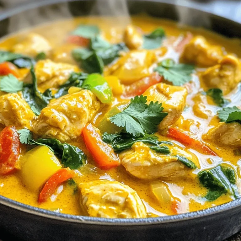 To make Coconut Curry Chicken, you need these main ingredients: - 1 lb (450g) boneless chicken breast, cut into 1-inch pieces - 1 can (14 oz) full-fat coconut milk - 1 tablespoon coconut oil - 1 medium onion, finely chopped - 2 cloves garlic, minced - 1 tablespoon fresh ginger, grated - 2 tablespoons curry powder (yellow or Madras for a bit of spice) - 1 teaspoon ground turmeric - 1 bell pepper, thinly sliced (choose red or yellow for a vibrant look) - 1 cup fresh spinach leaves, washed and dried - Salt and pepper, to taste - Fresh cilantro leaves, for garnish These ingredients create a rich and creamy base for the dish. The coconut milk gives it a smooth texture. The spices provide warmth and depth. You might want to add these optional ingredients for extra flavor: - 1 tablespoon fish sauce (this enhances umami flavor) - Juice of 1 fresh lime Adding fish sauce gives the dish a savory kick. Lime juice adds a bright, fresh taste. These extras can elevate your curry to new heights. Not all ingredients have to be strict. Here are some common substitutions: - Use chicken thighs instead of chicken breast for more flavor. - Replace coconut milk with almond or oat milk for a lighter option. - Swap spinach with kale or Swiss chard for a different green. These substitutions keep the essence of the dish while allowing you to use what you have. Feel free to mix and match based on your taste and pantry. For the full recipe, check out the detailed steps provided. To start, gather all your ingredients. This makes cooking easier and faster. You will need: - 1 lb boneless chicken breast, cut into 1-inch pieces - 1 can full-fat coconut milk - 1 tablespoon coconut oil - 1 medium onion, finely chopped - 2 cloves garlic, minced - 1 tablespoon fresh ginger, grated - 2 tablespoons curry powder - 1 teaspoon ground turmeric - 1 bell pepper, thinly sliced - 1 cup fresh spinach leaves - 1 tablespoon fish sauce (optional) - Juice of 1 fresh lime - Salt and pepper, to taste - Fresh cilantro leaves, for garnish Make sure to wash and dry your spinach leaves. This helps keep the dish fresh and tasty. Now, let’s cook! Start by melting the coconut oil in a large saucepan over medium heat. Once hot, add the chopped onion. Sauté it for about 3-4 minutes. Stir often until the onion is soft and clear. Next, add the minced garlic and grated ginger. Cook this mix for one minute. You want it to smell good! Then, toss in the chicken pieces. Cook them for 5-7 minutes until they are lightly brown on the edges. Stir occasionally to cook evenly. Now, sprinkle the curry powder and turmeric onto the chicken. Mix well to coat every piece. Let the spices cook for one more minute. This step brings out their best flavor. Pour in the coconut milk and stir. Increase the heat a bit and bring the mix to a gentle simmer. Add the sliced bell pepper. Simmer for 8-10 minutes. Stir occasionally. The chicken should be cooked through, and the flavors will blend nicely. Gently fold in the fresh spinach leaves. Let them wilt for about 1-2 minutes. If you want to use fish sauce, add it now. Squeeze in the lime juice too. Taste your dish. Adjust the salt and pepper to bring out the best flavor. Take the pot off the heat. Serve your Coconut Curry Chicken hot. Garnish it with fresh cilantro leaves. This adds a nice touch. For a great presentation, use shallow bowls. Pair the curry with jasmine rice or naan. Adding lime wedges and extra cilantro can brighten the dish. You can find the Full Recipe for more details on cooking times and serving size. Enjoy your meal! To get the best flavor in your coconut curry chicken, use fresh ingredients. Fresh garlic and ginger make a big difference. You can also try different curry powders. Each type has a unique taste. I suggest tasting your curry as you cook. This helps you find the right balance of flavors. If it tastes too strong, add more coconut milk. This will help mellow it out. Cooking chicken just right is key. You want it tender and juicy. Start by browning the chicken in coconut oil. This adds flavor while sealing in moisture. Don’t overcrowd the pan. If you pack in too much chicken, it will steam instead of brown. When you add the bell pepper and spinach, stir gently. This keeps their crunch and color. If you love heat, add more curry powder or some chili flakes. Start with a little, then taste. You can always add more, but it's hard to take it out! If it gets too spicy, a splash of coconut milk can help. It cools down the heat and keeps the dish creamy. Remember, everyone's spice level is different, so adjust it to your taste. For the full recipe, check out the Coconut Curry Chicken Delight 🥥. {{image_4}} You can easily make this dish vegetarian or vegan. For a vegetarian version, replace chicken with tofu. Use firm tofu, cut into cubes. The tofu absorbs the curry flavor well. For a vegan option, skip the fish sauce. You can add more spices or a touch of soy sauce for depth. Feel free to switch proteins or veggies in this recipe. Chicken can be swapped for shrimp or beef. For plant-based protein, try chickpeas or lentils. You can also add any veggies you love. Broccoli, carrots, or zucchini work great. Just make sure to adjust cooking times so everything cooks evenly. Coconut curry has many regional twists. In Thai cuisine, you may find lemongrass and kaffir lime leaves. These add a bright, citrus flavor. Indian versions might include garam masala and additional spices. In Caribbean cooking, you might add allspice and a hint of heat. Each region brings its own special touch to this dish. To keep your Coconut Curry Chicken fresh, store it in an airtight container. Let it cool first before sealing. This helps avoid condensation, which can make your dish soggy. Place it in the fridge if you plan to eat it within three days. For longer storage, freezing is a great option. You can reheat your Coconut Curry Chicken on the stove or in the microwave. If using the stove, add a splash of water or coconut milk to prevent it from drying out. Heat it over low heat, stirring often. If using the microwave, cover the dish with a lid or a microwave-safe wrap. Heat in short intervals, stirring in between, until it's warm throughout. If you want to freeze Coconut Curry Chicken, let it cool completely first. Portion it into containers or freezer bags. Remove as much air as possible to prevent freezer burn. Label the bags with the date so you know how long it’s been stored. This dish can last up to three months in the freezer. When you're ready to enjoy it, thaw in the fridge overnight before reheating. Remember, for the full recipe, check out the detailed instructions above! You can serve Coconut Curry Chicken with rice or naan. Jasmine rice works great. It soaks up the curry sauce well. You could also try brown rice for a healthy twist. Another option is quinoa for a nutty flavor. Pair the dish with a fresh salad for crunch. A simple cucumber salad with lime juice adds a nice touch. You can enjoy the curry on its own too! Yes, you can use frozen chicken. Just make sure to thaw it first. You can do this in the fridge overnight. If you are short on time, you can use the microwave. Defrost the chicken in the microwave on low power. This will help it thaw evenly. Cook it right after thawing to keep it safe. Frozen chicken may take a few more minutes to cook. So, check it to ensure it’s fully cooked. This dish is mainly gluten-free. Just be cautious with the fish sauce, as some brands may contain gluten. Look for gluten-free fish sauce if you plan to use it. Also, ensure that your curry powder is gluten-free. Most brands are, but it is always good to check. Serve it with gluten-free rice or bread to keep the meal safe. Enjoy your delicious Coconut Curry Chicken without worry! Coconut curry chicken is a simple dish with many flavors. We discussed key ingredients, easy steps to cook, and tips for the best taste. You can make it vegetarian or adjust spices to fit your taste. Storing leftovers has its tricks, too. Use this guide to create your own delicious meals. Enjoy making this dish for your family and friends. You’ll see how fun cooking can be!
