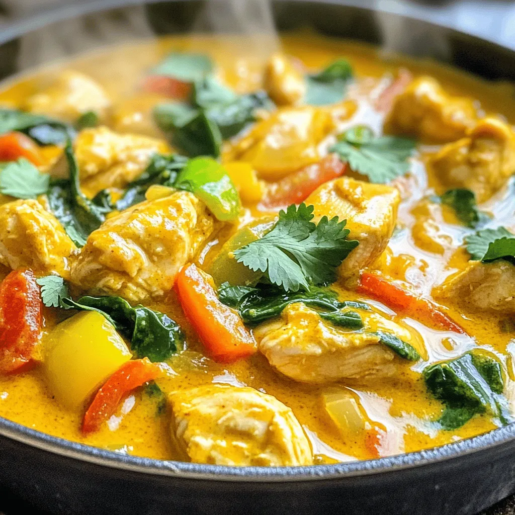 To make Coconut Curry Chicken, you need these main ingredients: - 1 lb (450g) boneless chicken breast, cut into 1-inch pieces - 1 can (14 oz) full-fat coconut milk - 1 tablespoon coconut oil - 1 medium onion, finely chopped - 2 cloves garlic, minced - 1 tablespoon fresh ginger, grated - 2 tablespoons curry powder (yellow or Madras for a bit of spice) - 1 teaspoon ground turmeric - 1 bell pepper, thinly sliced (choose red or yellow for a vibrant look) - 1 cup fresh spinach leaves, washed and dried - Salt and pepper, to taste - Fresh cilantro leaves, for garnish These ingredients create a rich and creamy base for the dish. The coconut milk gives it a smooth texture. The spices provide warmth and depth. You might want to add these optional ingredients for extra flavor: - 1 tablespoon fish sauce (this enhances umami flavor) - Juice of 1 fresh lime Adding fish sauce gives the dish a savory kick. Lime juice adds a bright, fresh taste. These extras can elevate your curry to new heights. Not all ingredients have to be strict. Here are some common substitutions: - Use chicken thighs instead of chicken breast for more flavor. - Replace coconut milk with almond or oat milk for a lighter option. - Swap spinach with kale or Swiss chard for a different green. These substitutions keep the essence of the dish while allowing you to use what you have. Feel free to mix and match based on your taste and pantry. For the full recipe, check out the detailed steps provided. To start, gather all your ingredients. This makes cooking easier and faster. You will need: - 1 lb boneless chicken breast, cut into 1-inch pieces - 1 can full-fat coconut milk - 1 tablespoon coconut oil - 1 medium onion, finely chopped - 2 cloves garlic, minced - 1 tablespoon fresh ginger, grated - 2 tablespoons curry powder - 1 teaspoon ground turmeric - 1 bell pepper, thinly sliced - 1 cup fresh spinach leaves - 1 tablespoon fish sauce (optional) - Juice of 1 fresh lime - Salt and pepper, to taste - Fresh cilantro leaves, for garnish Make sure to wash and dry your spinach leaves. This helps keep the dish fresh and tasty. Now, let’s cook! Start by melting the coconut oil in a large saucepan over medium heat. Once hot, add the chopped onion. Sauté it for about 3-4 minutes. Stir often until the onion is soft and clear. Next, add the minced garlic and grated ginger. Cook this mix for one minute. You want it to smell good! Then, toss in the chicken pieces. Cook them for 5-7 minutes until they are lightly brown on the edges. Stir occasionally to cook evenly. Now, sprinkle the curry powder and turmeric onto the chicken. Mix well to coat every piece. Let the spices cook for one more minute. This step brings out their best flavor. Pour in the coconut milk and stir. Increase the heat a bit and bring the mix to a gentle simmer. Add the sliced bell pepper. Simmer for 8-10 minutes. Stir occasionally. The chicken should be cooked through, and the flavors will blend nicely. Gently fold in the fresh spinach leaves. Let them wilt for about 1-2 minutes. If you want to use fish sauce, add it now. Squeeze in the lime juice too. Taste your dish. Adjust the salt and pepper to bring out the best flavor. Take the pot off the heat. Serve your Coconut Curry Chicken hot. Garnish it with fresh cilantro leaves. This adds a nice touch. For a great presentation, use shallow bowls. Pair the curry with jasmine rice or naan. Adding lime wedges and extra cilantro can brighten the dish. You can find the Full Recipe for more details on cooking times and serving size. Enjoy your meal! To get the best flavor in your coconut curry chicken, use fresh ingredients. Fresh garlic and ginger make a big difference. You can also try different curry powders. Each type has a unique taste. I suggest tasting your curry as you cook. This helps you find the right balance of flavors. If it tastes too strong, add more coconut milk. This will help mellow it out. Cooking chicken just right is key. You want it tender and juicy. Start by browning the chicken in coconut oil. This adds flavor while sealing in moisture. Don’t overcrowd the pan. If you pack in too much chicken, it will steam instead of brown. When you add the bell pepper and spinach, stir gently. This keeps their crunch and color. If you love heat, add more curry powder or some chili flakes. Start with a little, then taste. You can always add more, but it's hard to take it out! If it gets too spicy, a splash of coconut milk can help. It cools down the heat and keeps the dish creamy. Remember, everyone's spice level is different, so adjust it to your taste. For the full recipe, check out the Coconut Curry Chicken Delight 🥥. {{image_4}} You can easily make this dish vegetarian or vegan. For a vegetarian version, replace chicken with tofu. Use firm tofu, cut into cubes. The tofu absorbs the curry flavor well. For a vegan option, skip the fish sauce. You can add more spices or a touch of soy sauce for depth. Feel free to switch proteins or veggies in this recipe. Chicken can be swapped for shrimp or beef. For plant-based protein, try chickpeas or lentils. You can also add any veggies you love. Broccoli, carrots, or zucchini work great. Just make sure to adjust cooking times so everything cooks evenly. Coconut curry has many regional twists. In Thai cuisine, you may find lemongrass and kaffir lime leaves. These add a bright, citrus flavor. Indian versions might include garam masala and additional spices. In Caribbean cooking, you might add allspice and a hint of heat. Each region brings its own special touch to this dish. To keep your Coconut Curry Chicken fresh, store it in an airtight container. Let it cool first before sealing. This helps avoid condensation, which can make your dish soggy. Place it in the fridge if you plan to eat it within three days. For longer storage, freezing is a great option. You can reheat your Coconut Curry Chicken on the stove or in the microwave. If using the stove, add a splash of water or coconut milk to prevent it from drying out. Heat it over low heat, stirring often. If using the microwave, cover the dish with a lid or a microwave-safe wrap. Heat in short intervals, stirring in between, until it's warm throughout. If you want to freeze Coconut Curry Chicken, let it cool completely first. Portion it into containers or freezer bags. Remove as much air as possible to prevent freezer burn. Label the bags with the date so you know how long it’s been stored. This dish can last up to three months in the freezer. When you're ready to enjoy it, thaw in the fridge overnight before reheating. Remember, for the full recipe, check out the detailed instructions above! You can serve Coconut Curry Chicken with rice or naan. Jasmine rice works great. It soaks up the curry sauce well. You could also try brown rice for a healthy twist. Another option is quinoa for a nutty flavor. Pair the dish with a fresh salad for crunch. A simple cucumber salad with lime juice adds a nice touch. You can enjoy the curry on its own too! Yes, you can use frozen chicken. Just make sure to thaw it first. You can do this in the fridge overnight. If you are short on time, you can use the microwave. Defrost the chicken in the microwave on low power. This will help it thaw evenly. Cook it right after thawing to keep it safe. Frozen chicken may take a few more minutes to cook. So, check it to ensure it’s fully cooked. This dish is mainly gluten-free. Just be cautious with the fish sauce, as some brands may contain gluten. Look for gluten-free fish sauce if you plan to use it. Also, ensure that your curry powder is gluten-free. Most brands are, but it is always good to check. Serve it with gluten-free rice or bread to keep the meal safe. Enjoy your delicious Coconut Curry Chicken without worry! Coconut curry chicken is a simple dish with many flavors. We discussed key ingredients, easy steps to cook, and tips for the best taste. You can make it vegetarian or adjust spices to fit your taste. Storing leftovers has its tricks, too. Use this guide to create your own delicious meals. Enjoy making this dish for your family and friends. You’ll see how fun cooking can be!