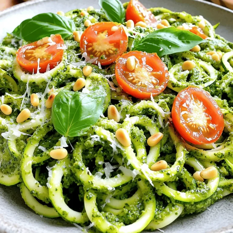 - Zucchini and Pesto Components - 4 medium zucchinis, spiralized - 1 cup fresh basil leaves, tightly packed - 1/2 cup toasted pine nuts - 1/2 cup freshly grated Parmesan cheese - 2 cloves garlic, peeled - 1/3 cup high-quality extra virgin olive oil - Juice of 1 large lemon - Salt and freshly cracked pepper, to taste You need fresh and good quality ingredients to make great pesto zoodles. Zucchini is the star here, and spiralizing it makes fun noodles. Pesto brings a burst of flavor. It has fresh basil, pine nuts, Parmesan, and olive oil. Each ingredient works together to create a sauce full of taste. - Optional Garnishes - Handful of cherry tomatoes, halved (for garnish) - Extra fresh basil leaves for garnish These garnishes add color and flavor. Cherry tomatoes give a sweet bite, while fresh basil brightens the dish. You can use these to make your meal look more appealing and fresh. For the full recipe, check the section above! Ingredients for Pesto - 1 cup fresh basil leaves, tightly packed - 1/2 cup toasted pine nuts - 1/2 cup freshly grated Parmesan cheese - 2 cloves garlic, peeled - 1/3 cup high-quality extra virgin olive oil - Juice of 1 large lemon - Salt and freshly cracked pepper, to taste Food Processor Steps Start by adding the basil leaves, pine nuts, Parmesan, and garlic to your food processor. Pulse until the mix is finely chopped. Scrape down the sides to blend well. Next, while the processor runs, slowly drizzle in the olive oil. Blend until smooth and creamy. Squeeze in the lemon juice, and add salt and pepper to taste. Pulse again to mix everything. Taste and adjust if needed. Spiralizing Techniques To make zoodles, use a spiralizer to turn zucchinis into noodles. This tool makes long, curly strands that look like pasta. It's easy and fun! If you don’t have a spiralizer, you can use a vegetable peeler. Just peel thin strips of zucchini to create noodle-like shapes. Alternative Methods Another method is to use a box grater. Simply grate the zucchini to make smaller, noodle-like pieces. This works well if you don’t want long strands. Regardless of the method, make sure to remove excess moisture. Place the zoodles on paper towels to soak up any water. Mixing Instructions In a large mixing bowl, add the freshly made zoodles. Pour the vibrant pesto over them. Toss gently to coat every strand with the sauce. You want to ensure each zoodle gets that bright green flavor. Optional Cooking Guidelines If you like warm zoodles, heat a non-stick skillet over medium heat. Add the zoodles and sauté for 2-3 minutes. Cook just until they are warm, but don't overdo it! You want them to stay firm and not soggy. For the full recipe, check out the details mentioned earlier. Adjusting Flavors Taste is key to great pesto. Start with my basic recipe, then tweak it. If your pesto feels too thick, add more olive oil. If it’s too tangy, add more cheese or nuts. For a spicy kick, throw in a pinch of red pepper flakes. Adjusting flavors is about personal taste. Storage Tips for Homemade Pesto Storing pesto correctly keeps it fresh. Use an airtight container. Pour a thin layer of olive oil on top before sealing. This helps prevent browning. Pesto can stay in the fridge for up to a week. For longer storage, freeze it in ice cube trays. Once frozen, transfer the cubes to a bag. They’re perfect for quick meals. Avoiding Soggy Zoodles Soggy zoodles can ruin your meal. To avoid this, don't cook them for too long. If you want warm zoodles, sauté them for just 2-3 minutes. You want them to stay crisp and fresh. Also, try to spiralize the zucchini just before using. This helps keep them firm. Maintaining Al Dente Texture To keep zoodles al dente, consider not cooking them at all. Toss them raw with pesto for a crunchy bite. If you prefer them warm, sauté gently. Check for doneness often. They should still have a slight bite, just like traditional pasta. This gives you a fresh and tasty dish. {{image_4}} You can change the flavor of your pesto by trying different types. Traditional basil pesto is great, but don't stop there. Sun-dried tomato pesto adds a rich, tangy taste. Spinach pesto offers a mild flavor and vibrant color. Each type brings its own twist to the zoodles. Want to make your meal heartier? Add protein like chicken or shrimp. Both options cook quickly and mix well with zoodles. You can sauté chicken pieces or shrimp in a pan for a few minutes. It adds flavor and makes your dish filling. Think about adding more vegetables too. Bell peppers give sweetness and crunch. Spinach can add a nice touch of green and nutrition. Mix and match these ingredients to find the perfect combo for your taste. Refrigeration Tips After making your pesto, store it in an airtight container. Add a thin layer of olive oil on top. This helps keep it fresh for about a week. Keep it in the fridge. Make sure the lid is tight to prevent air from getting in. Freezing Guidelines If you have more pesto than you can use, freezing is a great option. Pour the pesto into ice cube trays. Once frozen, pop the cubes into a freezer bag. You can use them later in pasta dishes or on sandwiches. Frozen pesto lasts about three months. Refrigeration Best Practices To store leftover zoodles, place them in a paper towel-lined container. This absorbs excess moisture. Seal the container and keep it in the fridge. They will stay fresh for up to two days. Meal Prep Suggestions If you want to prep zoodles in advance, spiralize them and store them in a container. Add a little lemon juice to keep them from browning. Use them within two days for the best taste and texture. Zoodles are noodles made from zucchini. They are a fun, low-carb alternative to pasta. You can create them using a spiralizer or a peeler. Zoodles have a light, fresh taste that pairs well with many sauces. They absorb flavors easily, making them great for dishes like pesto zoodles. Yes, you can make Pesto Zoodles vegan! Simply replace the Parmesan cheese with a vegan cheese option or nutritional yeast. Both options give a cheesy flavor without dairy. You can also use nuts and seeds in the pesto to enhance its creaminess. Pesto Zoodles are naturally gluten-free since they use zucchini instead of wheat pasta. Just ensure that your pesto ingredients are gluten-free, especially the cheese and any store-bought items. Always check labels to be safe. You can use many sauces with zoodles. Marinara sauce is a classic choice. Alfredo sauce adds creaminess. You can also try avocado sauce for a rich taste. For a spicy kick, chili oil or a homemade salsa works well too. Yes, you can prepare Pesto Zoodles ahead of time. Make the pesto and zoodles separately. Store them in the fridge. When you’re ready to eat, toss the zoodles with the pesto. If you want warm zoodles, quickly sauté them before serving. In this post, we explored how to make zoodles and pesto from scratch. We discussed ingredient lists, step-by-step preparation, and cooking tips for the best results. Remember, you can adjust flavors in your pesto to suit your taste. You can also experiment with veggie or protein add-ins for variety. Whether you refrigerate or freeze leftovers, storing is simple. Use these tips to enjoy fresh, healthy meals. Try zoodles today for a fun and tasty meal!