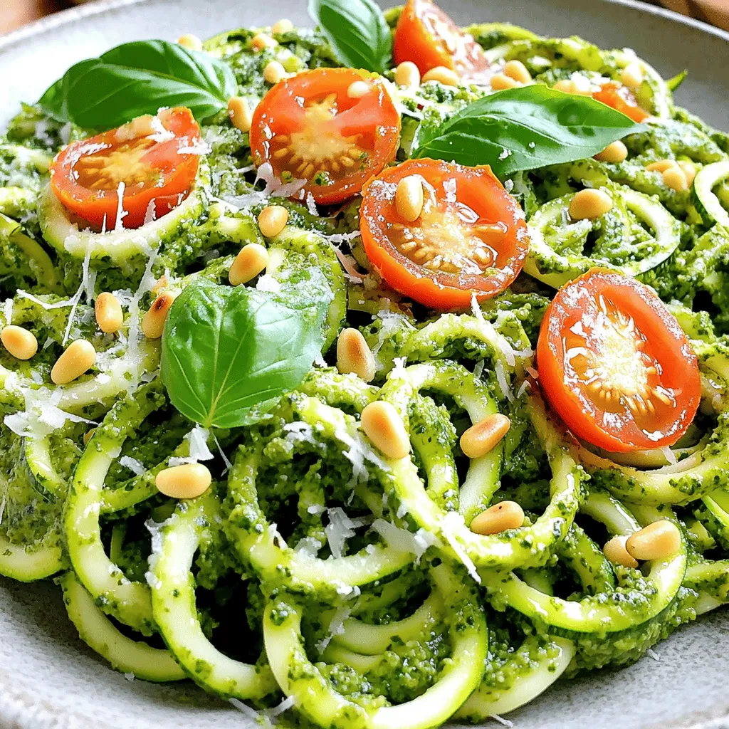 - Zucchini and Pesto Components - 4 medium zucchinis, spiralized - 1 cup fresh basil leaves, tightly packed - 1/2 cup toasted pine nuts - 1/2 cup freshly grated Parmesan cheese - 2 cloves garlic, peeled - 1/3 cup high-quality extra virgin olive oil - Juice of 1 large lemon - Salt and freshly cracked pepper, to taste You need fresh and good quality ingredients to make great pesto zoodles. Zucchini is the star here, and spiralizing it makes fun noodles. Pesto brings a burst of flavor. It has fresh basil, pine nuts, Parmesan, and olive oil. Each ingredient works together to create a sauce full of taste. - Optional Garnishes - Handful of cherry tomatoes, halved (for garnish) - Extra fresh basil leaves for garnish These garnishes add color and flavor. Cherry tomatoes give a sweet bite, while fresh basil brightens the dish. You can use these to make your meal look more appealing and fresh. For the full recipe, check the section above! Ingredients for Pesto - 1 cup fresh basil leaves, tightly packed - 1/2 cup toasted pine nuts - 1/2 cup freshly grated Parmesan cheese - 2 cloves garlic, peeled - 1/3 cup high-quality extra virgin olive oil - Juice of 1 large lemon - Salt and freshly cracked pepper, to taste Food Processor Steps Start by adding the basil leaves, pine nuts, Parmesan, and garlic to your food processor. Pulse until the mix is finely chopped. Scrape down the sides to blend well. Next, while the processor runs, slowly drizzle in the olive oil. Blend until smooth and creamy. Squeeze in the lemon juice, and add salt and pepper to taste. Pulse again to mix everything. Taste and adjust if needed. Spiralizing Techniques To make zoodles, use a spiralizer to turn zucchinis into noodles. This tool makes long, curly strands that look like pasta. It's easy and fun! If you don’t have a spiralizer, you can use a vegetable peeler. Just peel thin strips of zucchini to create noodle-like shapes. Alternative Methods Another method is to use a box grater. Simply grate the zucchini to make smaller, noodle-like pieces. This works well if you don’t want long strands. Regardless of the method, make sure to remove excess moisture. Place the zoodles on paper towels to soak up any water. Mixing Instructions In a large mixing bowl, add the freshly made zoodles. Pour the vibrant pesto over them. Toss gently to coat every strand with the sauce. You want to ensure each zoodle gets that bright green flavor. Optional Cooking Guidelines If you like warm zoodles, heat a non-stick skillet over medium heat. Add the zoodles and sauté for 2-3 minutes. Cook just until they are warm, but don't overdo it! You want them to stay firm and not soggy. For the full recipe, check out the details mentioned earlier. Adjusting Flavors Taste is key to great pesto. Start with my basic recipe, then tweak it. If your pesto feels too thick, add more olive oil. If it’s too tangy, add more cheese or nuts. For a spicy kick, throw in a pinch of red pepper flakes. Adjusting flavors is about personal taste. Storage Tips for Homemade Pesto Storing pesto correctly keeps it fresh. Use an airtight container. Pour a thin layer of olive oil on top before sealing. This helps prevent browning. Pesto can stay in the fridge for up to a week. For longer storage, freeze it in ice cube trays. Once frozen, transfer the cubes to a bag. They’re perfect for quick meals. Avoiding Soggy Zoodles Soggy zoodles can ruin your meal. To avoid this, don't cook them for too long. If you want warm zoodles, sauté them for just 2-3 minutes. You want them to stay crisp and fresh. Also, try to spiralize the zucchini just before using. This helps keep them firm. Maintaining Al Dente Texture To keep zoodles al dente, consider not cooking them at all. Toss them raw with pesto for a crunchy bite. If you prefer them warm, sauté gently. Check for doneness often. They should still have a slight bite, just like traditional pasta. This gives you a fresh and tasty dish. {{image_4}} You can change the flavor of your pesto by trying different types. Traditional basil pesto is great, but don't stop there. Sun-dried tomato pesto adds a rich, tangy taste. Spinach pesto offers a mild flavor and vibrant color. Each type brings its own twist to the zoodles. Want to make your meal heartier? Add protein like chicken or shrimp. Both options cook quickly and mix well with zoodles. You can sauté chicken pieces or shrimp in a pan for a few minutes. It adds flavor and makes your dish filling. Think about adding more vegetables too. Bell peppers give sweetness and crunch. Spinach can add a nice touch of green and nutrition. Mix and match these ingredients to find the perfect combo for your taste. Refrigeration Tips After making your pesto, store it in an airtight container. Add a thin layer of olive oil on top. This helps keep it fresh for about a week. Keep it in the fridge. Make sure the lid is tight to prevent air from getting in. Freezing Guidelines If you have more pesto than you can use, freezing is a great option. Pour the pesto into ice cube trays. Once frozen, pop the cubes into a freezer bag. You can use them later in pasta dishes or on sandwiches. Frozen pesto lasts about three months. Refrigeration Best Practices To store leftover zoodles, place them in a paper towel-lined container. This absorbs excess moisture. Seal the container and keep it in the fridge. They will stay fresh for up to two days. Meal Prep Suggestions If you want to prep zoodles in advance, spiralize them and store them in a container. Add a little lemon juice to keep them from browning. Use them within two days for the best taste and texture. Zoodles are noodles made from zucchini. They are a fun, low-carb alternative to pasta. You can create them using a spiralizer or a peeler. Zoodles have a light, fresh taste that pairs well with many sauces. They absorb flavors easily, making them great for dishes like pesto zoodles. Yes, you can make Pesto Zoodles vegan! Simply replace the Parmesan cheese with a vegan cheese option or nutritional yeast. Both options give a cheesy flavor without dairy. You can also use nuts and seeds in the pesto to enhance its creaminess. Pesto Zoodles are naturally gluten-free since they use zucchini instead of wheat pasta. Just ensure that your pesto ingredients are gluten-free, especially the cheese and any store-bought items. Always check labels to be safe. You can use many sauces with zoodles. Marinara sauce is a classic choice. Alfredo sauce adds creaminess. You can also try avocado sauce for a rich taste. For a spicy kick, chili oil or a homemade salsa works well too. Yes, you can prepare Pesto Zoodles ahead of time. Make the pesto and zoodles separately. Store them in the fridge. When you’re ready to eat, toss the zoodles with the pesto. If you want warm zoodles, quickly sauté them before serving. In this post, we explored how to make zoodles and pesto from scratch. We discussed ingredient lists, step-by-step preparation, and cooking tips for the best results. Remember, you can adjust flavors in your pesto to suit your taste. You can also experiment with veggie or protein add-ins for variety. Whether you refrigerate or freeze leftovers, storing is simple. Use these tips to enjoy fresh, healthy meals. Try zoodles today for a fun and tasty meal!