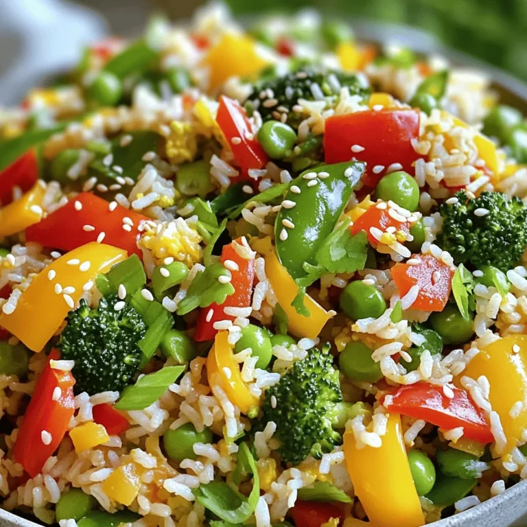 To make a tasty vegetable fried rice, you need these key ingredients: - 2 cups cooked jasmine rice (preferably from the day before for optimal texture) - 1 cup fresh broccoli florets - 1 cup mixed bell peppers (red, yellow, and green), diced into bite-sized pieces - 1 cup snap peas, trimmed and cut in half - 1 medium carrot, finely diced - 2 green onions, thinly sliced - 3 cloves of garlic, minced - 2 tablespoons low-sodium soy sauce - 1 tablespoon sesame oil - 1 tablespoon olive oil - 2 large eggs, lightly beaten (optional for protein boost) - Salt and freshly cracked black pepper, to taste - Sesame seeds, for garnish These ingredients create a colorful and balanced dish. Fresh vegetables give it crunch, while the rice adds heartiness. Using day-old rice helps achieve the perfect texture, preventing clumping. You can enhance your fried rice by adding: - Cooked chicken or shrimp for protein - Tofu for a vegan option - Mushrooms for an earthy taste - Corn for sweetness - Peas for added color These add-ins let you customize the dish to your taste. Feel free to mix and match based on what you have at home. Each serving of vegetable fried rice is packed with nutrients: - Calories: About 300 - Protein: 10g (more if you add eggs or meat) - Carbohydrates: 50g - Fiber: 5g - Fat: 10g This dish offers a balance of energy and nutrition. It’s a great way to enjoy a variety of vegetables while satisfying your hunger. For the full recipe, check out the Vibrant Vegetable Fried Rice Extravaganza. To make tasty vegetable fried rice, gather all your ingredients first. This saves time and helps you stay organized. Here’s what you need: - 2 cups cooked jasmine rice - 1 cup fresh broccoli florets - 1 cup mixed bell peppers, diced - 1 cup snap peas, trimmed - 1 medium carrot, finely diced - 2 green onions, thinly sliced - 3 cloves garlic, minced - 2 tablespoons low-sodium soy sauce - 1 tablespoon sesame oil - 1 tablespoon olive oil - 2 large eggs, lightly beaten (optional) - Salt and black pepper, to taste - Sesame seeds, for garnish Chop the vegetables into small pieces for even cooking. If you use day-old rice, it helps to avoid clumps. This makes your dish more enjoyable. Start by heating the olive oil in a large skillet or wok over medium heat. You want it to shimmer, not smoke. Next, add the minced garlic and sauté for about 30 seconds. This step brings out the garlic's lovely flavor. After that, add the diced carrots and broccoli florets. Stir-fry these for 3-4 minutes. They should soften a bit but still be crunchy. Then, toss in the bell peppers and snap peas. Cook for another 2-3 minutes until they look bright and colorful. Now, push the vegetables to one side of the skillet. Pour the beaten eggs into the empty space. Scramble the eggs gently until they are cooked. Once done, mix the eggs into the vegetables. Add the day-old jasmine rice next. Use a spatula to break up any clumps. Pour the soy sauce and sesame oil over the rice. Mix everything well, ensuring the rice is coated in flavor. Let it cook for 3-5 minutes. This will give the rice a slightly crispy texture. Fold in the sliced green onions. Season with salt and black pepper to taste. Remove the skillet from heat once everything is mixed and heated through. Serve your fried rice hot. You can garnish it with sesame seeds for extra crunch and flavor. For a colorful presentation, add extra bell pepper strips or fresh cilantro on top. This makes your dish look as great as it tastes! For more details, check out the Full Recipe. To get great fried rice, start with day-old rice. Fresh rice is too sticky. Spread cooked rice on a tray to cool it down. This helps it dry out a bit. When you fry the rice, it should feel light and fluffy. Use medium heat to avoid burning. Stir often to keep everything moving. This way, the rice gets crispy without sticking together. A common mistake is using too much oil. This can make your fried rice greasy. Stick to one or two tablespoons. Another mistake is overcrowding the pan. When you add too many ingredients, they steam instead of fry. Cook in batches if needed. Lastly, don’t skip seasoning. A splash of soy sauce adds depth. Taste as you go to find the right balance. To boost flavor, always start with garlic. It adds a strong base to your dish. Try adding ginger for a spicy kick. Use high heat for quick cooking. This keeps veggies crisp and bright. If you want a smoky taste, add a dash of sesame oil at the end. You can also mix in some fresh herbs like cilantro or basil for freshness. These tips will make your vegetable fried rice stand out. For the complete process, check the Full Recipe. {{image_4}} To make vegan vegetable fried rice, skip the eggs. Use the same fresh veggies and soy sauce. You can add extra tofu for protein. Tofu gives a nice texture and absorbs flavors well. Try marinating the tofu in soy sauce before adding it for more taste. To make this dish gluten-free, use tamari instead of soy sauce. Tamari is a great gluten-free alternative. Ensure your rice is also gluten-free. Most jasmine rice is gluten-free, but check the label just in case. This way, everyone can enjoy this tasty meal. Adding protein can make this dish more filling. Tofu is a great option for vegetarians. If you like meat, try diced chicken or shrimp. Cook the protein first, set it aside, and stir it in at the end. This keeps everything juicy and flavorful. You can find the Full Recipe for more details on preparation. Store your vegetable fried rice in an airtight container. Make sure it cools down to room temperature first. Place a paper towel inside the lid to absorb excess moisture. This helps keep the rice fresh. You can store it in the fridge for up to four days. If you plan to eat it later, freezing is a great option. When reheating, add a splash of water or soy sauce. This adds moisture and helps the rice heat evenly. Use a skillet over medium heat and stir often. You can also microwave it in a bowl. Cover it with a damp paper towel to keep it from drying out. Heat for one to two minutes, stirring halfway through. To freeze vegetable fried rice, place it in freezer-safe bags. Remove as much air as possible before sealing. It can last for up to three months in the freezer. When ready to eat, thaw it in the fridge overnight. Reheat as mentioned above. This method keeps the flavors bright and delicious. Enjoy your vibrant vegetable fried rice even days later! You can make vegetable fried rice with fresh rice. Just cook the rice and spread it out on a baking sheet. This cools it and helps it dry out. Let it sit for about 15 minutes. The rice should be less sticky. This method works well, but day-old rice gives better texture. Yes, you can add many vegetables! Try corn, peas, or zucchini. You can also use spinach or kale for a boost of nutrients. Mix and match based on your taste. Just keep the cooking time in mind, so everything cooks evenly. If you need a soy sauce substitute, use coconut aminos. It is sweeter and less salty. You can also try tamari for a gluten-free option. If you want low-sodium, choose low-sodium soy sauce. Each option adds a unique flavor to your dish. You can make tasty vegetable fried rice with simple ingredients and a few easy steps. We discussed essential ingredients, cooking methods, and how to avoid common mistakes. You learned how to customize it with different proteins and flavors. Storing, reheating, and freezing tips ensure your dish stays fresh. In the end, making this dish can be quick, healthy, and fun. Enjoy the process and experiment with your favorite add-ins for a personal touch. Happy cooking!