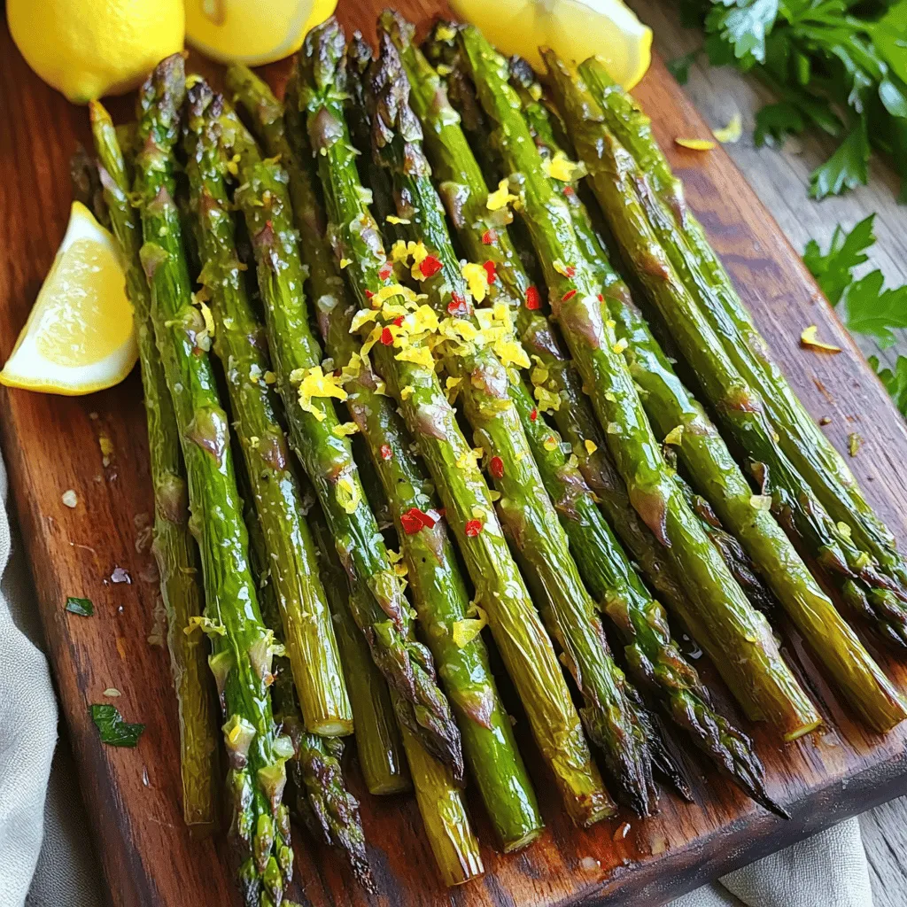 When you want to make lemon garlic roasted asparagus, gather these ingredients: - 1 lb fresh asparagus, ends trimmed - 3 cloves garlic, finely minced - Zest of 1 medium lemon - Juice of 1 medium lemon - 2 tablespoons extra-virgin olive oil - Salt and freshly cracked black pepper, to taste - 1 teaspoon red pepper flakes (optional, for a spicy kick) - 2 tablespoons grated Parmesan cheese (optional, for a cheesy touch) These ingredients create a bright and tasty dish. The lemon juice and zest bring freshness. The garlic gives a nice depth of flavor. Olive oil helps everything cook evenly. You can adjust the salt and pepper based on your taste. If you want some heat, add red pepper flakes! For a cheesy finish, sprinkle Parmesan on top. Check out the [Full Recipe] for detailed steps to bring this dish to life. - Preheat your oven to 425°F (220°C). This step warms your oven for even cooking. - Trim the ends of the asparagus. You want fresh, crisp stalks for the best taste. Mince the garlic into tiny pieces to release its strong flavor. - In a large bowl, mix the asparagus with minced garlic, lemon zest, olive oil, salt, and pepper. If you like heat, add red pepper flakes too. - Use your hands or a spatula to toss everything well. This helps coat the asparagus evenly with the oil and seasonings. - Spread the seasoned asparagus on a baking sheet. Make sure the stalks lie flat and do not overlap. This helps them roast evenly. - Place your baking sheet in the oven and roast for 12-15 minutes. In the last 2 minutes, sprinkle grated Parmesan cheese over the asparagus, if you want a cheesy flavor. You can find the full recipe [here](#). To make the best lemon garlic roasted asparagus, start with the right stalks. Look for vibrant green stalks that feel firm to the touch. The tips should be tightly closed, not wilted or mushy. Fresh asparagus has a sweet taste and a crisp texture. When you find good asparagus, it will make your dish shine. The cooking time can change based on the thickness of your asparagus. Thin stalks may only need 10-12 minutes to roast. In contrast, thicker ones might require 15-18 minutes. Check the asparagus after 12 minutes. It should be tender and slightly caramelized at the tips. This way, you ensure your dish is cooked just right. You can easily add your twist to lemon garlic roasted asparagus. Fresh herbs like thyme or rosemary can boost flavor. A sprinkle of lemon zest enhances the citrus note. If you enjoy spice, try crushed red pepper flakes or a dash of chili powder. Each addition lets you create a unique and tasty version that fits your taste. For more ideas, check the full recipe. {{image_4}} You can add protein to your dish for a filling meal. Incorporating bacon gives a smoky flavor. Grilled chicken works well too. Simply cook the bacon until crispy and mix it with the asparagus before roasting. For chicken, grill it separately and serve it alongside the asparagus. If you want a vegan version, just skip the cheese. You can replace Parmesan with a plant-based alternative. Nutritional yeast adds a cheesy flavor without dairy. It’s a great way to keep the taste bold and delicious while staying plant-based. Want some heat? Increase red pepper flakes for a spicy kick. If you love sriracha, drizzle some on before serving. This adds a fiery twist that makes the dish exciting. Adjust the spice level to fit your taste. For the full recipe, visit the [Full Recipe]. Enjoy exploring these fun variations! To store your lemon garlic roasted asparagus, let it cool first. Place it in an airtight container. This keeps the asparagus fresh for up to three days. Make sure to keep the container sealed to avoid moisture loss. You can also place a paper towel inside to absorb extra moisture. When you want to reheat your asparagus, use the oven for the best results. Preheat your oven to 350°F (175°C). Place the asparagus on a baking sheet and heat for about 5 to 10 minutes. This helps keep the texture crisp. You can also use a skillet on low heat. Just add a small amount of olive oil to keep it moist. If you want to freeze roasted asparagus, it's best to do so before cooking. Blanch the asparagus in boiling water for 2-3 minutes. Then, cool it in ice water. Drain and dry them well. Place the asparagus in freezer bags, removing as much air as possible. Frozen asparagus can last for up to 3 months. When ready to use, thaw it in the fridge and roast it as per the Full Recipe. Yes, but adjustments in cooking time may be necessary. Frozen asparagus can lose water and become soft when cooked. You should roast frozen asparagus for a few extra minutes. Start by checking it after 15 minutes. Lemon garlic roasted asparagus goes well with many dishes. Here are a few ideas: - Grilled chicken or fish - Quinoa or rice salads - Pasta with lemon or cream sauce - Steak or pork chops These pairings highlight the bright flavors of the asparagus. Look for a few signs to know when your asparagus is done. The stalks should be tender yet still firm. The tips will turn golden brown and slightly crispy. You can pierce the stalks with a fork. If it goes in easily, your asparagus is ready. Enjoy your tasty dish! If you want the full recipe, check out the [Full Recipe]. Lemon garlic roasted asparagus is a simple yet tasty side dish. Use fresh asparagus and garlic to start. Add lemon zest and juice for a bright flavor. Olive oil, salt, and pepper will enhance the taste. You can even try Parmesan for a cheesy twist! Remember to adjust cooking time based on the asparagus thickness. Experiment with different spices and proteins to make it your own. This dish is easy to store and reheat. Enjoy creating your unique version of this tasty asparagus dish!