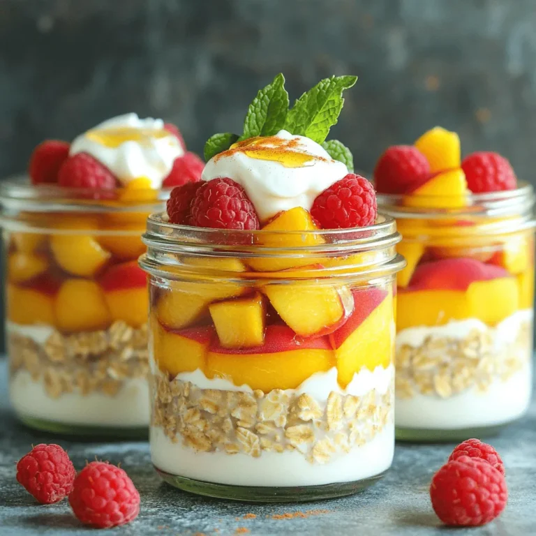 - 1 cup rolled oats - 1 ½ cups almond milk (or your preferred milk) - 1 ripe peach, diced into bite-sized pieces - ½ cup raspberries (fresh or frozen) - 2 tablespoons chia seeds - 2 tablespoons honey or maple syrup (to sweeten) - ½ teaspoon vanilla extract - ¼ teaspoon ground cinnamon - Pinch of salt - Greek yogurt for topping (optional) To make Peach Melba Overnight Oats, gather these ingredients. Rolled oats form the base. They soak up the milk and flavors overnight. Choose almond milk or any milk you like. It gives the oats a creamy texture. Next, get a ripe peach. Dice it into small pieces. The peach adds sweetness and flavor. Raspberries bring a tart touch. You can use fresh or frozen ones. Chia seeds are key too. They help thicken the mixture and add fiber. For sweetness, use honey or maple syrup. Just two tablespoons will do. Vanilla extract brings warmth to the dish. Ground cinnamon adds a nice hint of spice. A pinch of salt enhances all the flavors. Finally, consider adding Greek yogurt. It makes the oats even creamier. Now you have everything you need for this delightful breakfast. Check the Full Recipe for detailed steps. 1. Prepare the oat mixture In a large bowl, mix 1 cup of rolled oats and 2 tablespoons of chia seeds. Then, pour in 1 ½ cups of almond milk. You can use any milk you like. Add 2 tablespoons of honey or maple syrup for sweetness. 2. Incorporate peaches and raspberries Next, add ½ teaspoon of vanilla extract, ¼ teaspoon of ground cinnamon, and a pinch of salt. Stir well. Fold in the diced peach, but save some for later. Gently add the ½ cup of raspberries, mixing just enough to keep their shape. 3. Assemble in jars or containers Pour the mixture into jars or a large container. This makes serving easier. Make sure to leave some space at the top for toppings. 4. Refrigerate overnight Cover the jars or container and place them in the fridge overnight. This allows the oats to absorb the milk and soften. - Garnish with reserved peach and raspberries When ready to eat, stir the oats. Top them with the reserved peach pieces and a few fresh raspberries for color. - Add Greek yogurt as a topping For a creamy touch, add a dollop of Greek yogurt on top. This adds extra flavor and protein. For the full recipe, check the earlier section. Enjoy your refreshing Peach Melba Overnight Oats! Soaking oats overnight is key. This step helps the oats absorb the liquid. They turn soft and creamy, making your breakfast smooth. If you skip this step, your oats may be hard and chewy. You also need to balance the liquid. I use 1 ½ cups of almond milk. This amount gives the oats a nice creaminess. If you want thicker oats, reduce the milk a bit. For thinner oats, add more milk. Adding spices can boost flavor. Ground cinnamon is a great choice. It adds warmth without much effort. You can also try nutmeg or ginger for a different taste. Sweeteners are another way to customize your oats. Honey or maple syrup works well. Adjust the amount based on your taste. If you like it sweeter, add more. If you prefer less sweetness, cut back. For the full recipe, check out the Peach Melba Overnight Oats . {{image_4}} You can change up the fruits in Peach Melba Overnight Oats to suit your taste. If you do not have peaches or raspberries, consider these options: - Strawberries - Blueberries - Cherries - Apples Try to use fruits that you enjoy. Seasonal fruits are a great choice too. In summer, you can use fresh berries. In fall, think about apples or pears. This keeps your oats fresh and exciting. If you prefer a dairy-free or vegan version, swapping yogurt is simple. Use plant-based yogurt instead of Greek yogurt. Options include almond, coconut, or soy yogurt. Choose one that you love. For sweeteners, honey is not vegan. Use maple syrup or agave nectar instead. Both options add a nice touch of sweetness without animal products. Enjoy your Peach Melba Overnight Oats while sticking to your diet. For the full recipe, check out the details above. To keep your Peach Melba Overnight Oats fresh, choose the right container. I recommend using glass jars. They seal well and let you see inside. You can also use plastic airtight containers. Make sure they are clean and dry before use. Store the oats in the refrigerator. It’s best to keep them chilled at all times. This helps to avoid spoilage. If you make a large batch, portion them out into individual jars. This way, you grab one and go. Peach Melba Overnight Oats taste best within three days. After that, they may not be as fresh. Look for signs of spoilage. If you see any mold or an off smell, toss them out. Soggy oats or a change in color is also a sign to discard. Eating spoiled oats can cause stomach issues, so always check before enjoying! Can you make overnight oats with steel-cut oats? No, steel-cut oats do not soften enough overnight. They need longer cooking times. Rolled oats work best for this recipe since they absorb liquid well. How long can overnight oats be stored? You can store overnight oats in the fridge for up to 5 days. Just keep them in an airtight container to maintain freshness. Can I freeze overnight oats? Yes, you can freeze overnight oats. Just make sure they are in a freezer-safe container. They can last up to 3 months in the freezer. What's the best way to reheat overnight oats? To reheat, use the microwave. Place oats in a bowl, add a splash of milk, and heat for 1-2 minutes. Stir well before eating. Caloric content and macronutrients (general estimates) Peach Melba overnight oats have about 350-400 calories per serving. They contain roughly: - Carbohydrates: 60g - Protein: 10g - Fats: 10g Dietary considerations (gluten-free, etc.) This recipe is gluten-free if you use certified gluten-free oats. It can also be dairy-free by using plant-based milk and yogurt. Enjoying peach melba overnight oats is easy and fun. You learned about key ingredients like oats, fruits, and chia seeds. The guide showed how to prep, store, and serve these tasty oats. Remember, you can use different fruits and flavorings to mix things up. With a little care in preparing and storing, your oats will be fresh and delicious. Feel free to try new ideas and make this recipe your own. Simple tweaks can lead to delightful results. Enjoy your tasty start to the day!