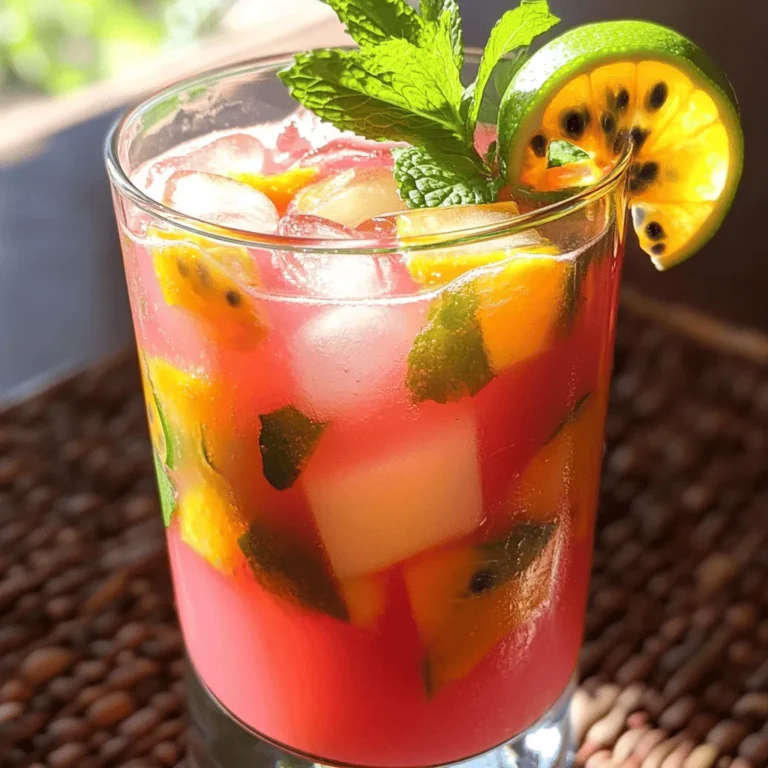 - 2 ripe guavas, peeled and diced - 1 cup of passion fruit juice - 1 cup of coconut water - 2 tablespoons of honey or agave syrup - Juice of 1 lime - Fresh mint leaves - Ice cubes This drink tastes best with fresh guavas. When you choose guavas, look for ones that smell sweet and feel slightly soft. The passion fruit juice adds a tangy flavor that brightens the drink. You can use freshly squeezed juice or store-bought juice if you are busy. Coconut water brings in a refreshing twist and keeps you hydrated. Honey or agave syrup adds sweetness. Start with two tablespoons, and taste the mix. If you like it sweeter, add more. Lime juice adds a zesty kick, balancing the sweetness. Fresh mint leaves are not just for looks; they add a nice aroma and flavor. Finally, ice cubes keep your drink cold and refreshing. You can find the full recipe above, where all these ingredients come together to create a delightful Tropical Guava Passion Cooler. 1. Blend guavas and liquids Start by placing the diced guavas into your blender. Next, add in the passion fruit juice, coconut water, and lime juice. If you like your drinks sweet, add honey or agave syrup now. Blend on high until the mix is smooth and well combined. 2. Adjust sweetness to taste After blending, taste your mixture. If it’s not sweet enough, stir in more honey or agave syrup. Keep adding until it’s just right for you. Everyone has different tastes, so adjust as needed. 3. Strain the mixture To make your drink silky, use a fine mesh sieve to strain the mixture into a bowl or pitcher. Press down with a spoon to get all the liquid out. This step removes any pulp or seeds, giving you a smooth drink. 1. Ice cube preparation Fill your serving glasses halfway with ice cubes. This will chill your drink and keep it refreshing. You can make ice cubes using coconut water for an extra twist. 2. Pouring and mixing Pour the vibrant guava-passion mix over the ice. Watch how the colors swirl together. This drink is as beautiful as it is tasty! 3. Garnishing with mint and lime For a lovely finish, add fresh mint leaves on top of each drink. If you want a pop of color, place a slice of lime on the rim of each glass. This adds flair and a little extra zing to your Tropical Guava Passion Cooler. Now, you’re ready to serve and enjoy this refreshing drink! For the full recipe, refer back to the ingredients list above. - Alternative sweeteners: You can swap honey for maple syrup or agave. Both add a nice sweetness without changing the flavor much. - Types of passion fruit juice: Use fresh juice for the best taste. If fresh isn’t available, bottled juice works too. Just check for added sugars. - Coconut water alternatives: If you don’t have coconut water, use plain water or a light fruit juice. These will still keep your drink refreshing. - Adding extra fruits: Toss in some diced mango or pineapple for a fruity twist. These fruits pair well with guava and passion fruit. - Using flavored syrups: Try adding a splash of vanilla or coconut syrup. This will deepen the flavor and make it extra special. Feel free to explore these tips when making your Tropical Guava Passion Cooler. You can always adjust to fit your taste! For the complete details on how to make this drink, check out the Full Recipe. {{image_4}} To make a fun, adult-friendly drink, add rum or vodka. Use about 1 to 2 ounces. This gives a nice kick to the Tropical Guava Passion Cooler. Light rum works great for a tropical feel. Vodka adds a smoothness you’ll enjoy. Mix the alcohol into the guava-passion blend before serving. Stir gently and pour over ice. Garnish with mint for a fancy touch. You can easily make this drink kid-friendly. Skip the alcohol and focus on the fruity goodness. Use extra coconut water for a sweeter taste. You can also add sparkling water for some fizz. This makes it fun for kids and adults alike. For a health-conscious twist, use less sweetener. You might try a natural sweetener like stevia. This cuts down sugar but keeps the flavor bright. You can also add more lime juice for a zesty pop. This variation is light and refreshing, perfect for sunny days. You may want to store any leftover mixture from your Tropical Guava Passion Cooler. Place it in an airtight container. Keep it in the fridge. It stays fresh for up to three days. After that, the taste and texture might change. Always check for freshness before using. Freezing is a great option if you want to save some for later. Pour the mixture into ice cube trays. This method makes it easy to use later. Once frozen, pop the cubes into a freezer bag. They can last up to three months in the freezer. When you are ready to use them, take out the cubes. Let them thaw in the fridge or on the counter. You can also blend them into smoothies for an icy treat. This way, you keep enjoying the tropical flavors anytime! What is a Tropical Guava Passion Cooler? A Tropical Guava Passion Cooler is a refreshing drink made with guava, passion fruit juice, and coconut water. It has a sweet and tangy flavor, perfect for warm days. This cooler is simple to make and offers a taste of the tropics in every sip. Can I make this drink ahead of time? Yes, you can prepare this drink ahead of time! Blend all the ingredients and store the mixture in the fridge. Just remember to add ice and garnish when you're ready to serve. This way, you have a cool drink ready for guests or family. Is this recipe suitable for dietary restrictions? Yes, this recipe is quite flexible. You can use agave syrup instead of honey for a vegan option. Plus, it’s gluten-free and dairy-free. Always check the labels of store-bought juices to ensure they meet your dietary needs. How can I enhance the drink presentation? To enhance the drink's look, use clear glasses to show off the vibrant colors. Add a slice of lime on the rim or a sprig of mint. You can even use fun straws or colorful garnishes for a festive touch. Can I use frozen fruits in this recipe? Absolutely! Frozen guavas or passion fruits work well. They can add a nice chill to your drink. Just blend them right from the freezer, and you’ll still get a delicious and refreshing cooler. This blog post shared a fresh drink recipe using guavas and passion fruit juice. You learned simple steps to prepare it, how to make it your own, and tasty variations. I hope these ideas inspire you to create a drink that suits your taste. Try it out, share it with friends, and enjoy the tropical flavors. This drink is fun, easy, and a great way to stay refreshed. Enjoy your next gathering with this delicious cooler!